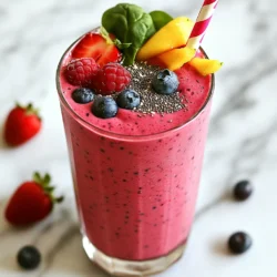 To make the Berry Spinach Power Smoothie, you need some tasty and healthy ingredients. Here’s what you will gather: - 1 cup fresh spinach - 1 cup mixed berries (strawberries, blueberries, raspberries) - 1 ripe banana - 1 tablespoon chia seeds - 1 tablespoon almond butter (or any nut butter) - 1 cup almond milk (or milk of choice) - 1 teaspoon honey or maple syrup (optional) - Ice cubes (optional, for a colder smoothie) Each ingredient adds flavor and nutrition. Fresh spinach brings vitamins and minerals. Mixed berries add sweetness and antioxidants. The ripe banana gives a creamy texture and more natural sweetness. Chia seeds are tiny but mighty, providing fiber and omega-3 fatty acids. Almond butter adds healthy fats and protein, making the smoothie more filling. Almond milk keeps it light and dairy-free, but feel free to use any milk you like. If you want a sweeter taste, add honey or maple syrup. Ice cubes make it cold and refreshing, perfect for any day. Gather all these ingredients to create a smoothie that is both energizing and delicious! {{ingredient_image_1}} - Wash spinach and berries thoroughly. Start by rinsing your fresh spinach and mixed berries. Use cold water to remove dirt and residues. This step ensures your smoothie tastes fresh and clean. - Combine ingredients in blender. In your blender, add the washed spinach, mixed berries, and ripe banana. Also, include the chia seeds and almond butter. This mix packs in nutrients and flavors. - Add almond milk and optional sweetener. Pour in a cup of almond milk. If you like it sweeter, now is the time to add honey or maple syrup. Adjust the amount based on your taste preferences. - Blend until smooth and creamy. Blend on high until the mixture is smooth and creamy. If you want a colder smoothie, toss in some ice cubes and blend again. This helps create a refreshing texture. - Adjust consistency and sweetness. After blending, taste your smoothie. If it’s not sweet enough, add more honey or syrup. If it feels too thick, add a little more almond milk to reach your desired consistency. Once you’ve blended everything to perfection, pour the smoothie into a tall glass. Enjoy your Berry Spinach Power Smoothie! To get a smooth texture, blend your ingredients well. Start with spinach and liquids first. This helps break down the spinach better. If you want a thicker smoothie, add ice cubes. Ice also makes it cold and refreshing. Toss in a few cubes before blending for that icy touch. When using a high-speed blender, pulsing can help mix the ingredients. This technique avoids clumping and ensures an even blend. Always scrape down the sides if needed. Spinach is packed with vitamins A, C, and K. It also has iron, which helps keep your energy up. Eating spinach regularly can boost your health. Mixed berries bring a punch of antioxidants. They fight free radicals, which can harm your cells. Strawberries, blueberries, and raspberries are not just tasty; they support heart health too. Chia seeds are small but mighty. They provide fiber and protein, giving you energy. Adding these seeds can help keep you full longer. They are a great way to power up your smoothie. Pro Tips Use Frozen Berries: For a thicker and colder smoothie, use frozen mixed berries instead of fresh. This also eliminates the need for ice cubes. Add Protein: Boost the protein content by adding a scoop of your favorite protein powder or Greek yogurt for a more filling meal. Experiment with Greens: Feel free to substitute spinach with other leafy greens like kale or Swiss chard for a different flavor and nutritional profile. Sweetness Balance: Always taste your smoothie before serving. Adjust sweetness gradually to ensure it meets your preferences without overpowering the berry flavor. {{image_2}} If you want a dairy-free smoothie, you can switch out almond milk. Here are some tasty substitutes: - Coconut milk - Soy milk - Oat milk For nut butter, try these options: - Cashew butter - Peanut butter - Sunflower seed butter These swaps keep your smoothie creamy and delicious. Adding different fruits can boost the taste of your smoothie. Here are some fruits to try: - Mango - Pineapple - Peaches You can also add superfoods for extra health benefits: - Protein powder - Flaxseed - Spirulina These additions not only enhance flavors but also pack in nutrients. Enjoy experimenting with your Berry Spinach Power Smoothie! Once you blend your Berry Spinach Power Smoothie, you want to enjoy it fresh. If you have leftovers, store them in a sealed container. In the fridge, your smoothie stays good for up to 24 hours. After that, it may lose some taste and texture. If you want to keep it longer, consider freezing it. When you pull your smoothie from the fridge, it might separate. This is normal! Just re-blend it for a few seconds. This will bring back its creamy goodness. Freezing smoothies is a great way to save them for later. To freeze your Berry Spinach Power Smoothie, pour it into an ice cube tray or a freezer-safe container. If you use an ice cube tray, once frozen, pop the cubes into a bag. This way, you can grab a few cubes later. When you are ready to enjoy it again, thaw the smoothie overnight in the fridge. For a quicker option, blend frozen cubes with a little almond milk until smooth. This gives you a refreshing treat that feels fresh and new! How can I make a smoothie thicker? You can make your smoothie thicker by adding more fruit. Frozen bananas work great. You can also add more chia seeds or a scoop of nut butter. If you want, use less almond milk or add ice cubes for extra thickness. Can I use frozen berries instead? Yes, you can use frozen berries. They give the smoothie a cold and creamy texture. Just remember that frozen berries might make your smoothie thicker. You may need to add a bit more liquid to get your desired consistency. Is it okay to prepare smoothies in advance? You can prepare smoothies in advance. Just blend your ingredients and store them in the fridge. They stay fresh for about 24 hours. If you want to store them longer, you can freeze them. Just remember to shake or re-blend before drinking. What are the calorie counts for this smoothie? This smoothie has about 250-300 calories per serving. The exact count depends on the type of nut butter and sweetener you use. If you want a lower calorie option, skip the sweetener or nut butter. This blog covered a simple, tasty smoothie recipe. You learned about key ingredients, preparation steps, and tips for blending. I shared the health benefits of each item and suggested ways to customize your drink. Remember, smoothies can fit into many diets, including dairy-free options. They offer great nutrition and can be made ahead for convenience. Enjoy crafting your smoothie and experimenting with different flavors!