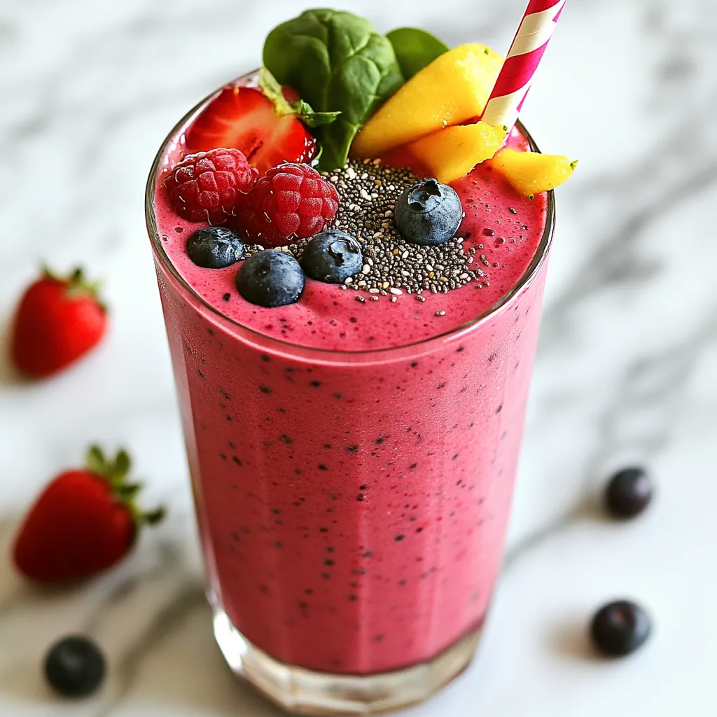 To make the Berry Spinach Power Smoothie, you need some tasty and healthy ingredients. Here’s what you will gather: - 1 cup fresh spinach - 1 cup mixed berries (strawberries, blueberries, raspberries) - 1 ripe banana - 1 tablespoon chia seeds - 1 tablespoon almond butter (or any nut butter) - 1 cup almond milk (or milk of choice) - 1 teaspoon honey or maple syrup (optional) - Ice cubes (optional, for a colder smoothie) Each ingredient adds flavor and nutrition. Fresh spinach brings vitamins and minerals. Mixed berries add sweetness and antioxidants. The ripe banana gives a creamy texture and more natural sweetness. Chia seeds are tiny but mighty, providing fiber and omega-3 fatty acids. Almond butter adds healthy fats and protein, making the smoothie more filling. Almond milk keeps it light and dairy-free, but feel free to use any milk you like. If you want a sweeter taste, add honey or maple syrup. Ice cubes make it cold and refreshing, perfect for any day. Gather all these ingredients to create a smoothie that is both energizing and delicious! {{ingredient_image_1}} - Wash spinach and berries thoroughly. Start by rinsing your fresh spinach and mixed berries. Use cold water to remove dirt and residues. This step ensures your smoothie tastes fresh and clean. - Combine ingredients in blender. In your blender, add the washed spinach, mixed berries, and ripe banana. Also, include the chia seeds and almond butter. This mix packs in nutrients and flavors. - Add almond milk and optional sweetener. Pour in a cup of almond milk. If you like it sweeter, now is the time to add honey or maple syrup. Adjust the amount based on your taste preferences. - Blend until smooth and creamy. Blend on high until the mixture is smooth and creamy. If you want a colder smoothie, toss in some ice cubes and blend again. This helps create a refreshing texture. - Adjust consistency and sweetness. After blending, taste your smoothie. If it’s not sweet enough, add more honey or syrup. If it feels too thick, add a little more almond milk to reach your desired consistency. Once you’ve blended everything to perfection, pour the smoothie into a tall glass. Enjoy your Berry Spinach Power Smoothie! To get a smooth texture, blend your ingredients well. Start with spinach and liquids first. This helps break down the spinach better. If you want a thicker smoothie, add ice cubes. Ice also makes it cold and refreshing. Toss in a few cubes before blending for that icy touch. When using a high-speed blender, pulsing can help mix the ingredients. This technique avoids clumping and ensures an even blend. Always scrape down the sides if needed. Spinach is packed with vitamins A, C, and K. It also has iron, which helps keep your energy up. Eating spinach regularly can boost your health. Mixed berries bring a punch of antioxidants. They fight free radicals, which can harm your cells. Strawberries, blueberries, and raspberries are not just tasty; they support heart health too. Chia seeds are small but mighty. They provide fiber and protein, giving you energy. Adding these seeds can help keep you full longer. They are a great way to power up your smoothie. Pro Tips Use Frozen Berries: For a thicker and colder smoothie, use frozen mixed berries instead of fresh. This also eliminates the need for ice cubes. Add Protein: Boost the protein content by adding a scoop of your favorite protein powder or Greek yogurt for a more filling meal. Experiment with Greens: Feel free to substitute spinach with other leafy greens like kale or Swiss chard for a different flavor and nutritional profile. Sweetness Balance: Always taste your smoothie before serving. Adjust sweetness gradually to ensure it meets your preferences without overpowering the berry flavor. {{image_2}} If you want a dairy-free smoothie, you can switch out almond milk. Here are some tasty substitutes: - Coconut milk - Soy milk - Oat milk For nut butter, try these options: - Cashew butter - Peanut butter - Sunflower seed butter These swaps keep your smoothie creamy and delicious. Adding different fruits can boost the taste of your smoothie. Here are some fruits to try: - Mango - Pineapple - Peaches You can also add superfoods for extra health benefits: - Protein powder - Flaxseed - Spirulina These additions not only enhance flavors but also pack in nutrients. Enjoy experimenting with your Berry Spinach Power Smoothie! Once you blend your Berry Spinach Power Smoothie, you want to enjoy it fresh. If you have leftovers, store them in a sealed container. In the fridge, your smoothie stays good for up to 24 hours. After that, it may lose some taste and texture. If you want to keep it longer, consider freezing it. When you pull your smoothie from the fridge, it might separate. This is normal! Just re-blend it for a few seconds. This will bring back its creamy goodness. Freezing smoothies is a great way to save them for later. To freeze your Berry Spinach Power Smoothie, pour it into an ice cube tray or a freezer-safe container. If you use an ice cube tray, once frozen, pop the cubes into a bag. This way, you can grab a few cubes later. When you are ready to enjoy it again, thaw the smoothie overnight in the fridge. For a quicker option, blend frozen cubes with a little almond milk until smooth. This gives you a refreshing treat that feels fresh and new! How can I make a smoothie thicker? You can make your smoothie thicker by adding more fruit. Frozen bananas work great. You can also add more chia seeds or a scoop of nut butter. If you want, use less almond milk or add ice cubes for extra thickness. Can I use frozen berries instead? Yes, you can use frozen berries. They give the smoothie a cold and creamy texture. Just remember that frozen berries might make your smoothie thicker. You may need to add a bit more liquid to get your desired consistency. Is it okay to prepare smoothies in advance? You can prepare smoothies in advance. Just blend your ingredients and store them in the fridge. They stay fresh for about 24 hours. If you want to store them longer, you can freeze them. Just remember to shake or re-blend before drinking. What are the calorie counts for this smoothie? This smoothie has about 250-300 calories per serving. The exact count depends on the type of nut butter and sweetener you use. If you want a lower calorie option, skip the sweetener or nut butter. This blog covered a simple, tasty smoothie recipe. You learned about key ingredients, preparation steps, and tips for blending. I shared the health benefits of each item and suggested ways to customize your drink. Remember, smoothies can fit into many diets, including dairy-free options. They offer great nutrition and can be made ahead for convenience. Enjoy crafting your smoothie and experimenting with different flavors!