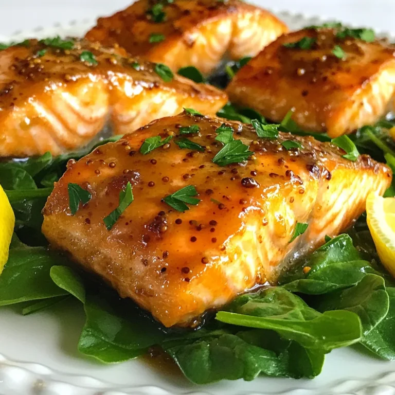 To make Maple Mustard Glazed Salmon, you need these simple ingredients: - 4 salmon fillets (6 oz each) - 1/4 cup pure maple syrup - 2 tablespoons Dijon mustard - 2 tablespoons whole grain mustard - 1 tablespoon soy sauce (or tamari for gluten-free) - 1 tablespoon olive oil - 2 cloves garlic, minced - Salt and pepper to taste - Chopped fresh parsley for garnish If you have dietary needs, you can swap some ingredients. Use honey instead of maple syrup for a sweeter taste. For a lower-sodium option, skip the soy sauce or use coconut aminos. If you need a gluten-free choice, tamari works well in place of soy sauce. You can also use salmon alternatives like trout or chicken if you want a different protein. Quality ingredients make a big difference in taste. Fresh salmon tastes better than frozen. Pure maple syrup gives a rich flavor that fake syrups can’t match. Using fresh garlic will enhance the dish’s aroma and flavor. Always choose organic mustard when you can. These choices ensure your meal is not just tasty but also healthy. {{ingredient_image_1}} Start by making the marinade. In a medium bowl, whisk together the maple syrup, Dijon mustard, whole grain mustard, soy sauce, olive oil, minced garlic, salt, and pepper. Mix well until smooth. This blend gives the salmon a sweet and tangy flavor. Next, take your salmon fillets and place them in a shallow dish. Pour half of the marinade over the salmon, making sure each fillet is coated evenly. Cover the dish and refrigerate for 30 minutes to 1 hour. This step helps the flavors soak into the fish, making it taste even better. You can cook the salmon either on a grill or in the oven. If you choose to grill, preheat your grill to medium heat. Lightly oil the grates to stop the fish from sticking. Place the salmon skin-side down on the grill. If you prefer baking, preheat your oven to 400°F (200°C). Line a baking sheet with parchment paper for easy cleanup. Place the marinated salmon on the baking sheet, skin-side down. Both methods work well; it just depends on your preference. Cooking time is key to perfect salmon. If you're grilling, cook the salmon for about 6-8 minutes per side. The fish should flake easily with a fork when it's done. For baking, let it cook for about 12-15 minutes. Always check the salmon to avoid overcooking. A meat thermometer can help. Aim for an internal temperature of 145°F (63°C). Once cooked, let the salmon rest for a few minutes before serving. This lets the juices settle and keeps it moist. To boost the flavor of the glaze, add a splash of lemon juice. This brightens the taste. You can also try adding a pinch of smoked paprika for a subtle kick. Mixing in fresh herbs like thyme or rosemary adds depth. For a sweeter twist, include a touch of brown sugar. Each of these small changes can make a big difference. Pairing the salmon with the right sides can elevate your meal. Here are some great options: - Garlic mashed potatoes: Creamy and rich, they balance the glaze's sweetness. - Steamed broccoli or asparagus: Their crunch complements the tender salmon. - Quinoa salad: This adds a nutty texture and is packed with nutrients. - Rice pilaf: Fluffy rice with herbs enhances the dish's overall flavor. These sides not only taste great but also look good on the plate. A beautiful plate makes the meal even better. Start by placing the salmon on a bed of fresh spinach or arugula. Drizzle leftover glaze over the top for shine and flavor. Add a lemon wedge on the side for a pop of color. Finally, sprinkle chopped parsley over the salmon. This adds freshness and a nice contrast to the dish. Remember, we eat with our eyes first! Pro Tips Marinate for Maximum Flavor: Allow the salmon to marinate for at least 30 minutes, or up to 1 hour, to ensure the flavors penetrate the fish deeply. Use Fresh Ingredients: Fresh garlic and high-quality maple syrup will enhance the flavor of your glaze significantly, making your dish taste gourmet. Check for Doneness: Salmon is perfectly cooked when it flakes easily with a fork and is opaque in the center. Avoid overcooking to keep it moist. Garnish Creatively: Fresh herbs like cilantro or thyme can complement the dish beautifully, adding a pop of color and freshness to your presentation. {{image_2}} You can switch up the mustards in this recipe for a new taste. Dijon mustard brings a sharp and tangy flavor. Whole grain mustard adds a nice crunch and earthy notes. If you want a sweeter touch, try honey mustard. Spicy brown mustard can give a bold kick. Each option changes the glaze and keeps it exciting. Salmon is great, but you can also use trout or chicken. Trout has a milder taste and pairs well with the maple mustard glaze. Just adjust the cooking time since trout cooks faster. For chicken, choose boneless thighs or breasts. Marinate them the same way as the salmon, and you’ll have a tasty dish. Mix in seasonal ingredients to change the flavor. In spring, add fresh herbs like dill or chives. In summer, toss in some diced peaches or mango for a fruity twist. Fall calls for pecans or walnuts for crunch. In winter, a splash of orange juice brightens the dish. These swaps make your meal unique and fun. After enjoying your Maple Mustard Glazed Salmon, store leftovers properly. Place the salmon in an airtight container. This keeps it fresh and prevents strong odors from mixing. If you have extra glaze, store it separately. It’s great for adding flavor when reheating. When it’s time to reheat, avoid the microwave if you can. Microwaving can dry the salmon out. Instead, use an oven or a skillet. Preheat the oven to 350°F (175°C) and warm the salmon for about 10-15 minutes. If using a skillet, add a bit of water and cover it with a lid. This keeps the fish moist. Maple Mustard Glazed Salmon stays good in the fridge for about 3 to 4 days. Make sure to check for freshness before eating. If it has an off smell or color, it’s best to toss it. Always trust your senses! Yes, you can use honey instead of maple syrup. Honey gives a nice sweetness. However, it will change the flavor a bit. Maple syrup has a rich taste that honey does not match. If you love honey, go ahead and try it! Yes, this recipe works well for meal prep. You can make the salmon ahead of time. Store it in the fridge for up to three days. Just reheat it gently before serving. The glaze keeps the fish moist and tasty. This recipe is easy to make gluten-free and dairy-free. Use tamari instead of soy sauce for gluten-free. There are no dairy ingredients in this dish. It is safe for those with dairy allergies. Enjoy without worry! Using quality ingredients is key for great Maple Mustard Glazed Salmon. Choose fresh salmon, and don’t skip the marinating step. Grilling or baking both work well, just time it right. Pair your dish with tasty sides for a full meal. Feel free to mix things up with different mustards or proteins. Store and reheat leftovers wisely to keep your dish delicious. Enjoy refining this recipe to fit your taste and needs!