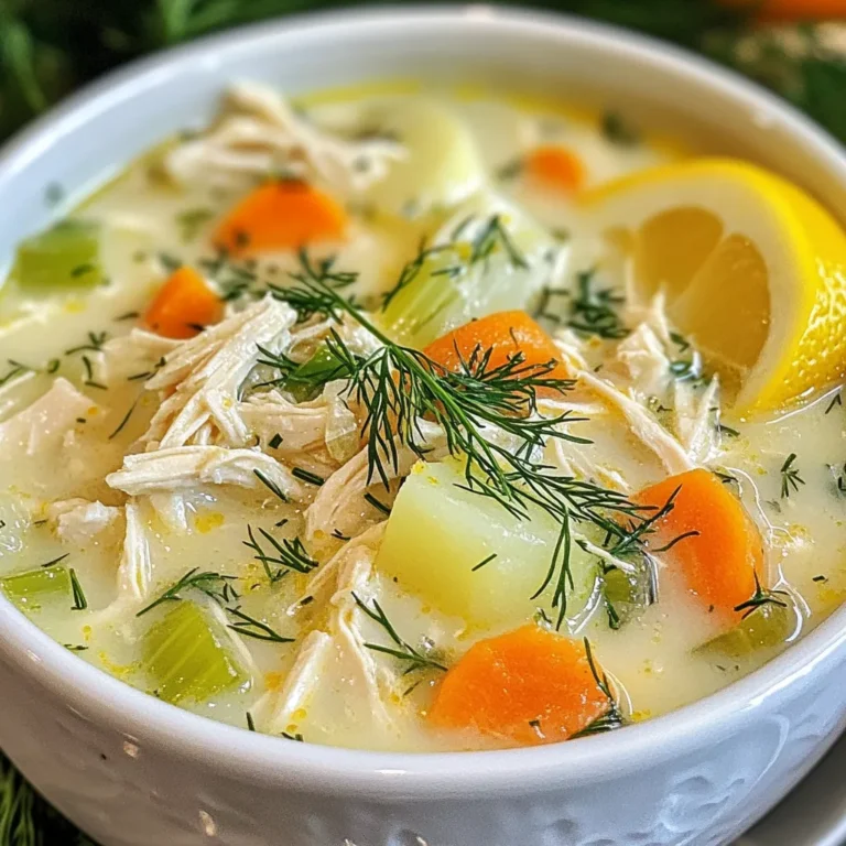 To make this soup, you need the right ingredients. Here’s what you’ll need: - 2 cups cooked chicken, shredded - 4 cups chicken broth - 1 cup heavy cream - 1 medium onion, finely chopped - 2 cloves garlic, minced - 2 medium carrots, diced - 2 stalks celery, diced - 1 large potato, peeled and diced - Juice of 1 lemon - Zest of 1 lemon - 3 tablespoons fresh dill, chopped (or 1 tablespoon dried dill) - 2 tablespoons olive oil - Salt and pepper to taste These simple ingredients create a creamy, rich flavor in every bite. The lemon adds brightness, while the dill gives a fresh taste. The cooked chicken makes it filling and hearty. While the soup is delicious on its own, you can add some garnishes for extra flair: - Fresh dill sprigs - Lemon wedges - Croutons - A drizzle of olive oil These garnishes add color and texture. The fresh dill and lemon wedges give a pop of flavor that enhances the soup’s taste. Sometimes, you may not have everything on hand. Here are easy swaps you can try: - Use rotisserie chicken instead of cooked chicken for a quick option. - Swap heavy cream for half-and-half or coconut milk for a lighter soup. - If you don’t have fresh dill, dried dill works well. Just use less. These substitutions keep the soup tasty while making it easier to prepare. You can still enjoy a comforting bowl of creamy lemon dill chicken soup! {{ingredient_image_1}} Start by heating 2 tablespoons of olive oil in a large pot over medium heat. Add 1 finely chopped onion. Sauté it for 3-4 minutes until it turns soft and translucent. Next, add 2 minced garlic cloves, 2 diced carrots, and 2 diced stalks of celery. Cook these veggies for about 5 minutes. They should become tender and fragrant. After that, stir in 1 peeled and diced large potato. Cook it for 2 more minutes. This mix builds the soup's rich flavor base. Now, pour in 4 cups of chicken broth. Turn up the heat to bring it to a boil. Once boiling, reduce the heat. Let it simmer for 15-20 minutes. You want the potatoes to be fork-tender by the end. When they are ready, add 2 cups of shredded cooked chicken to the pot. Stir it well to combine everything. After the chicken is mixed in, it's time for the creamy magic. Pour in 1 cup of heavy cream. Then, add the juice and zest of 1 lemon, along with 3 tablespoons of chopped fresh dill. Mix it all together and let it cook on low for 5-10 minutes. This warms the soup and blends the flavors. Finally, taste your soup. Add salt and pepper to your liking. Once done, let it sit for a few minutes before serving. Enjoy every comforting spoonful! To make your soup creamy, use heavy cream. Heavy cream gives the best richness. If you want it lighter, use half-and-half. Always add the cream at the end. This keeps it smooth and prevents curdling. Stir gently to mix the cream in well. You can also blend a portion of the soup for a thicker texture. Just blend the potato and some broth, then mix it back in. Using the right tools makes cooking easier. A large pot is essential for this soup. A wooden spoon helps with stirring. A sharp knife works best for chopping veggies. Don't forget a cutting board for safety. A measuring cup ensures you add the right amount of cream. If you have an immersion blender, it can help make the soup smooth quickly. Herbs and spices add depth to your soup. Fresh dill is key for that bright flavor. If fresh dill is not handy, dried dill works too. Lemon juice and zest bring a zesty kick. You can also add a pinch of red pepper flakes for heat. Consider adding thyme or parsley for extra flavor. Just sprinkle them in as you simmer the soup. Pro Tips Use Rotisserie Chicken: For a quicker preparation, use store-bought rotisserie chicken. It adds great flavor and saves time! Adjust the Creaminess: If you prefer a lighter soup, reduce the amount of heavy cream or substitute it with half-and-half or whole milk. Fresh vs. Dried Dill: Fresh dill gives a vibrant flavor; however, if using dried dill, remember that it’s more concentrated, so use less. Enhance Flavor with Herbs: Consider adding other herbs like thyme or parsley for added depth of flavor in your soup. {{image_2}} You can easily add spinach to this soup. Spinach adds color and extra nutrients. To include spinach, stir in two cups of fresh spinach leaves during the last few minutes of cooking. The spinach will wilt quickly, giving the soup a lovely green touch. This makes it even more comforting and healthy. If you want a gluten-free soup, swap the chicken broth. Use a gluten-free broth instead. Most store-bought brands are gluten-free. Always check the label to be sure. The heavy cream is gluten-free, so you can keep that. This simple change makes the soup safe for those with gluten allergies. To make this soup vegetarian, you can replace the chicken with chickpeas. Use one can of drained and rinsed chickpeas. Add them when you stir in the cream. This keeps the protein level high and adds a nice texture. You can also use vegetable broth instead of chicken broth. The lemon and dill will still shine through, giving you a tasty soup. To keep your creamy lemon dill chicken soup fresh, follow these steps. First, let the soup cool down. Then, pour it into an airtight container. Make sure to leave some space at the top. This allows the soup to expand if it freezes. Label the container with the date. Store it in the fridge for up to four days. When you're ready to enjoy the leftovers, reheat the soup gently. Pour it into a pot and warm it over low heat. Stir often to avoid burning. If the soup thickens, add a splash of chicken broth or water. This will help bring back its creamy texture. You can also microwave it in a safe bowl. Heat in short bursts, stirring in between. If you want to freeze your soup, it’s easy. Use a freezer-safe container or bag. Leave some space for expansion. The soup can last up to three months in the freezer. To thaw, place it in the fridge overnight. You can also use the microwave for quick thawing. Once thawed, reheat it slowly as mentioned. Enjoy your creamy lemon dill chicken soup later! Yes, you can use rotisserie chicken. It saves time and adds great flavor. Just shred the chicken and add it to the soup. This makes your meal prep quick and easy. To thicken your chicken soup, you can use a few methods. One option is to mash some of the potatoes in the soup. This will add creaminess without changing the flavor. Another way is to mix a little cornstarch with water and stir it in. Let it cook for a few minutes to thicken. Freezing chicken soup is simple. Let the soup cool to room temperature first. Then, pour it into airtight containers. Leave some space at the top for expansion. You can also use freezer bags. Just make sure to squeeze out the air before sealing. When you want to eat it, thaw the soup in the fridge overnight and reheat it on the stove. In this blog post, we explored the key ingredients for creamy lemon dill chicken soup. You learned how to prepare and cook the soup step by step. I shared tips for achieving a creamy texture and flavor boosts, along with several delicious variations. Ultimately, this soup is easy to make and so enjoyable. Remember to have fun with ingredients and make it your own. You can create a dish that’s perfect for any meal!