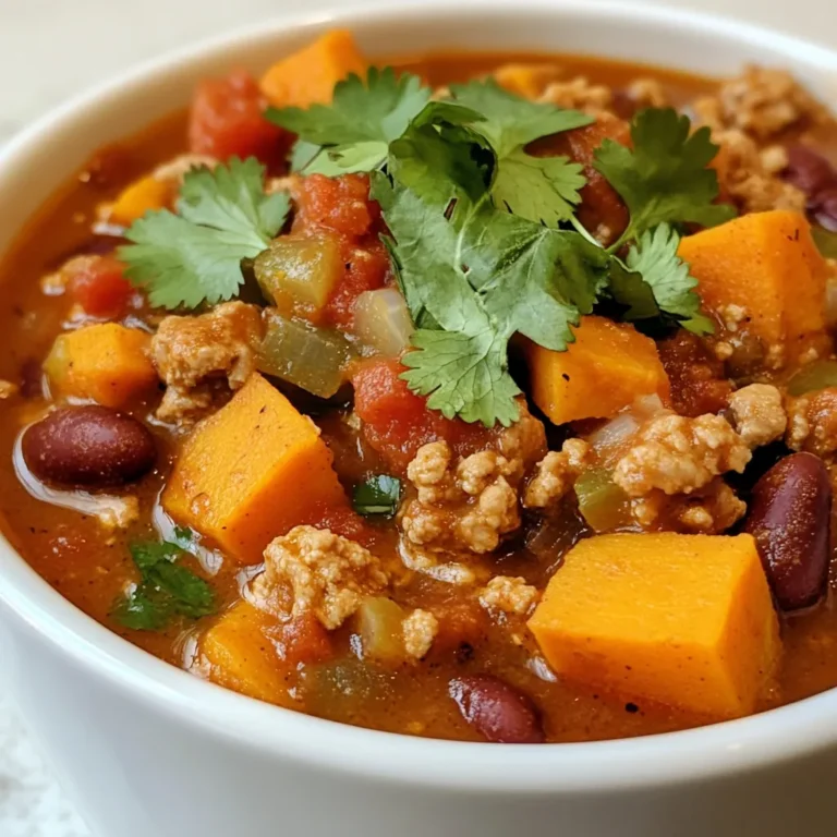 To make Sweet Potato Turkey Chili, you need a mix of hearty and tasty ingredients. Here’s what you will need: - 1 lb ground turkey - 2 medium sweet potatoes, peeled and diced - 1 can (15 oz) black beans, rinsed and drained - 1 can (15 oz) kidney beans, rinsed and drained - 1 can (14 oz) diced tomatoes, with juice - 1 onion, chopped - 3 cloves garlic, minced - 1 bell pepper (any color), chopped - 2 cups chicken or vegetable broth - 2 tablespoons chili powder - 1 teaspoon cumin - 1 teaspoon smoked paprika - ½ teaspoon cayenne pepper (adjust for heat preference) - Salt and pepper to taste - Olive oil for sautéing - Fresh cilantro for garnish (optional) Each ingredient brings its own flavor. Ground turkey is lean and full of protein. Sweet potatoes add a sweet taste and creamy texture. The beans boost fiber and heartiness. Diced tomatoes add moisture and tang. Onion and garlic give a savory base. Bell pepper brings color and crunch. Broth and spices tie it all together. You can add fresh cilantro on top for a burst of freshness. Gathering these ingredients sets you up for a warm and filling meal. You can find most of these items at your local grocery store. {{ingredient_image_1}} - Sautéing the Vegetables Start with a large pot. Heat 2 tablespoons of olive oil over medium heat. Add the chopped onion and bell pepper. Sauté them until they soften, about 5 minutes. Stir in the minced garlic and cook for another 1 to 2 minutes. You want the garlic to smell nice but not burn. - Cooking the Ground Turkey Next, add 1 pound of ground turkey to the pot. Use a spoon to break it apart. Cook it until it turns brown and is cooked through, which takes about 6 to 8 minutes. Make sure there’s no pink left in the turkey. - Combining Ingredients Once the turkey is ready, add 2 diced sweet potatoes, 1 can of black beans, 1 can of kidney beans, and 1 can of diced tomatoes with juice. Pour in 2 cups of chicken or vegetable broth. Season the mix with 2 tablespoons of chili powder, 1 teaspoon of cumin, 1 teaspoon of smoked paprika, and ½ teaspoon of cayenne pepper. Add salt and pepper to taste. Stir everything well to combine. - Adjusting Heat and Seasoning Bring the chili to a gentle boil. After that, reduce the heat to low and cover the pot. This helps the flavors blend. You can taste it after about 30 minutes and adjust the spices if needed. - Cooking Time Overview Let the chili simmer for about 30 to 40 minutes. This is the time for the sweet potatoes to become tender. Stir occasionally to prevent sticking. Keep an eye on it, so it doesn’t boil over. - Letting It Sit Before Serving Once the chili is done, remove it from heat. Let it sit covered for 5 minutes. This helps the flavors settle and deepen. - Serving Suggestions When ready, ladle the chili into bowls. You can garnish with fresh cilantro if you like. It pairs well with cornbread or tortilla chips for extra crunch. Enjoy your hearty meal! - Perfecting the Chili Consistency To get the right thickness, use less broth or let it simmer longer. If it’s too thick, add a splash of broth. Sweet potatoes break down, adding creaminess. Stir often to avoid sticking. - Enhancing Flavors with Seasonings Start with chili powder and cumin. These spices add warmth and depth. Feel free to adjust the cayenne for more heat. Fresh garlic and onion bring a natural sweetness. Don’t skip the smoked paprika; it adds a lovely smokiness. - Pairing with Cornbread or Chips Serve your chili with warm cornbread. The sweet bread complements the heat of the chili. You can also try tortilla chips for extra crunch. They add texture and work well for dipping. - Creative Garnishes Fresh cilantro makes a great garnish. It adds color and a burst of flavor. You can also top it with avocado slices or a dollop of sour cream. Shredded cheese is another tasty option. Pro Tips Prep Your Vegetables: Before you start cooking, dice all your vegetables and measure out your spices. This will streamline the cooking process and ensure you don’t miss any ingredients. Use Fresh Spices: For the best flavor, use fresh spices whenever possible. If your spices are old, consider replacing them to enhance the overall taste of your chili. Adjust the Heat: Feel free to adjust the amount of cayenne pepper according to your spice preference. Start with less and add more as needed after tasting. Let It Sit: After cooking, allow the chili to sit covered for a few minutes. This helps the flavors meld together and enhances the overall taste. {{image_2}} Using Different Proteins You can switch the ground turkey for other meats. Ground beef or chicken works well. If you want a lighter option, try ground turkey breast. For a fun twist, you can use shredded rotisserie chicken. Each choice gives a unique taste to your chili. Vegan or Vegetarian Options For a vegan chili, skip the meat. Use extra beans or lentils instead. Chickpeas are a great addition too. Instead of broth, use vegetable stock. This keeps it hearty while fitting a plant-based diet. You’ll still enjoy all the flavors. Adjusting Heat with Peppers Want more heat? Add chopped jalapeños or serrano peppers. You can also use hot chili powder for a spicy kick. If you prefer milder flavors, reduce the cayenne pepper. Start with a pinch and taste as you go. This lets you control the spice level. Flavor Boost Alternatives To add depth, consider using smoked chipotle in adobo sauce. This gives a smoky flavor. You can also mix in some fresh herbs like oregano or thyme. A splash of lime juice brightens the dish, making each bite pop with flavor. Refrigeration Tips After you make your sweet potato turkey chili, let it cool down. Pour it into an airtight container. Store it in the fridge for up to 4 days. Make sure to label it with the date. This way, you'll know when to eat it. Freezing for Later Use If you want to save it longer, freezing works great. Use a freezer-safe container or a heavy-duty freezer bag. Leave some space for expansion. Your chili can last for up to 3 months in the freezer. When you're ready to eat it, just thaw it in the fridge overnight. Best Methods for Reheating Chili To reheat your chili, the stove is best. Pour it into a pot over medium heat. Stir it often. This helps it heat evenly. If you prefer the microwave, put it in a microwave-safe bowl. Heat it in short bursts, stirring in between. This ensures it warms up well without overcooking. Always check that it's hot all the way through before serving. Yes, you can make this chili ahead of time. It tastes even better the next day. Just store it in the fridge. Warm it up when you're ready to eat. I love serving this chili with cornbread or tortilla chips. You can also add a dollop of sour cream or some shredded cheese on top. Fresh cilantro makes a nice garnish too. This chili lasts about 4 to 5 days in the fridge. Make sure to store it in an airtight container. If you want it to last longer, you can freeze it. Absolutely! You can add any veggies you like. Zucchini, carrots, or corn work great. Just chop them up and add them in when you mix the other ingredients. This chili recipe is packed with flavor and healthy ingredients. You learned how to sauté vegetables, cook turkey, and combine it all. The tips give you ways to perfect the dish, adjust flavors, and serve it best. Don't forget the variations, so you can make it your own. You can store and reheat it easily. Enjoy making this hearty meal that warms your belly and your heart. Chili is perfect for any occasion, and you now have the skills to master it. Happy cooking!