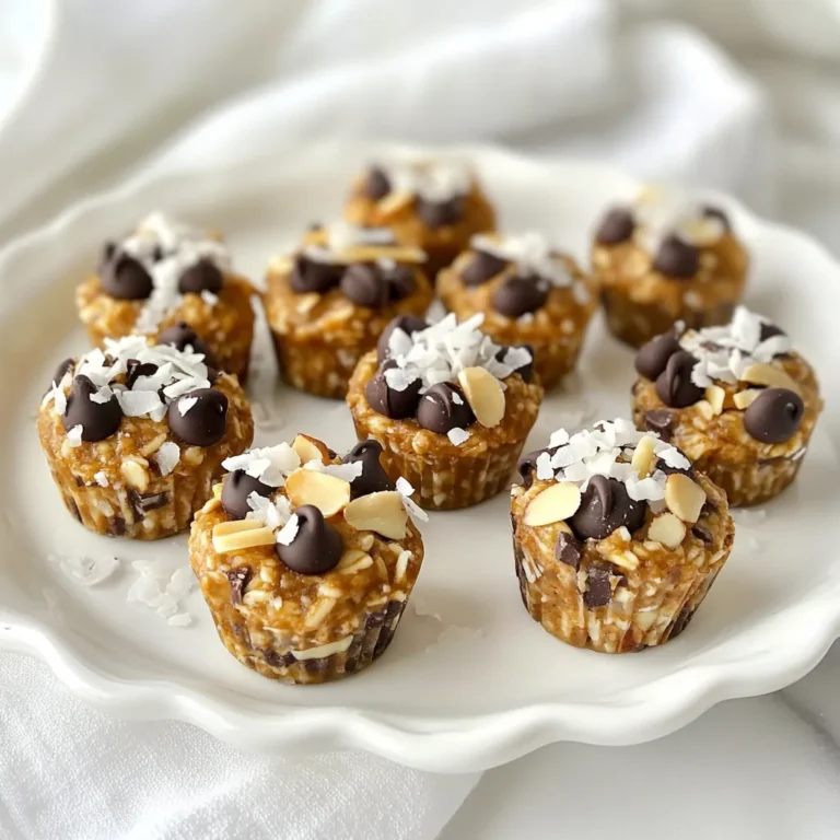 - 1 cup rolled oats - 1/2 cup almond butter - 1/3 cup honey or maple syrup - 1/2 cup shredded unsweetened coconut - 1/4 cup dark chocolate chips - 1/4 cup chopped almonds - 1 teaspoon vanilla extract - A pinch of sea salt To create these delightful Almond Joy Energy Bites, you need simple ingredients. Rolled oats form a great base. Almond butter adds a creamy texture and nutty flavor. You can use honey or maple syrup for sweetness, depending on your taste. Shredded coconut gives it that signature tropical twist. Dark chocolate chips provide rich flavor, while chopped almonds add a nice crunch. A bit of vanilla extract enhances the taste, and a pinch of sea salt balances all the flavors. - Alternatives for almond butter: If you can't find almond butter, you can use peanut butter or sunflower seed butter. Both work well and add their own unique flavor. - Sweetener options: honey vs. maple syrup: Honey brings a floral sweetness, while maple syrup adds a deeper, earthier taste. Choose based on your preference. - Coconut options: If you prefer, you can use sweetened coconut flakes for added sweetness or leave it out if you don't like coconut. These substitutions keep the recipe flexible, allowing you to enjoy these energy bites your way. Adjust based on what you have on hand or your dietary needs. {{ingredient_image_1}} To start making your Almond Joy Energy Bites, gather your ingredients. First, mix the dry ingredients. In a large mixing bowl, combine: - 1 cup rolled oats - 1/2 cup almond butter - 1/3 cup honey or maple syrup Stir these until they blend well. This mix forms the base of your bites. Next, add the wet ingredients. Toss in: - 1/2 cup shredded unsweetened coconut - 1/4 cup dark chocolate chips - 1/4 cup chopped almonds - 1 teaspoon vanilla extract - A pinch of sea salt Mix thoroughly until all the ingredients are evenly distributed. Now, it’s time to form the energy bites. Aim for small balls, about 1 inch in diameter. This size allows for easy snacking. If the mixture feels too sticky, dampen your hands slightly with water. This trick helps you handle the mixture with ease. Place each ball on a parchment-lined baking sheet or plate. After forming all the bites, refrigerate them for at least 30 minutes. This chill time helps firm them up. Chilling also makes them easier to eat. Once they have set, store any leftovers in an airtight container in the refrigerator. They will stay fresh for up to a week. To get the best texture, balance stickiness and dryness. If your mix is too sticky, add more oats. If it feels too dry, a splash of almond butter or honey can help. The goal is to form bites that hold together but are not overly gooey. You can add spices like cinnamon or nutmeg for extra flavor. These spices enhance the taste without adding sugar. For toppings, consider rolling the bites in crushed nuts or extra coconut. This adds a fun crunch and makes them look great. If you want to cut down on sweetness, reduce the honey or maple syrup. You can swap in a less sweet option like mashed banana or applesauce. These alternatives keep the bites moist without the extra sugar. Pro Tips Use Fresh Ingredients: Make sure your almond butter and coconut are fresh for the best flavor and texture. Experiment with Sweeteners: Feel free to substitute honey with agave syrup or maple syrup for different flavor profiles and sweetness levels. Chill Time is Key: Allowing the bites to chill for at least 30 minutes helps them firm up, making them easier to eat and hold their shape. Customization Options: Add other mix-ins like dried fruit, seeds, or different nut butters to create your own unique flavor combinations. {{image_2}} If you want a nut-free option, use sunflower seed butter. It has a nice taste and a creamy texture. This swap keeps the energy bites safe for those with nut allergies. Plus, sunflower seed butter is packed with nutrients. You get protein, healthy fats, and vitamins from it. Feel free to change the type of chocolate you use. Swapping dark chocolate for milk or white chocolate gives the bites a sweeter taste. Milk chocolate adds creaminess, while white chocolate brings a rich, sweet flavor. Each variation can change the whole feel of the snack. You can add extra flavors with dried fruits or seeds. Try adding raisins, cranberries, or apricots. These fruits add sweetness and chewiness. For seeds, consider chia or flaxseed. They boost nutrition and add a nice crunch. Mixing in these extras makes each bite unique and fun! To keep your Almond Joy Energy Bites fresh, store them in an airtight container. This helps prevent air from making them stale. You can use glass or plastic containers that seal tightly. Make sure to label the container with the date. This way, you’ll know when you made them. In the fridge, these energy bites last for about a week. If you want to keep them longer, freezing is a great option. They can stay fresh in the freezer for up to three months. Just make sure they are in a sealed container to avoid freezer burn. When you’re ready to eat the frozen bites, take them out and let them sit at room temperature for about 15 minutes. If you're in a hurry, you can also microwave them for about 10 seconds. This makes them soft and easy to enjoy! Almond Joy Energy Bites last up to one week in the fridge. Store them in an airtight container. This keeps them fresh and tasty. If you notice any change in smell or texture, you should toss them. Yes, you can freeze Almond Joy Energy Bites. Place them in a freezer-safe bag or container. They can last for about three months in the freezer. Just thaw them in the fridge before eating. Each Almond Joy Energy Bite has about 100 calories. They have healthy fats from almond butter and almonds. You'll also get fiber from oats and coconut. They are a great snack that gives you energy without added sugar. Yes, you can make them vegan. Simply use maple syrup instead of honey. Check that your chocolate chips are dairy-free as well. This way, everyone can enjoy these tasty bites. If you need a substitute for almond butter, try peanut butter or sunflower seed butter. Both provide a creamy texture and taste great. Just remember, sunflower seed butter makes it nut-free. We explored how to make Almond Joy Energy Bites using simple and nutritious ingredients. You can use oats, almond butter, and dark chocolate for a tasty treat. We also discussed fun variations and ingredient swaps to fit your tastes. Remember to store these bites properly for the best flavor. Overall, making these energy bites is easy and enjoyable. Now, it’s your turn to create your own mix and enjoy a healthy snack!