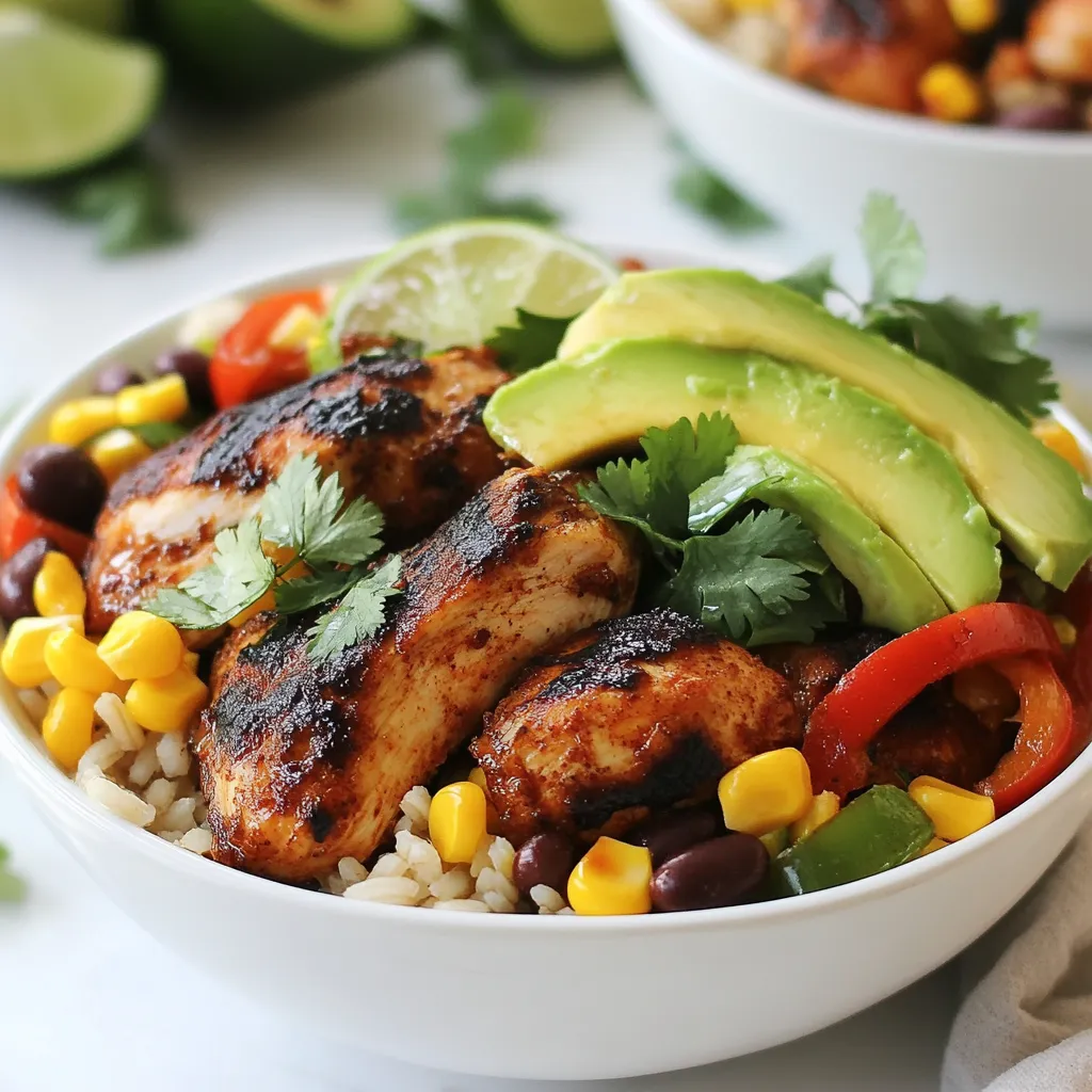 For a tasty Caribbean jerk chicken bowl, you need a few key ingredients: - 4 boneless, skinless chicken thighs - 2 tablespoons jerk seasoning - 1 tablespoon olive oil - 1 cup brown rice (or quinoa) - 2 cups chicken broth (or vegetable broth) - 1 cup black beans, rinsed and drained - 1 cup corn, fresh or frozen - 1 red bell pepper, diced - 1 avocado, sliced - 1 lime, cut into wedges - Fresh cilantro, chopped - Salt and pepper to taste These ingredients create a bowl full of flavor and nutrition. Each element adds a unique taste that blends perfectly. A good jerk seasoning makes all the difference. You can choose store-bought options for ease. Look for ones with natural ingredients. If you prefer, make your own. Combine spices like allspice, thyme, and cayenne pepper. This mix gives you full control over the spice level. You can easily adjust this recipe for your needs. If you're vegan, swap the chicken with grilled tofu or tempeh. For a gluten-free option, ensure your jerk seasoning is gluten-free. You can also use quinoa instead of brown rice for a lighter meal. This way, everyone can enjoy a delicious jerk bowl! {{ingredient_image_1}} Start by mixing jerk seasoning with olive oil in a small bowl. This mix is key to flavoring the chicken. Rub it all over the chicken thighs. Let them marinate for at least 30 minutes. If you have time, marinate overnight. This will deepen the taste. For cooking the rice or quinoa, take a saucepan and bring chicken or vegetable broth to a boil. Add brown rice or quinoa to the boiling broth. Lower the heat, cover, and let it simmer for 15 to 20 minutes. Once the grains are tender and the liquid is gone, fluff it with a fork. Heat a grill or skillet over medium-high heat. Add the marinated chicken thighs when hot. Grill them for 6 to 7 minutes on each side. The chicken is done when it reaches an internal temperature of 165°F (75°C). Remove it from heat and let it rest for a few minutes, then slice it. In a skillet, add a splash of olive oil. Sauté diced red bell pepper for 3 to 4 minutes. It should become soft. Then add corn and black beans. Cook for another 2 to 3 minutes until they are hot. Season this mix with salt and pepper to taste. Grab your bowls and start with a base of rice or quinoa. Next, add sliced jerk chicken on top. Then, layer the sautéed vegetables and avocado slices. This creates a colorful and tasty meal. To give your bowls a fresh look, sprinkle chopped cilantro on top. Serve with lime wedges for squeezing over the dish. This adds brightness and extra flavor. Enjoy your delicious Caribbean jerk chicken bowls! To grill chicken thighs well, start with a good marinade. Use jerk seasoning mixed with olive oil to add flavor. Let the chicken sit in this mix for at least 30 minutes. You can marinate it overnight for even better taste. When grilling, make sure your grill is hot. This helps seal in the juices. Cook the chicken for about 6-7 minutes on each side. Check the internal temperature; it should reach 165°F. Let the chicken rest before slicing. This keeps it juicy. For rice or quinoa, use broth for more flavor. Start by boiling chicken or vegetable broth in a saucepan. Once boiling, add your rice or quinoa. Reduce the heat to low and cover the pan. Let it cook for 15-20 minutes. Once done, fluff it with a fork. This helps separate the grains and makes it light. If using quinoa, rinse it first to remove any bitterness. Adding fresh veggies boosts flavor and nutrition. I recommend using bell peppers, corn, and black beans. Bell peppers add a sweet crunch, while corn gives a nice pop. Black beans add protein and creaminess. You can also try adding cherry tomatoes or zucchini for more variety. Just sauté them quickly in olive oil. This keeps them bright and fresh. When serving, start with a base of rice or quinoa. Layer on sliced jerk chicken and sautéed vegetables. Add avocado slices for creaminess. A sprinkle of fresh cilantro adds a nice touch. Serve with lime wedges for a zesty kick. You can pair this bowl with a light salad or plantain chips for a perfect meal. Enjoy the vibrant flavors of the Caribbean! Pro Tips Marinate for Maximum Flavor: Allow the chicken to marinate for at least 1 hour or overnight if possible. This enhances the flavor and tenderness of the chicken. Use Fresh Ingredients: Whenever possible, opt for fresh vegetables like corn and bell peppers. They add vibrant flavor and texture to the dish. Perfectly Cooked Rice: Make sure to fluff the rice with a fork after cooking. This helps to separate the grains and prevents it from becoming sticky. Customize Your Bowls: Feel free to add other toppings such as sliced jalapeños, shredded cheese, or a drizzle of hot sauce for extra flavor and heat. {{image_2}} You can easily switch to a vegetarian version. Instead of chicken, use tofu or tempeh. Both soak up the jerk flavors well. You can marinate them just like the chicken. Grill or sauté them until golden. Use the same sautéed veggies, black beans, and corn. This keeps the meal hearty and full of flavor. If you want a different protein, try shrimp or pork. For shrimp, marinate and grill them for about three minutes on each side. For pork, use tenderloin or chops. Cook them until they reach a safe temperature. Both options bring a new taste to the bowl. You can still use the same toppings and grains for a fresh twist. While brown rice is great, you can try other grains. Quinoa is lighter and packed with protein. You might also use farro or couscous for a unique texture. Each grain adds its flavor and enhances the dish. Cook them just like rice, following the package instructions. This small change can make a big impact on your meal. To keep leftovers fresh, let the bowls cool first. Place them in airtight containers. Store chicken separately from rice and veggies. This helps keep flavors and textures nice. Use glass or plastic containers for easy handling. If you want to freeze the bowls, wrap chicken tightly in plastic wrap. Then, place it in a freezer bag. You can freeze rice and veggies together. They last well for about three months. Label each bag with the date to keep track. When you’re ready to eat, take out what you need. For chicken, place it in a skillet over low heat. Add a splash of water to keep it moist. Heat until warmed through, about 5-7 minutes. For rice and veggies, use a microwave. Heat for 2-3 minutes, stirring halfway. Enjoy your flavorful jerk chicken bowls again! Jerk chicken is a spicy dish from Jamaica. It uses a special blend of spices called jerk seasoning. This mix usually has allspice, thyme, and Scotch bonnet peppers. The cooking method involves marinating the chicken and then grilling or smoking it. This gives the chicken a unique smoky flavor. Yes, you can choose the spice level! If you like it spicy, use more jerk seasoning. For a milder taste, use less seasoning or a mild version. You can also remove the seeds from the peppers if you want to tone down the heat. Adjust to your taste! To check if the chicken is done, use a meat thermometer. The internal temperature should reach 165°F (75°C). If you don’t have a thermometer, cut into the thickest part of the chicken. The meat should be white, not pink. This means it is safe to eat. You can add many toppings to your bowl! Here are some tasty options: - Chopped green onions - Sliced jalapeños - Shredded cheese - Fresh salsa - Greek yogurt or sour cream - Lime wedges for extra zest Get creative and mix your favorites! Caribbean jerk chicken bowls are tasty and easy to make. We covered key ingredients, from the chicken to recommended seasonings. You learned marinating techniques and cooking steps for rice or quinoa. I shared tips for grilling chicken and selecting the right veggies. You can customize with vegetarian options and store leftovers properly. Enjoy making this dish your own. The flavors are rich, and the choices are endless. Dive in and explore this vibrant recipe. Your taste buds will thank you!
