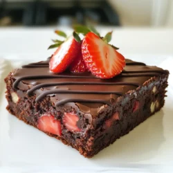 To make chocolate covered strawberry brownies, gather these key ingredients: - 1 cup unsalted butter, melted - 2 cups granulated sugar - 4 large eggs - 1 teaspoon vanilla extract - 1 cup all-purpose flour - 1 cup unsweetened cocoa powder - 1/2 teaspoon salt - 1/2 teaspoon baking powder - 1 cup fresh strawberries, hulled and halved - 1 cup semi-sweet chocolate chips - 1 cup dark chocolate for drizzling These ingredients create rich, fudgy brownies with a burst of fresh strawberry flavor. You can swap some ingredients if needed. Here are a few ideas: - Use coconut oil instead of butter for a dairy-free option. - Replace granulated sugar with brown sugar for a deeper flavor. - For a gluten-free version, use almond flour or a gluten-free blend. - You can switch semi-sweet chocolate chips for milk chocolate if you prefer. These substitutions still maintain the brownie’s delicious taste and texture. To make this recipe, you will need: - A large mixing bowl - A whisk or electric mixer - A 9x13 inch baking pan - Parchment paper (optional, for easy removal) - A wire rack for cooling - A microwave-safe bowl for melting chocolate Having these tools on hand will help you make the brownies smoothly and efficiently. {{ingredient_image_1}} 1. Start by preheating your oven to 350°F (175°C). Grease a 9x13 inch baking pan. 2. In a large bowl, mix 1 cup of melted butter and 2 cups of granulated sugar. Stir until well blended. 3. Add 4 large eggs one at a time. Mix well after each egg. Then, add 1 teaspoon of vanilla extract. 4. In another bowl, sift together 1 cup of all-purpose flour, 1 cup of unsweetened cocoa powder, 1/2 teaspoon of salt, and 1/2 teaspoon of baking powder. 5. Gradually mix the dry ingredients into the wet mixture. Stir until no flour lumps remain. 6. Fold in 1 cup of semi-sweet chocolate chips. This adds a rich chocolate flavor. 7. Pour half of the brownie batter into the prepared pan. Spread it evenly across the bottom. 8. Take 1 cup of fresh strawberries, hulled and halved, and arrange them over the brownie layer. 9. Carefully pour the rest of the brownie batter on top. Make sure the strawberries are fully covered. 10. Bake in your preheated oven for 30-35 minutes. A toothpick should come out with a few moist crumbs when done. 11. Once baked, let the brownies cool completely in the pan on a wire rack. 12. Melt 1 cup of dark chocolate in a microwave-safe bowl. Heat in 30-second intervals, stirring until smooth. 13. Drizzle the melted dark chocolate over the cooled brownies. This adds a beautiful finish. 14. Allow the chocolate drizzle to set. Then, cut the brownies into squares. Enjoy your delightful treat! To make your brownies moist, use melted butter. It helps keep the texture soft. Mix the eggs in well, one at a time. Don’t overmix the batter after adding flour. This keeps your brownies tender. Bake them just until a toothpick shows a few moist crumbs. If you see too many dry crumbs, they might be overbaked. One common mistake is using cold ingredients. Always bring eggs and butter to room temperature. Another mistake is not measuring ingredients correctly. Use measuring cups and spoons for precision. Don’t forget to grease your baking pan well. This helps the brownies come out easily. Lastly, avoid opening the oven door too often. This can change the baking temperature inside. To keep your brownies fresh, let them cool completely. Store them in an airtight container. You can layer parchment paper between the brownies. This prevents them from sticking together. For longer storage, wrap them in plastic wrap and freeze. They can last up to three months in the freezer. When ready to eat, thaw them in the fridge overnight. Pro Tips Use Fresh Strawberries: Make sure to use ripe, fresh strawberries for the best flavor and texture. Avoid any that are overly soft or bruised. Don't Overmix: When combining wet and dry ingredients, mix until just combined to keep the brownies fudgy. Overmixing can lead to tough brownies. Check for Doneness: Insert a toothpick into the center; it should come out with a few moist crumbs for the perfect brownie texture. If it comes out clean, the brownies may be overbaked. Let Them Cool: Allow the brownies to cool completely before cutting. This helps them set and makes for cleaner, nicer squares. {{image_2}} You can use many types of chocolate in these brownies. Semi-sweet chocolate adds a nice balance. Milk chocolate makes them sweeter and creamier. Dark chocolate gives a rich, bold flavor. You can even try white chocolate for a fun twist. Mixing different chocolates can create depth in taste. Adding nuts can give a great crunch. Walnuts and pecans work well in brownies. You might also try almonds for a lighter taste. If you want more fruit, consider bananas or raspberries. Each fruit brings a unique flavor and texture. Just remember to keep the balance right. For gluten-free brownies, swap the all-purpose flour. Use almond flour or coconut flour instead. These options keep the brownies moist and tasty. Make sure to check if your chocolate chips are gluten-free. This way, everyone can enjoy this sweet treat without worry. To keep your chocolate covered strawberry brownies fresh, store them in an airtight container. You can place parchment paper between layers to avoid sticking. Keep them at room temperature for up to three days. If you want them to last longer, try refrigerating them. They taste great chilled, too! If you want to freeze your brownies, cut them into squares first. Wrap each piece in plastic wrap, then place them in a freezer bag. They can freeze well for up to three months. When you're ready to enjoy, just take them out and let them thaw at room temperature. To reheat your brownies, preheat your oven to 350°F (175°C). Place the brownies on a baking sheet and cover them with foil. Heat for about 10 minutes. This keeps them soft and gooey. If you want a quick fix, you can also microwave individual pieces for about 10-15 seconds. Enjoy them warm! You can make these brownies a day or two ahead. Just follow the recipe, then cool them completely. After that, cover the pan with plastic wrap or foil. Store them at room temperature. This keeps them fresh and tasty. Yes, you can use frozen strawberries. Just thaw and drain them first. This prevents extra moisture in your brownies. Note that fresh strawberries give a better taste and texture, but frozen ones work in a pinch. You can use applesauce as a substitute for eggs. Use 1/4 cup of unsweetened applesauce for each egg. You can also use mashed bananas or flaxseed meal mixed with water. These options keep the brownies moist and rich. Absolutely! You can use milk chocolate or white chocolate instead of semi-sweet. Each type will change the flavor. If you love dark chocolate, use that for the drizzle, too. This adds depth to your brownies. Check for doneness using a toothpick. Insert it into the center of the brownies. If it comes out with a few moist crumbs, they are done. If it comes out clean, they may be overbaked. Store leftover brownies in an airtight container. This keeps them fresh for up to five days. If you want to keep them longer, freeze them. Just wrap each brownie in plastic wrap and place them in a freezer bag. Yes, nuts can add a nice crunch to the brownies. Walnuts or pecans work well. Fold them into the batter before pouring it into the pan. This adds flavor and texture to each bite. If you don’t have a 9x13 inch pan, use an 8x8 inch pan. Just adjust the baking time. Brownies in a smaller pan may take a bit longer to bake. Keep an eye on them to avoid overbaking. You can swap all-purpose flour for almond or oat flour. However, this may change the texture. Use a gluten-free blend for a gluten-free option. The brownies may turn out a bit denser, but still delicious. In this post, we've explored key ingredients for brownies and shared helpful tips. You learned about easy substitutions and the tools you need. We covered the steps for preparing, baking, and finishing with chocolate drizzle. You now know how to keep brownies moist and avoid common mistakes. We also looked at fun variations like using different chocolate or making them gluten-free. Enjoy these brownies fresh or stored for later. With these tips, your baking will shine!