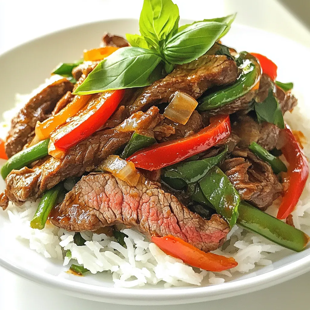 To make spicy Thai basil beef, gather these main ingredients: - 1 lb (450g) flank steak, thinly sliced against the grain - 3 tablespoons vegetable oil - 4 cloves garlic, minced - 2 Thai bird's eye chilies, finely sliced (adjust for heat preference) - 1 red bell pepper, sliced - 1 cup green beans, trimmed - 1 cup fresh Thai basil leaves Each ingredient adds its unique taste. The flank steak gives a nice texture. Garlic and chilies bring heat and flavor, while the bell pepper and green beans add crunch. Fresh Thai basil adds a fragrant finish that makes this dish shine. For the sauce, you will need: - 3 tablespoons soy sauce - 1 tablespoon fish sauce - 1 teaspoon sugar - 1 teaspoon cornstarch mixed with 2 tablespoons water These ingredients create a balanced sauce. Soy sauce adds saltiness. Fish sauce gives depth. Sugar offsets the saltiness and adds a hint of sweetness. The cornstarch mix thickens the sauce for a nice coating. To cook this dish, have these tools ready: - Large skillet or wok - Sharp knife for slicing - Cutting board - Measuring spoons - Small bowl for mixing sauce These tools make cooking smooth and easy. A good knife helps with slicing the steak. A skillet or wok allows for high heat cooking, which is key for stir-frying. Each tool plays a part in making your cooking experience enjoyable. {{ingredient_image_1}} 1. Gather all your ingredients. You need flank steak, garlic, chilies, and fresh basil. 2. Thinly slice the flank steak against the grain. This makes it tender. 3. Mince the garlic and slice the chilies. Adjust the number based on your spice level. 4. Slice the red bell pepper and trim the green beans. Make sure they are ready to cook. 1. Heat 2 tablespoons of vegetable oil in a large skillet over medium-high heat. 2. Add the minced garlic and sliced chilies. Sauté for about 30 seconds until fragrant. 3. Increase the heat to high and add the sliced flank steak. Stir-fry for about 2-3 minutes. 4. Once the beef is browned, toss in the sliced red bell pepper and green beans. Stir-fry for 2 more minutes. 5. In a small bowl, mix the soy sauce, fish sauce, sugar, and cornstarch-water mixture. 6. Pour the sauce over the beef and vegetables, stirring to combine. Cook for another minute until the sauce thickens. 7. Remove the skillet from heat. Fold in the fresh Thai basil leaves until just wilted. 1. Use fresh Thai basil for the best flavor. Its aroma adds depth to the dish. 2. Adjust cooking time based on how you like your vegetables. Tender-crisp is ideal. 3. Pair the dish with jasmine rice to balance the spice and flavor. It makes a great base. To control the heat in your spicy Thai basil beef, start with fewer chilies. You can use one Thai bird's eye chili and taste the dish. If you want more heat, add another chili. Removing seeds from the chilies also helps reduce heat. Remember, you can always add spice, but you can't take it away! Flank steak works best for this dish. It is thin and cooks fast. You can also use sirloin or ribeye if you prefer. Make sure to slice the beef against the grain. This ensures tender bites. Thin slices also absorb flavors well, making your dish even tastier. While Thai basil is key, you can add other herbs. Consider using cilantro or mint for fresh notes. You can also add a squeeze of lime. This will brighten the dish and balance the spices. Experiment and find your perfect blend of flavors. Pro Tips Slice Against the Grain: This technique ensures the beef is tender and easy to chew. Always cut perpendicular to the muscle fibers. Adjusting Heat Levels: If you prefer a milder dish, remove the seeds from the bird's eye chilies or use fewer chilies to control the spiciness. Fresh Basil is Key: For the best flavor, add the Thai basil at the end of cooking to preserve its aroma and vibrant taste. Make It a Meal: Serve this dish with jasmine rice or rice noodles to soak up the delicious sauce and make it more filling. {{image_2}} You can make a tasty vegetarian version of this dish. Instead of beef, use mushrooms or eggplant. These veggies soak up flavors well. You can also use cooked lentils for protein. Use the same sauce to keep it flavorful. Add more veggies like carrots or zucchini for crunch. This version is just as satisfying! You can swap flank steak for other proteins. Chicken thighs work great and stay juicy. Thinly slice pork tenderloin for a nice change too. For a plant-based option, use firm tofu. Press the tofu to remove water and then cube it. Cook it until golden brown for a great texture. Adjust the cooking time based on the protein you choose. Feel free to change the veggies in this dish. Broccoli or snow peas add a nice crunch. You can mix in bell peppers of different colors for a vibrant look. If you love greens, add spinach or bok choy. The key is to keep the veggies crisp. Add them at the right time in the cooking process to keep them fresh. To keep your spicy Thai basil beef fresh, place it in an airtight container. Make sure to let it cool to room temperature first. Store it in the fridge for up to three days. If you're packing it for lunch, consider using smaller containers for easy portions. Reheat the leftovers in a skillet over medium heat. Add a splash of water or broth to keep it moist. Stir often until heated through, which takes about five to seven minutes. You can also use a microwave. Heat in short bursts of 30 seconds until warm. Stir well between each burst to avoid hot spots. If you want to freeze your dish, let it cool completely. Then, place it in a freezer-safe container. It lasts for about three months in the freezer. When you're ready to eat, thaw it overnight in the fridge. Reheat it as mentioned above. This lets you enjoy your spicy Thai basil beef later without losing flavor. The best beef for stir-frying is flank steak. It has a great flavor and cooks quickly. Slice it thin against the grain for tender bites. Other good options include sirloin or ribeye. These cuts are also tender and full of flavor. You can use dried basil, but fresh is better. Fresh Thai basil adds a unique flavor that dried basil can't match. If you must use dried, use less. About one tablespoon of dried basil can work for this dish. To make this dish less spicy, use fewer bird's eye chilies. You can also remove the seeds and membranes for less heat. Another option is to add more vegetables to balance the spice. Serve it with a side of jasmine rice to cool it down. Serve Spicy Thai Basil Beef over steamed jasmine rice. The rice soaks up the savory sauce well. You can also add a side of stir-fried vegetables or a light salad. For a refreshing touch, serve with cucumber slices or a simple cucumber salad. In this post, we explored the key ingredients for Spicy Thai Basil Beef, including sauce tips and tools needed. I shared step-by-step instructions, plus ways to adjust spice levels and enhance flavors. We also covered tasty variations and essential storage methods. This dish is versatile and fun to make. You now have all you need to enjoy this meal. Happy cooking!