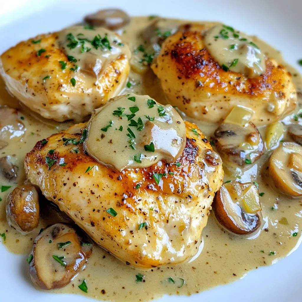 For this rich and tasty dish, gather these main ingredients: - 4 boneless, skinless chicken breasts - 2 tablespoons olive oil - 1 medium onion, finely chopped - 3 cloves garlic, minced - 8 ounces cremini mushrooms, sliced - 1 cup heavy cream - 1 cup chicken broth - 1 tablespoon Dijon mustard - 1 teaspoon dried thyme - 1 teaspoon dried oregano - Salt and pepper to taste These ingredients combine to create a creamy sauce that fully coats the chicken. The cremini mushrooms add a deep, earthy flavor. The herbs enhance the dish, making it smell great as it cooks. To brighten up your dish, consider these optional garnishes: - Fresh parsley, chopped Adding fresh parsley gives a pop of color and freshness. It also adds a lovely aroma, making the dish more inviting. To make this dish, you will need a few key tools: - Large skillet - Cutting board - Sharp knife - Measuring cups and spoons These tools help you cook the chicken and mix the sauce efficiently. A large skillet allows enough space for even cooking. A sharp knife makes chopping easy and safe. {{ingredient_image_1}} To start, take your four chicken breasts and season them. Use salt and pepper on both sides. This adds flavor and helps the chicken taste great. Heat two tablespoons of olive oil in a large skillet over medium-high heat. Once the oil is hot, add the chicken breasts. Cook them for about 5-6 minutes on each side. You want them golden brown and cooked all the way through. After cooking, remove the chicken from the skillet and set it aside on a plate. In the same skillet, add one finely chopped onion. Sauté for about three minutes until it looks soft and clear. Next, toss in three minced garlic cloves and eight ounces of sliced cremini mushrooms. Cook this mixture for 5-7 minutes. The mushrooms should become tender and brown. Now, pour in one cup of chicken broth. Use a spatula to scrape the bottom of the skillet. This helps lift any tasty bits stuck to the pan. Let the mixture simmer for about 2-3 minutes. After that, lower the heat and mix in one cup of heavy cream and one tablespoon of Dijon mustard. Stir well to combine everything. Add one teaspoon of dried thyme and one teaspoon of dried oregano, mixing them in. Let the sauce simmer gently for 3-4 minutes. This makes it thick and creamy. Now it’s time to reunite the chicken with the sauce. Place the cooked chicken back into the skillet. Spoon the creamy mushroom sauce over the top of the chicken. Let it simmer for another 5 minutes. This helps the chicken soak up all the delicious flavors. Before serving, taste the sauce and adjust the seasoning if needed. Finally, serve your dish hot, garnished with some freshly chopped parsley for a burst of color and flavor. Enjoy your meal! To make the creamy sauce, start with the right heat. Keep it low once you add the cream. This helps prevent the cream from curdling. Stir often for a smooth texture. I suggest adding the Dijon mustard. It adds a great tang and depth to the sauce. If the sauce is too thick, add a bit more chicken broth. This will keep it creamy without being too heavy. Cook the chicken until it reaches 165°F inside. This is safe and ensures juicy meat. Use a meat thermometer for accuracy. When you cook it, look for a nice golden color. Avoid overcooking, as it can dry out the chicken. Let it rest for a few minutes after cooking. This helps keep the juices inside. If your sauce is too salty, add a splash of water or cream. This balances the flavors. For a thin sauce, let it simmer longer. This helps it thicken nicely. If you burn the garlic, start fresh. Burnt garlic tastes bitter and ruins the dish. Always taste the sauce before serving. Adjust the seasoning to your liking. Pro Tips Use Fresh Herbs: Fresh herbs like thyme and parsley can elevate the flavor of your dish significantly. Add them at the end of cooking to maintain their vibrant taste and aroma. Deglaze the Pan: When adding the chicken broth, make sure to scrape the bottom of the skillet to release any browned bits. This adds depth and richness to your sauce. Adjust Creaminess: If you prefer a lighter sauce, you can substitute half of the heavy cream with milk or use a lower-fat cream alternative. Perfect Chicken Breasts: To ensure even cooking, pound the chicken breasts to an even thickness before seasoning and cooking them. This helps them cook uniformly and stay juicy. {{image_2}} You can easily swap chicken for other meats. Try using turkey or pork. Both will absorb the creamy sauce well. Adjust cooking times based on the protein you choose. For turkey, cook until it reaches 165°F. For pork, aim for 145°F. This keeps the dish delicious and safe to eat. If you want a vegetarian dish, use tofu or tempeh. Press the tofu to remove extra water. Cut it into cubes and cook until golden. Tempeh has a nutty flavor that adds depth. Use the same steps for the sauce to keep it creamy and rich. Mushrooms bring a lot of flavor to this dish. While cremini mushrooms are great, you can try others too. Shiitake mushrooms have a strong, savory taste. Button mushrooms are milder and more common. Mix different types for a fun twist. Each kind adds its own unique flavor to the creamy sauce. Store leftover creamy mushroom herb chicken in an airtight container. Make sure it cools down first. Place it in the fridge if you plan to eat it in the next few days. Use it within 3-4 days for the best taste and quality. To reheat, use a skillet over medium heat. Add a splash of chicken broth to keep it moist. Stir often until it’s warm. You can also use the microwave. Heat in a microwave-safe dish covered with a lid. Heat it in 30-second intervals until hot. You can freeze this dish for later meals. Let it cool completely before placing it in a freezer-safe container. Label the container with the date. It will last for about 2-3 months in the freezer. To thaw, move it to the fridge overnight before reheating. Yes, you can use fat-free cream. It will change the texture. The sauce may not be as rich or thick. For best results, try using a mix of fat-free and regular cream. This balance keeps flavor while lightening the dish. To make this dish less spicy, reduce the garlic. You can also cut down on the seasoning. Use less salt and pepper. Adding a touch of sugar can balance the heat. Serve with a side of rice or bread to tone it down. This dish goes well with many sides. Here are a few ideas: - Steamed green beans - Garlic mashed potatoes - Simple side salad - Buttered noodles - Roasted veggies These sides complement the creamy sauce and add variety to your meal. Enjoy! You learned how to make a tasty Creamy Mushroom Herb Chicken dish. We covered key ingredients, step-by-step instructions, and helpful tips. You can even change the recipe with different proteins or mushrooms. Remember to store leftovers properly for later. Now, you’re ready to impress with your cooking skills. Enjoy this delightful meal with your family or friends!
