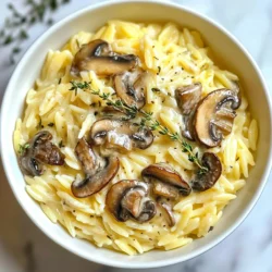 To make creamy mushroom orzo, you will need the following ingredients: - 1 cup orzo pasta - 2 tablespoons olive oil - 1 medium onion, finely chopped - 3 cloves garlic, minced - 8 ounces of mixed mushrooms (cremini, shiitake, and button), sliced - 1 cup vegetable broth - 1 cup heavy cream - 1/2 cup grated parmesan cheese - Salt and pepper to taste - Fresh thyme leaves for garnish You can swap some ingredients for others. If you don’t have orzo, use rice or quinoa. For the olive oil, feel free to use butter for a richer flavor. If you want a lighter dish, replace heavy cream with half-and-half or cashew cream. You can also use any cheese instead of parmesan, like feta or mozzarella. If you like mushrooms, try adding different types, such as portobello or oyster mushrooms. For the best taste, always use fresh ingredients when you can. Fresh mushrooms will give you a rich flavor and nice texture. Fresh thyme adds a great aroma, too. Dried mushrooms can work in a pinch, but they may need soaking first. Fresh garlic and onion provide a stronger taste than dried versions. When using dried ingredients, adjust the amounts as they are more concentrated. {{ingredient_image_1}} Start by heating 2 tablespoons of olive oil in a large pot over medium heat. Once the oil is hot, add 1 medium onion, finely chopped. Cook the onion for about 5 minutes until it is soft and translucent. Next, stir in 3 cloves of minced garlic. Cook it for 1 more minute. You want the garlic to release its lovely aroma. Now, add 8 ounces of mixed mushrooms to the pot. Use cremini, shiitake, and button mushrooms for great flavor. Sauté the mushrooms for 7 to 8 minutes. They should become tender and release their moisture. Stir occasionally to ensure even cooking. Once the mushrooms are ready, add 1 cup of orzo pasta. Stir it well to combine. Toast the orzo for 1 to 2 minutes. This adds a nice depth of flavor. Then, pour in 1 cup of vegetable broth and bring the mixture to a simmer. Lower the heat to low, cover the pot, and cook for 10 to 12 minutes. Stir the orzo every few minutes until it's tender. After cooking, remove the lid and stir in 1 cup of heavy cream and 1/2 cup of grated parmesan cheese. Mix until creamy and smooth. Season with salt and pepper to taste. If it seems too thick, add a little more broth or water. Cook for another 2 to 3 minutes until everything is hot. Serve it warm, garnished with fresh thyme leaves for added flavor. Enjoy! To cook orzo just right, use plenty of water. Orzo needs room to move. Add a pinch of salt to the water. This helps the pasta taste better. Stir the orzo often while it cooks. This stops it from sticking together. Cook it for about 8 to 10 minutes. Taste it before draining. You want it al dente, firm yet tender. To boost flavor, use fresh herbs like thyme. They add brightness to the dish. A squeeze of lemon juice can bring out the mushrooms' taste. You can also use garlic powder for extra depth. If you like heat, sprinkle in some red pepper flakes. Always taste as you go. Adjust salt and pepper to make it perfect. One common mistake is overcooking the orzo. It can turn mushy if you cook it too long. Another mistake is not using enough salt in the water. This can make the pasta bland. Be careful when adding cream to the orzo. If it cooks too long after adding cream, it can curdle. Stir gently and serve right away for the best texture. Pro Tips Use Fresh Mushrooms: Fresh mushrooms will provide a better texture and flavor compared to canned ones. Experiment with different varieties for unique tastes. Toast the Orzo: Lightly toasting the orzo before adding the broth enhances its nutty flavor, making your dish even more delicious. Adjust Creaminess: If you prefer a lighter dish, feel free to substitute half of the heavy cream with additional vegetable broth for a creamier yet lighter sauce. Garnish Wisely: Fresh herbs like thyme or parsley not only add color but also elevate the dish's flavor profile, so don’t skip the garnish! {{image_2}} You can make this dish vegan by swapping out a few ingredients. Use plant-based cream instead of heavy cream. This keeps the dish rich and creamy without dairy. You can also replace parmesan cheese with nutritional yeast. It adds a cheesy flavor without animal products. Use vegetable broth to keep it vegan-friendly. This version tastes just as great and is perfect for everyone. If you want to add protein, chicken and shrimp work well. To add chicken, use cooked, diced chicken breast. Stir it in just before serving. For shrimp, sauté them in a separate pan until they turn pink. Then mix them into the orzo. Both options make the meal heartier. They add flavor and nutrition, perfect for a filling dinner. You can also add seasonal vegetables for more color and taste. Try spinach, kale, or asparagus in spring. In summer, zucchini and bell peppers are great choices. In fall, add butternut squash or pumpkin. For winter, use Brussels sprouts or root vegetables. Chop them smaller so they cook quickly. This way, you enjoy fresh flavors while staying healthy. Each veggie adds its own unique touch to the dish. After enjoying your creamy mushroom orzo, store any leftovers in an airtight container. Let the dish cool to room temperature before sealing it. This way, you keep the flavors fresh. Store it in the fridge for up to three days. If you want to save some for later, you can freeze creamy mushroom orzo. Place the cooled dish in a freezer-safe container. Make sure to leave some space at the top, as the orzo will expand when frozen. It can last for up to three months in the freezer. When you're ready to eat, just thaw it in the fridge overnight. Reheating creamy mushroom orzo is easy. If it's from the fridge, warm it in a pot over low heat. Stir in a splash of vegetable broth or water to help it get creamy again. If you are reheating from the freezer, let it thaw first, then use the same method. You can also use a microwave, but heat it in short bursts and stir often for even warming. You can use half-and-half or milk for a lighter dish. For a dairy-free option, try coconut cream or cashew cream. Both add creaminess without dairy. If you want a tangy flavor, use sour cream or Greek yogurt. Just mix it in at the end for a nice touch. Yes, you can make it ahead. Cook the orzo and sauce, then store them separately. This keeps the orzo from getting mushy. Store them in airtight containers in the fridge for up to three days. When ready to eat, simply reheat in a pot with a splash of broth. If your orzo is too thick, add more liquid. Use vegetable broth or water to loosen it up. Stir as you add until it reaches your desired consistency. This keeps the dish creamy and smooth while enhancing flavor. In this article, I covered making a delicious creamy mushroom orzo. You learned about ingredients, cooking steps, and tips to avoid mistakes. Exploring variations, I shared ways to customize your dish with vegan options or added protein. I also included storage advice to keep your leftovers fresh and tasty. With these insights, you can create a tasty meal tailored to your needs. Enjoy your cooking journey with orzo!