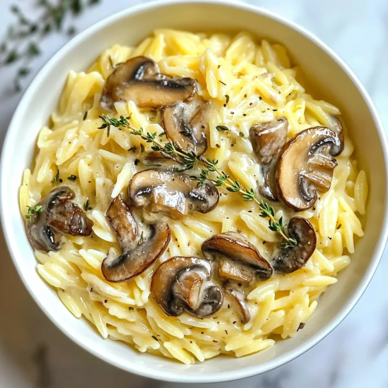 To make creamy mushroom orzo, you will need the following ingredients: - 1 cup orzo pasta - 2 tablespoons olive oil - 1 medium onion, finely chopped - 3 cloves garlic, minced - 8 ounces of mixed mushrooms (cremini, shiitake, and button), sliced - 1 cup vegetable broth - 1 cup heavy cream - 1/2 cup grated parmesan cheese - Salt and pepper to taste - Fresh thyme leaves for garnish You can swap some ingredients for others. If you don’t have orzo, use rice or quinoa. For the olive oil, feel free to use butter for a richer flavor. If you want a lighter dish, replace heavy cream with half-and-half or cashew cream. You can also use any cheese instead of parmesan, like feta or mozzarella. If you like mushrooms, try adding different types, such as portobello or oyster mushrooms. For the best taste, always use fresh ingredients when you can. Fresh mushrooms will give you a rich flavor and nice texture. Fresh thyme adds a great aroma, too. Dried mushrooms can work in a pinch, but they may need soaking first. Fresh garlic and onion provide a stronger taste than dried versions. When using dried ingredients, adjust the amounts as they are more concentrated. {{ingredient_image_1}} Start by heating 2 tablespoons of olive oil in a large pot over medium heat. Once the oil is hot, add 1 medium onion, finely chopped. Cook the onion for about 5 minutes until it is soft and translucent. Next, stir in 3 cloves of minced garlic. Cook it for 1 more minute. You want the garlic to release its lovely aroma. Now, add 8 ounces of mixed mushrooms to the pot. Use cremini, shiitake, and button mushrooms for great flavor. Sauté the mushrooms for 7 to 8 minutes. They should become tender and release their moisture. Stir occasionally to ensure even cooking. Once the mushrooms are ready, add 1 cup of orzo pasta. Stir it well to combine. Toast the orzo for 1 to 2 minutes. This adds a nice depth of flavor. Then, pour in 1 cup of vegetable broth and bring the mixture to a simmer. Lower the heat to low, cover the pot, and cook for 10 to 12 minutes. Stir the orzo every few minutes until it's tender. After cooking, remove the lid and stir in 1 cup of heavy cream and 1/2 cup of grated parmesan cheese. Mix until creamy and smooth. Season with salt and pepper to taste. If it seems too thick, add a little more broth or water. Cook for another 2 to 3 minutes until everything is hot. Serve it warm, garnished with fresh thyme leaves for added flavor. Enjoy! To cook orzo just right, use plenty of water. Orzo needs room to move. Add a pinch of salt to the water. This helps the pasta taste better. Stir the orzo often while it cooks. This stops it from sticking together. Cook it for about 8 to 10 minutes. Taste it before draining. You want it al dente, firm yet tender. To boost flavor, use fresh herbs like thyme. They add brightness to the dish. A squeeze of lemon juice can bring out the mushrooms' taste. You can also use garlic powder for extra depth. If you like heat, sprinkle in some red pepper flakes. Always taste as you go. Adjust salt and pepper to make it perfect. One common mistake is overcooking the orzo. It can turn mushy if you cook it too long. Another mistake is not using enough salt in the water. This can make the pasta bland. Be careful when adding cream to the orzo. If it cooks too long after adding cream, it can curdle. Stir gently and serve right away for the best texture. Pro Tips Use Fresh Mushrooms: Fresh mushrooms will provide a better texture and flavor compared to canned ones. Experiment with different varieties for unique tastes. Toast the Orzo: Lightly toasting the orzo before adding the broth enhances its nutty flavor, making your dish even more delicious. Adjust Creaminess: If you prefer a lighter dish, feel free to substitute half of the heavy cream with additional vegetable broth for a creamier yet lighter sauce. Garnish Wisely: Fresh herbs like thyme or parsley not only add color but also elevate the dish's flavor profile, so don’t skip the garnish! {{image_2}} You can make this dish vegan by swapping out a few ingredients. Use plant-based cream instead of heavy cream. This keeps the dish rich and creamy without dairy. You can also replace parmesan cheese with nutritional yeast. It adds a cheesy flavor without animal products. Use vegetable broth to keep it vegan-friendly. This version tastes just as great and is perfect for everyone. If you want to add protein, chicken and shrimp work well. To add chicken, use cooked, diced chicken breast. Stir it in just before serving. For shrimp, sauté them in a separate pan until they turn pink. Then mix them into the orzo. Both options make the meal heartier. They add flavor and nutrition, perfect for a filling dinner. You can also add seasonal vegetables for more color and taste. Try spinach, kale, or asparagus in spring. In summer, zucchini and bell peppers are great choices. In fall, add butternut squash or pumpkin. For winter, use Brussels sprouts or root vegetables. Chop them smaller so they cook quickly. This way, you enjoy fresh flavors while staying healthy. Each veggie adds its own unique touch to the dish. After enjoying your creamy mushroom orzo, store any leftovers in an airtight container. Let the dish cool to room temperature before sealing it. This way, you keep the flavors fresh. Store it in the fridge for up to three days. If you want to save some for later, you can freeze creamy mushroom orzo. Place the cooled dish in a freezer-safe container. Make sure to leave some space at the top, as the orzo will expand when frozen. It can last for up to three months in the freezer. When you're ready to eat, just thaw it in the fridge overnight. Reheating creamy mushroom orzo is easy. If it's from the fridge, warm it in a pot over low heat. Stir in a splash of vegetable broth or water to help it get creamy again. If you are reheating from the freezer, let it thaw first, then use the same method. You can also use a microwave, but heat it in short bursts and stir often for even warming. You can use half-and-half or milk for a lighter dish. For a dairy-free option, try coconut cream or cashew cream. Both add creaminess without dairy. If you want a tangy flavor, use sour cream or Greek yogurt. Just mix it in at the end for a nice touch. Yes, you can make it ahead. Cook the orzo and sauce, then store them separately. This keeps the orzo from getting mushy. Store them in airtight containers in the fridge for up to three days. When ready to eat, simply reheat in a pot with a splash of broth. If your orzo is too thick, add more liquid. Use vegetable broth or water to loosen it up. Stir as you add until it reaches your desired consistency. This keeps the dish creamy and smooth while enhancing flavor. In this article, I covered making a delicious creamy mushroom orzo. You learned about ingredients, cooking steps, and tips to avoid mistakes. Exploring variations, I shared ways to customize your dish with vegan options or added protein. I also included storage advice to keep your leftovers fresh and tasty. With these insights, you can create a tasty meal tailored to your needs. Enjoy your cooking journey with orzo!