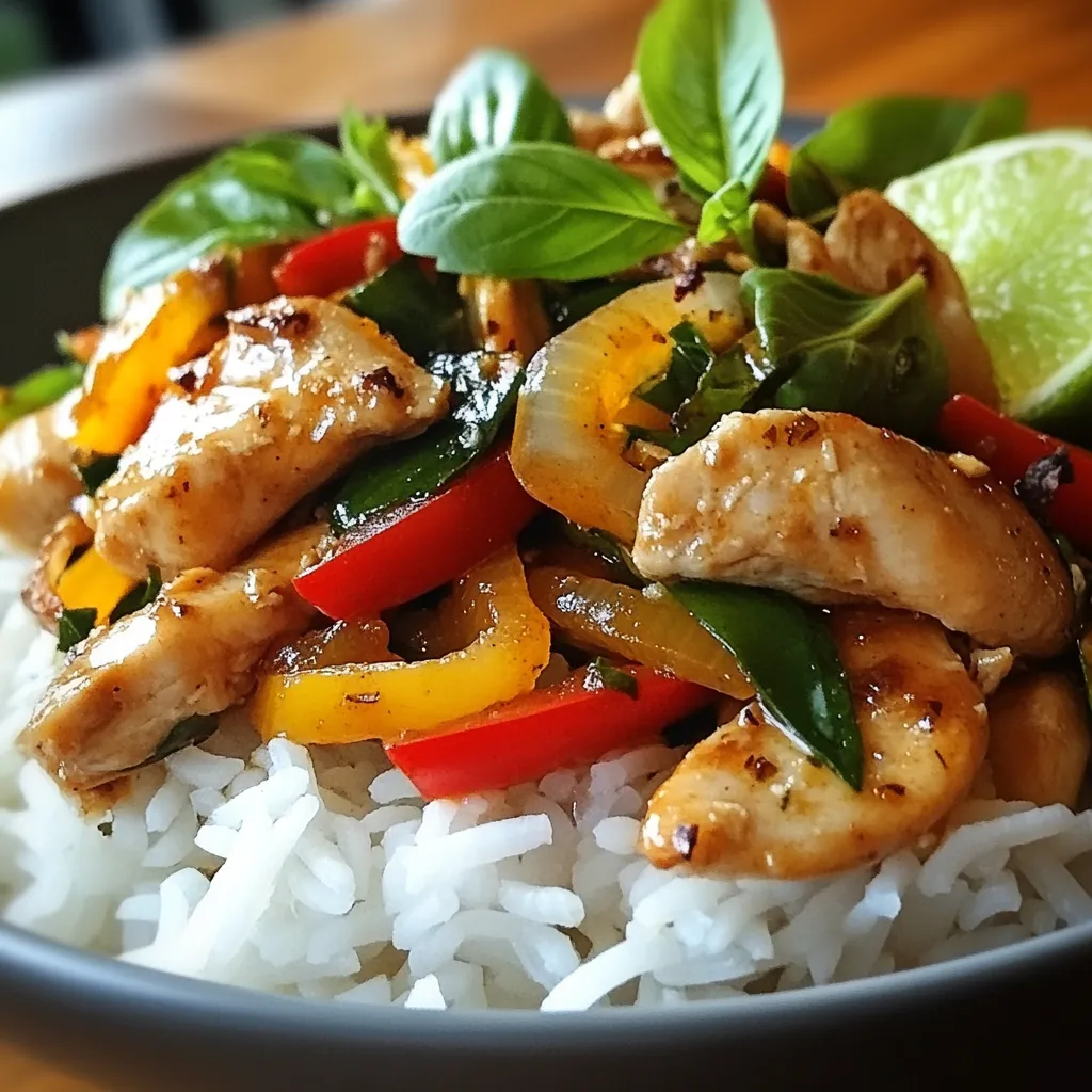 To make Thai Basil Chicken, gather these main ingredients: - 500g chicken breast, thinly sliced - 1 tablespoon vegetable oil - 4 cloves garlic, minced - 2-3 bird's eye chilies, chopped (adjust to taste) - 1 red bell pepper, sliced - 1 onion, sliced - 2 tablespoons soy sauce - 1 tablespoon oyster sauce (or soy sauce for a vegetarian version) - 1 tablespoon fish sauce (or soy sauce for a vegetarian version) - 1 teaspoon sugar - 1 cup fresh Thai basil leaves - Salt and pepper to taste These ingredients create a balance of flavors. The chicken gives protein, while the chilies add heat. The garlic brings aroma, and the basil offers a fresh taste. Feel free to add or change some ingredients to fit your taste: - Add broccoli or snap peas for extra crunch. - Use tofu instead of chicken for a vegetarian dish. - Try adding a splash of lime juice for tanginess. These options let you make the dish your own while keeping the core flavors intact. Finding authentic Thai ingredients can enhance your dish. Here are some tips: - Visit Asian grocery stores for fresh Thai basil and bird's eye chilies. - Look for sauces labeled "Thai" for the best flavor. - Consider growing your own Thai basil at home. It's easy and fresh! Using the right ingredients makes a big difference in your Thai Basil Chicken. You’ll taste the love and care in each bite! {{ingredient_image_1}} Start by gathering your ingredients. You need: - 500g chicken breast, thinly sliced - 1 tablespoon vegetable oil - 4 cloves garlic, minced - 2-3 bird's eye chilies, chopped (adjust to taste) - 1 red bell pepper, sliced - 1 onion, sliced - 2 tablespoons soy sauce - 1 tablespoon oyster sauce (or soy sauce for a vegetarian version) - 1 tablespoon fish sauce (or soy sauce for a vegetarian version) - 1 teaspoon sugar - 1 cup fresh Thai basil leaves - Salt and pepper to taste Make sure to slice the chicken thinly. This helps it cook faster. Mince the garlic finely. Chop the chilies based on how spicy you want it. Slice the bell pepper and onion evenly for good cooking. Heat the vegetable oil in a large pan or wok over medium-high heat. Add the minced garlic and chopped chilies. Stir-fry these for about 30 seconds. You want to smell the garlic and chilies. Next, raise the heat to high. Add your sliced chicken breast. Stir-fry this until the chicken turns white, about 3 to 5 minutes. Once the chicken is cooked, add the sliced onion and red bell pepper. Stir-fry for another 2 minutes. The veggies should be a bit soft but still crisp. In a small bowl, mix soy sauce, oyster sauce, fish sauce, and sugar. Pour this sauce over the chicken and veggies. Stir well to coat everything. Cook for another 2 minutes so the sauce thickens slightly. Turn off the heat and add the fresh Thai basil leaves. Mix until they wilt. This will give your dish an amazing aroma. Finally, season with salt and pepper to taste. Serve the Thai Basil Chicken over jasmine rice. For a nice touch, garnish with more basil and a slice of lime. Enjoy your meal! When making Thai Basil Chicken, avoid overcooking the chicken. Cook it just until it turns white. If you cook it too long, it becomes dry. Another mistake is not using enough basil. Fresh basil gives the dish its special flavor. Lastly, don’t skip the garlic. It adds a rich taste that you want. To control the spice, start with fewer chilies. You can always add more later. If the dish is too spicy, mix in some sugar. This helps balance the heat. You can also serve it with extra rice. Rice absorbs spice and makes it milder. Heat your pan before adding oil. A hot pan helps achieve that lovely sear. Stir-fry quickly to keep the veggies crunchy. Don’t overcrowd the pan; cook in batches if needed. This helps everything cook evenly. Lastly, add sauces at the end. This keeps the flavors bright and fresh. Pro Tips Adjust Spice Level: If you prefer a milder dish, reduce the number of bird's eye chilies or remove the seeds before chopping. Fresh Basil Addition: Add the Thai basil at the last minute to preserve its vibrant flavor and color. Alternative Proteins: This recipe works well with tofu, shrimp, or beef for a different twist on the classic. Perfect Rice Pairing: Serve the dish over jasmine rice for authenticity, or use cauliflower rice for a low-carb option. {{image_2}} You can easily make a vegetarian version of Thai Basil Chicken. Simply swap out the chicken for tofu or tempeh. Both options soak up flavors well. Use firm tofu for the best texture. Cut it into small cubes and stir-fry until golden. Replace fish sauce and oyster sauce with soy sauce. This keeps the dish tasty and meat-free. If you want to change proteins, try shrimp or beef. Shrimp cooks quickly and adds a nice seafood taste. Slice beef thinly for fast cooking. Stir-fry either option just like chicken. You will still want to keep the garlic and chilies for flavor. Each protein gives a unique twist to the same great dish. You can add many vegetables to your Thai Basil Chicken. Carrots, snap peas, or broccoli work well. Slice them thin so they cook fast. You can also add mushrooms for an earthy flavor. The more colors and textures, the better it looks and tastes. Customize this dish based on your favorite veggies. After you enjoy your Thai Basil Chicken, let it cool to room temperature. Place the leftovers in an airtight container. This keeps the flavors fresh. You can store it in the fridge for up to three days. If you want to enjoy it later, freezing is a great option. To reheat, use the stovetop or microwave. For the stovetop, heat a pan over medium heat. Add a splash of water or oil to keep it moist. Stir the chicken until it's hot. If using the microwave, cover the bowl with a lid. Heat in short bursts of 30 seconds, stirring in between. This prevents it from drying out. To freeze, start by portioning the Thai Basil Chicken into smaller containers. Make sure to leave some space at the top for expansion. Label each container with the date. This helps you keep track of freshness. You can freeze it for up to three months. When you’re ready to eat, thaw it overnight in the fridge. Then, reheat using the stovetop or microwave as mentioned before. The best type of chicken for Thai Basil Chicken is chicken breast. It cooks fast and stays tender. You can also use thighs if you want more flavor. Just slice the meat thinly for even cooking. Yes, you can make Thai Basil Chicken ahead of time. Just cook it as normal and cool it down. Store it in an airtight container in the fridge. It will stay fresh for about three days. When you want to eat it, reheat it in a pan over medium heat. Add a little water to keep it moist. If you can’t find Thai basil, look for it in Asian markets. They often have fresh herbs. If you can’t find it, you can use regular basil. It will change the flavor but still taste good. You can also grow your own Thai basil at home if you have space. Thai Basil Chicken is a quick and tasty dish. You learned about the main and optional ingredients, how to prepare and cook it, and tips to avoid common mistakes. We explored variations, storage methods, and answered essential FAQs. To sum up, with fresh ingredients and careful cooking, you can enjoy a delightful meal. Feel free to customize it to suit your taste. Try this dish tonight and enjoy the bold flavors of Thailand!