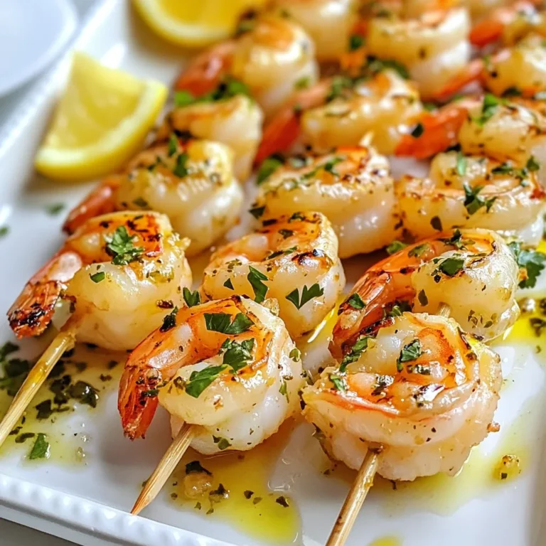 - 1 pound large shrimp, peeled and deveined - 3 tablespoons olive oil - 4 garlic cloves, minced - 2 tablespoons fresh parsley, finely chopped - 1 tablespoon fresh cilantro, finely chopped - 1 teaspoon dried oregano - 1 teaspoon lemon zest - Juice of 1 lemon - Salt and pepper to taste - Wooden or metal skewers To make garlic herb shrimp skewers, you need fresh, simple ingredients. First, get 1 pound of large shrimp. Make sure they are peeled and deveined. This means the shell and the dark vein are removed. Clean shrimp cook better and taste great. Next, you need 3 tablespoons of olive oil. This adds richness and helps the herbs stick to the shrimp. You also need 4 garlic cloves. Mince them well to release their strong flavor. Garlic adds a wonderful aroma to the dish. Now, let’s add some herbs. You need 2 tablespoons of fresh parsley and 1 tablespoon of fresh cilantro. Chop these finely. These herbs will bring freshness to the skewers. Don't forget the seasonings! You’ll need 1 teaspoon of dried oregano for a bit of earthiness. You also need 1 teaspoon of lemon zest. This adds a bright note to the shrimp. Finally, juice one lemon. The juice will give the skewers a nice tang. Add salt and pepper to taste for flavor. Lastly, use wooden or metal skewers. If you pick wooden skewers, soak them in water for 30 minutes. This keeps them from burning on the grill. With these ingredients, you are ready to make tasty garlic herb shrimp skewers. {{ingredient_image_1}} Soaking wooden skewers If you use wooden skewers, soak them in water for at least 30 minutes. This step helps prevent burning. If you skip this, the skewers may char on the grill. Preparing the marinade In a bowl, mix together 3 tablespoons of olive oil, 4 minced garlic cloves, 2 tablespoons of chopped parsley, and 1 tablespoon of chopped cilantro. Add 1 teaspoon of dried oregano, 1 teaspoon of lemon zest, and the juice of 1 lemon. Season with salt and pepper to taste. This marinade brings bold flavor to the shrimp. Coating the shrimp with marinade Take 1 pound of cleaned shrimp and add them to the marinade. Toss the shrimp gently to ensure they are fully coated. You want every shrimp to soak up that delicious mix. Recommended marinating time Cover the bowl and place it in the fridge for 15 to 30 minutes. This allows the shrimp to absorb the flavors well. Avoid marinating too long; shrimp can become mushy if left too long. Pre-heating the grill Before you start cooking, preheat your grill to medium-high heat. This step is crucial for getting a nice sear on the shrimp. Cooking times and techniques Thread the marinated shrimp onto skewers, leaving space between each shrimp. Place the skewers on the grill and cook for about 2-3 minutes per side. You know they are done when the shrimp turn pink and opaque. Remove them from the grill and let them rest for a minute before serving. This helps keep them juicy. For the best flavor, use fresh ingredients. You can swap dried herbs for fresh ones if needed. Want a bolder taste? Add a pinch of red pepper flakes for spice. For a citrus twist, try lime juice instead of lemon juice. If you're short on time, let the shrimp marinate for just 15 minutes. Even a quick soak adds nice flavor. You can grill these skewers or use your oven. To bake, set your oven to 400°F. Place the skewers on a baking sheet. Cook for about 10-12 minutes, turning halfway through. For stovetop cooking, use a grill pan. Heat it over medium-high heat and cook the shrimp for about 2-3 minutes on each side. When choosing skewers, metal skewers are sturdy and heat up quickly. Wooden skewers need soaking. If not soaked, they might burn. Aim for about 30 minutes of soaking for the best results. These skewers pair well with fresh salads or rice. A light cucumber salad balances the richness of the shrimp. You can also serve them with garlic bread for a complete meal. For a lovely presentation, place the skewers on a platter. Garnish with lemon wedges and sprigs of fresh herbs. This simple touch adds color and makes your dish pop. Pro Tips Marinate Longer for Depth: For an even richer flavor, marinate the shrimp for up to an hour. This allows the herbs and garlic to penetrate the shrimp more deeply. Skewer Safety: If using wooden skewers, soaking them for at least 30 minutes before grilling will prevent them from burning on the grill. Even Cooking: Make sure to leave a little space between each shrimp when threading onto the skewers. This ensures that all sides cook evenly. Rest Before Serving: Let the skewers rest for a minute after grilling. This helps the juices redistribute, making the shrimp more tender and flavorful. {{image_2}} You can put a twist on garlic herb shrimp skewers with fun flavor combos. For a kick, try spicy garlic shrimp skewers. Just add red pepper flakes or hot sauce to the marinade. This gives a heat that balances well with the garlic. Another great option is the citrus herb variation. Add orange or lime zest to the mix. This gives your skewers a bright, fresh taste. You can even squeeze extra citrus juice over the skewers just before serving. It makes each bite burst with flavor. Feel free to swap the shrimp for other seafood. Scallops or fish work well too. Just adjust the cooking time based on what you choose. If you want a vegetarian option, use firm tofu or large mushrooms. They soak up the marinade nicely and grill well too. You can also mix in different herbs. Basil or dill can replace parsley or cilantro. This keeps the dish fresh and exciting. Experiment with what you have at home. You can grill or bake these shrimp skewers. Grilling gives a smoky flavor that enhances the dish. The high heat cooks the shrimp quickly, keeping them juicy. Baking is great for an indoor option. It’s easy and just as tasty. You won't get the same char, but you can still enjoy the flavors. Bake them at 400°F for about 10-12 minutes. This makes for a nice, tender bite. Both methods yield delicious results. Choose based on your mood or kitchen setup! To store your garlic herb shrimp skewers, let them cool to room temperature. Place the skewers in an airtight container. You can also wrap them tightly in plastic wrap. Store them in the fridge for up to three days. This keeps them fresh and safe to eat. When you reheat the skewers, use the oven or a skillet. For the oven, preheat it to 350°F. Place the skewers on a baking sheet. Heat them for about 10 minutes. If using a skillet, add a touch of olive oil. Cook on medium heat for about 3-4 minutes, turning them once. This helps keep the shrimp moist. To freeze uncooked shrimp skewers, first prepare them as you would for grilling. Place the skewers on a baking sheet, ensuring they do not touch. Freeze them for about 1-2 hours, or until firm. Then, transfer them to a freezer-safe bag. Label the bag with the date. This method helps prevent freezer burn. When you're ready to cook, thaw the skewers in the refrigerator overnight. You can also use a quicker method by placing the bag in cold water for about 30 minutes. Avoid using hot water, as it may start cooking the shrimp. Once thawed, marinate and cook as directed. You cook shrimp skewers for about 2-3 minutes on each side. This time works best for large shrimp. When shrimp turn pink and opaque, they are ready. Avoid overcooking to keep them tender. If you use smaller shrimp, reduce the cooking time. Always check the shrimp as they cook, since heat can vary. Yes, you can use frozen shrimp. Just make sure to thaw them first. Place them in the fridge overnight or run them under cold water. After thawing, pat them dry before marinating. Using frozen shrimp can save time, and they often taste great. Just ensure they are peeled and deveined. Many sauces go well with shrimp skewers. Here are some popular options: - Garlic Butter Sauce: Melt butter, add minced garlic, and let it simmer. - Lemon Aioli: Mix mayonnaise, lemon juice, garlic, and a touch of mustard. - Chimichurri: Blend parsley, garlic, red pepper flakes, vinegar, and olive oil for a fresh kick. Feel free to try your own favorite sauces too! Each adds a unique flavor to your skewers. In this blog post, we explored how to create delicious shrimp skewers from ingredients to cooking methods. You learned to prepare and marinate the shrimp, and I shared tips for cooking and serving. The variations and storage tips provide flexibility, ensuring your meal can adapt to your needs. Remember, using fresh herbs and the right cooking method enhances flavor. Try different marinades and dipping sauces to find your favorite. Enjoy making perfect shrimp skewers that will impress your friends and family.