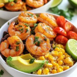 To make Chipotle Lime Shrimp Bowls, you'll need these key ingredients: - 1 lb shrimp, peeled and deveined - 2 tablespoons chipotle chili powder - 1 teaspoon garlic powder - 1 teaspoon ground cumin - 2 tablespoons olive oil - Juice and zest of 2 limes - 1 cup quinoa, rinsed - 2 cups vegetable broth (or water) - 1 cup corn, frozen or fresh - 1 avocado, sliced - 1 cup cherry tomatoes, halved - 1 cup black beans, drained and rinsed - Fresh cilantro, chopped (for garnish) - Salt and pepper to taste These ingredients work together to create a tasty and filling meal. The shrimp gets its kick from the chipotle chili powder. Lime juice adds a fresh touch that brightens the dish. If you need to swap some items, here are some easy options: - Use chicken or tofu instead of shrimp for different proteins. - Try brown rice or couscous instead of quinoa for variety. - If you can't find chipotle chili powder, smoked paprika gives a nice smoky flavor. - Use lime juice from a bottle if fresh limes are not available. These substitutions keep the meal fun and flexible. You can still capture the essence of the Chipotle Lime Shrimp Bowls. Each serving of these bowls is packed with nutrients. Here's what you can expect: - Calories: About 450 - Protein: 30g - Carbohydrates: 60g - Fiber: 12g - Fats: 15g These bowls provide a good balance of protein and healthy fats. Plus, the fiber from quinoa and beans helps you feel full longer. Enjoying these bowls is not just tasty but also healthy, making them a great choice for any meal. {{ingredient_image_1}} To make the shrimp tasty, start with marinating them. In a medium bowl, mix 1 pound of shrimp with 2 tablespoons of chipotle chili powder, 1 teaspoon of garlic powder, and 1 teaspoon of ground cumin. Add 2 tablespoons of olive oil, the juice and zest of 2 limes, salt, and pepper to the mix. Stir everything well until the shrimp are coated. Let this sit for at least 20 minutes. This step brings out the rich flavors. While the shrimp marinates, it's time to cook the quinoa. In a saucepan, bring 2 cups of vegetable broth to a boil. Once boiling, add 1 cup of rinsed quinoa. Reduce the heat to low, cover the pot, and let it simmer for about 15 minutes. The quinoa will absorb the liquid and become fluffy. After cooking, remove it from the heat and let it sit covered for another 5 minutes. This extra time helps make it light and airy. Now, let’s cook the shrimp. Heat a large skillet over medium heat. Once hot, add in the marinated shrimp. Cook them for about 2 to 3 minutes on each side. Look for the shrimp to turn pink and opaque. Be careful not to overcook them, or they may become tough. Once done, they are ready to use in your bowls. Assembling your bowls is the next step. Start with a base of fluffy quinoa. Top it with the cooked shrimp, corn, sliced avocado, halved cherry tomatoes, and black beans. Finish with a sprinkle of fresh cilantro and a squeeze of lime for extra zest. Enjoy your colorful and healthy meal! To cook shrimp just right, keep an eye on the time. Cook them for 2-3 minutes on each side. They should turn pink and opaque. Overcooking will make them tough. Use a skillet over medium heat for best results. Make sure the pan is hot before adding the shrimp. This will give them a nice sear. Marinating shrimp adds great depth to their taste. Combine chipotle chili powder, garlic powder, cumin, olive oil, and lime juice. Let the shrimp soak up these flavors for at least 20 minutes. Adjust the spice level based on your taste. If you want more heat, add extra chipotle powder. This marinade not only flavors the shrimp, but it also keeps them moist. Make your bowls pop with color and texture. Start with a base of fluffy quinoa. Layer the shrimp, corn, avocado, cherry tomatoes, and black beans on top. Use deep bowls for a beautiful display. Finish with fresh cilantro and a lime wedge on the side. This gives a fresh look and a bright flavor. Your guests will love the vibrant presentation! Pro Tips Marinate for Flavor: Allow the shrimp to marinate for at least 20 minutes to enhance the flavors. For even more depth, consider marinating overnight in the fridge. Cooking the Quinoa: Rinse the quinoa thoroughly before cooking to remove bitterness. Using vegetable broth instead of water will add extra flavor to the grains. Watch the Shrimp: Shrimp cooks quickly, so keep an eye on them. Once they turn pink and opaque, they are done. Overcooking can make them tough. Fresh Garnishes: Don't skip the fresh cilantro and lime juice at the end. They brighten the dish and add a refreshing contrast to the spicy shrimp. {{image_2}} You can easily make this dish vegetarian. Replace shrimp with hearty tofu or tempeh. Marinate them just like the shrimp. Use the same spices and lime juice for great flavor. Cook the tofu until golden and crisp. This swap keeps the meal tasty and satisfying. Feel free to add more veggies for color and nutrition. Bell peppers, zucchini, and spinach work well. Simply chop them into small pieces. Sauté them with the shrimp for a few minutes. This adds great texture and boosts the health factor of your bowl. Adjust the heat to your taste. If you love spice, add more chipotle chili powder. You can also include jalapeños or hot sauce. For a milder dish, cut back on the chili powder. Taste the marinade and tweak it until it suits you. To keep your Chipotle Lime Shrimp Bowls fresh, place leftovers in an airtight container. Make sure to let them cool to room temperature before sealing. Store them in the fridge for up to three days. This helps maintain flavor and texture. If you want to keep them longer, consider freezing. When it’s time to enjoy your leftovers, reheating is simple. You can use a microwave or stovetop. If using the microwave, place the bowl in and heat for one to two minutes. Stir halfway through to ensure even heating. If you use the stovetop, heat on low in a pan, stirring gently until warm. For meal prep, you can freeze individual portions. Use freezer-safe containers to avoid freezer burn. Separate the shrimp, quinoa, and toppings if possible, to keep everything fresh. Label with the date and use within three months for the best taste. When ready to eat, thaw overnight in the fridge before reheating. For this recipe, I recommend using large shrimp. They cook evenly and stay juicy. You can use fresh or frozen shrimp. If you choose frozen shrimp, make sure to thaw them before marinating. Look for shrimp that are peeled and deveined for ease. This saves you time in the kitchen and keeps the focus on flavor. Yes, you can swap quinoa for other grains. Brown rice, farro, or even couscous work well. Each grain brings its own taste and texture. Just make sure to adjust the cooking time and water based on the grain you choose. This allows you to customize the dish to your liking. To adjust the spice level, start with less chipotle chili powder. You can add more later if needed. For a milder dish, consider using sweet paprika instead. If you want more heat, add slices of fresh jalapeño or a dash of hot sauce. These tweaks let everyone enjoy the meal to their taste. This blog post covered how to create delicious Chipotle Lime Shrimp Bowls. We looked at key ingredients, marinating shrimp, cooking techniques, and more. You learned how to personalize the recipe and store leftovers for later use. These bowls offer a fun meal option that’s easy to make. Enjoy the flavors and share your creations with friends! Try the tips to make this dish your own. Happy cooking!