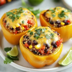 - 4 large bell peppers (any color) - 1 cup quinoa, rinsed - 2 cups vegetable broth - 1 can (15 oz) black beans, rinsed and drained - 1 cup corn kernels (fresh, frozen, or canned) - 1 cup diced tomatoes (canned or fresh) - 1 teaspoon cumin - 1 teaspoon chili powder - 1 teaspoon smoked paprika - Salt and pepper to taste - 1 cup shredded cheese (cheddar or a Mexican blend) - Fresh cilantro, chopped (for garnish) - Lime wedges (for serving) You can swap the quinoa with brown rice or couscous. If you're out of black beans, use kidney or pinto beans. Corn can be replaced with diced zucchini or carrots for a different taste. For a dairy-free option, skip the cheese or use a vegan cheese. If you don't have smoked paprika, regular paprika works well too. Each serving of these stuffed peppers offers a healthy balance. It has about 350 calories, 12 grams of protein, and 10 grams of fiber. The dish is rich in vitamins A and C, thanks to the colorful peppers. It’s also low in saturated fat, making it a great meal choice for a balanced diet. {{ingredient_image_1}} 1. Preheat your oven. Set it to 375°F (190°C). This helps cook the peppers evenly. 2. Cook the quinoa. In a medium saucepan, add 1 cup of rinsed quinoa and 2 cups of vegetable broth. Bring it to a boil, then lower the heat to simmer. Cover and cook for about 15 minutes, or until the liquid is gone. Fluff it with a fork and set aside. 3. Prepare the bell peppers. Slice off the tops of 4 large bell peppers. Remove all seeds and white parts inside. Lightly brush the outside with olive oil. Stand them upright in a baking dish. 4. Mix the filling. In a large bowl, combine the cooked quinoa, 1 can of black beans (rinsed and drained), 1 cup of corn, and 1 cup of diced tomatoes. Add 1 teaspoon of cumin, chili powder, and smoked paprika. Season with salt and pepper. Stir well until everything is mixed. 5. Stuff the peppers. Fill each bell pepper with the quinoa mixture. Press down gently to pack it in. Make sure they are filled to the top. 6. Add cheese. Top each pepper with 1 cup of shredded cheese. This will melt and create a nice layer on top. 7. Bake the peppers. Cover the baking dish with aluminum foil. Bake for 25 minutes. Remove the foil and continue baking for another 10-15 minutes. Look for melted and bubbling cheese. 8. Cool and garnish. Take the peppers out of the oven. Let them cool for a few minutes. Sprinkle chopped cilantro on top and serve with lime wedges for extra flavor. - Choose fresh peppers. Look for firm, shiny bell peppers. They should feel heavy for their size. - Don’t overstuff. Leave a little space at the top. This helps the cheese melt and bubble nicely. - Mix in extras. Feel free to add more veggies or spices to the filling for extra flavor. - Use different cheeses. Try Monterey Jack or a Mexican blend for varied taste. With these steps, you will create a colorful and delicious dish that’s healthy and packed with flavor. Enjoy your cooking! To cook quinoa perfectly, start with rinsing it well. This step removes the bitter coating called saponin. Use one part quinoa to two parts vegetable broth for great flavor. Bring the broth to a boil, then lower the heat and cover. Let it simmer for about 15 minutes. Once the broth is gone, fluff the quinoa with a fork. This keeps it light and airy. When picking bell peppers, choose ones that are firm and shiny. Any color works, but red, yellow, and orange add sweetness. Cut the tops off and remove seeds gently. Brushing olive oil on the outside helps them roast evenly. Make sure to stand them upright in the baking dish for even cooking. This keeps the stuffing from spilling out. Serve your stuffed peppers with lime wedges. Squeezing fresh lime on top adds a bright kick. You can also pair them with a green salad or rice. If you want more spice, add hot sauce or jalapeños. For a fun twist, top with avocado slices or extra cheese. These ideas make your meal more delightful and colorful. Pro Tips Choose Colorful Peppers: Using a mix of red, yellow, and green bell peppers not only makes your dish visually appealing but also adds a variety of flavors. Customize the Spices: Feel free to adjust the spices according to your taste. Adding more chili powder can give it an extra kick! Make it Ahead: Prepare the quinoa and stuffing a day ahead and store them separately in the fridge for a quicker assembly when you're ready to bake. Experiment with Toppings: Besides cheese, consider adding avocado slices or a dollop of sour cream on top for a creamy contrast to the spicy filling. {{image_2}} You can add protein to the quinoa stuffed peppers for extra flavor and nutrition. Try adding cooked chicken, turkey, or even shrimp. If you use chicken, shred it and mix it with the quinoa. For turkey, you can sauté it first with spices. These proteins blend well with the other ingredients. This recipe is easy to make vegetarian or vegan. Simply skip the cheese or use a plant-based cheese. You can also add more veggies, like zucchini or mushrooms, to the filling. This keeps the dish fresh and colorful. Another great option is to use tofu. Just crumble it and mix it in with the quinoa. If you like your food spicy, add more chili powder or some diced jalapeños. You can also use cayenne pepper for a kick. For a milder flavor, reduce the chili powder or skip it. Adding fresh herbs like cilantro can also enhance the taste without extra heat. Adjust the spice level to suit your taste buds! After enjoying your Mexican quinoa stuffed peppers, let them cool down. Place any leftovers in an airtight container. They will stay fresh in the fridge for up to four days. Keep the peppers whole for best taste. To reheat your stuffed peppers, place them in the oven. Set the oven to 350°F (175°C). Bake for about 15 to 20 minutes or until warm. You can also use a microwave. Heat them for about 2 to 3 minutes, checking often. If you want to save some peppers for later, freezing is a great option. Wrap each stuffed pepper tightly in plastic wrap. Then place them in a freezer bag. They can last up to three months in the freezer. When ready to eat, thaw them in the fridge overnight. Reheat as mentioned above for a tasty meal! I like to use large bell peppers for this dish. They are sweet and crisp. You can pick any color: red, yellow, green, or orange. Each one adds a fun look and taste. If you want a bit of spice, try poblano peppers. They add a nice kick and work well too. Yes, you can prepare these stuffed peppers in advance. Cook the quinoa and mix it with other ingredients. Stuff the peppers and cover them. Store them in the fridge for one day before baking. When you’re ready to eat, bake them as the recipe says. This makes meal prep easy and saves time. Stuffed peppers are great on their own, but you can add sides for more flavor. Try serving them with a fresh salad or garlic bread. A side of rice complements the peppers well, too. You can also drizzle some salsa or avocado on top for extra taste. These options make the meal more fun and filling. This article has covered tasty stuffed peppers. You learned about key ingredients, step-by-step cooking, and tips for perfecting your meal. You also explored variations, storage, and common questions. Remember, stuffed peppers can change with your taste. Use different proteins or spices to make them yours. Enjoy trying new ideas and serving them fresh. Experiment and have fun, and your stuffed peppers will shine at every meal.