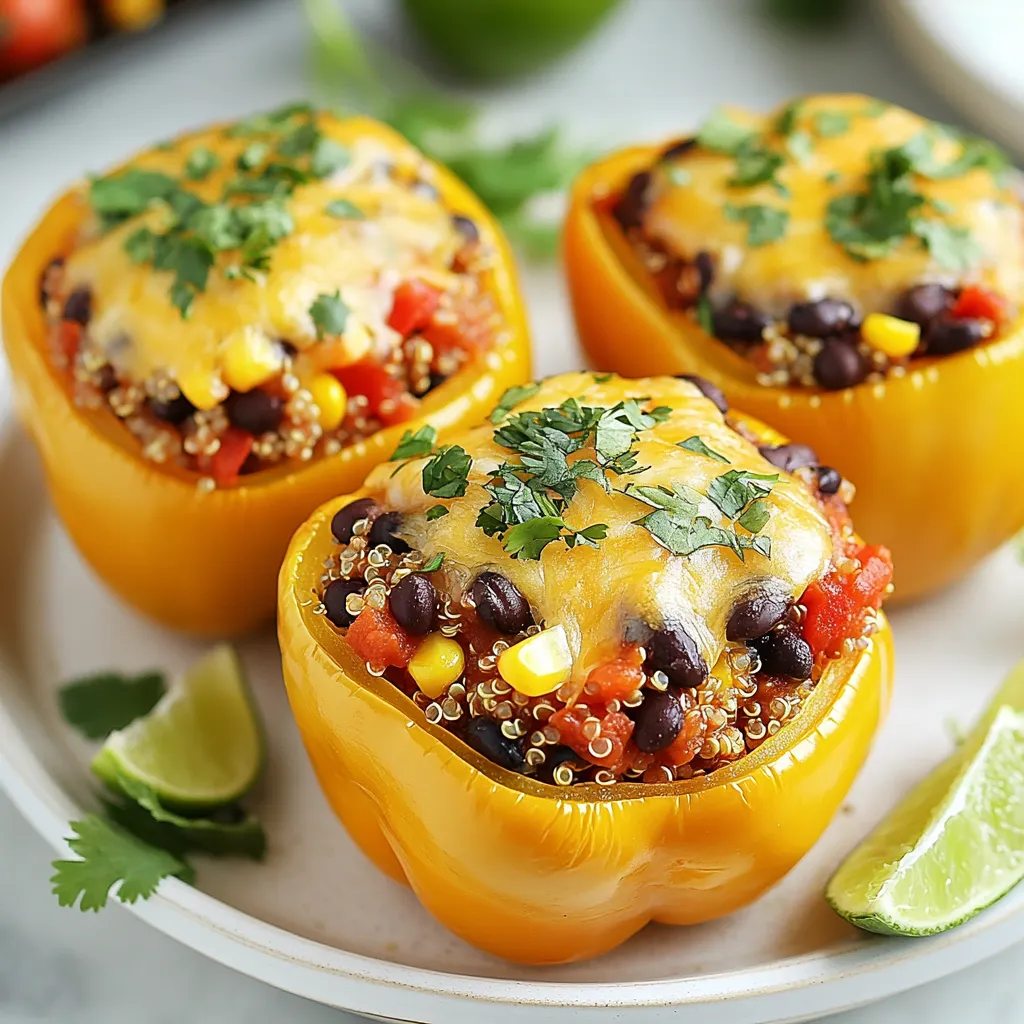 - 4 large bell peppers (any color) - 1 cup quinoa, rinsed - 2 cups vegetable broth - 1 can (15 oz) black beans, rinsed and drained - 1 cup corn kernels (fresh, frozen, or canned) - 1 cup diced tomatoes (canned or fresh) - 1 teaspoon cumin - 1 teaspoon chili powder - 1 teaspoon smoked paprika - Salt and pepper to taste - 1 cup shredded cheese (cheddar or a Mexican blend) - Fresh cilantro, chopped (for garnish) - Lime wedges (for serving) You can swap the quinoa with brown rice or couscous. If you're out of black beans, use kidney or pinto beans. Corn can be replaced with diced zucchini or carrots for a different taste. For a dairy-free option, skip the cheese or use a vegan cheese. If you don't have smoked paprika, regular paprika works well too. Each serving of these stuffed peppers offers a healthy balance. It has about 350 calories, 12 grams of protein, and 10 grams of fiber. The dish is rich in vitamins A and C, thanks to the colorful peppers. It’s also low in saturated fat, making it a great meal choice for a balanced diet. {{ingredient_image_1}} 1. Preheat your oven. Set it to 375°F (190°C). This helps cook the peppers evenly. 2. Cook the quinoa. In a medium saucepan, add 1 cup of rinsed quinoa and 2 cups of vegetable broth. Bring it to a boil, then lower the heat to simmer. Cover and cook for about 15 minutes, or until the liquid is gone. Fluff it with a fork and set aside. 3. Prepare the bell peppers. Slice off the tops of 4 large bell peppers. Remove all seeds and white parts inside. Lightly brush the outside with olive oil. Stand them upright in a baking dish. 4. Mix the filling. In a large bowl, combine the cooked quinoa, 1 can of black beans (rinsed and drained), 1 cup of corn, and 1 cup of diced tomatoes. Add 1 teaspoon of cumin, chili powder, and smoked paprika. Season with salt and pepper. Stir well until everything is mixed. 5. Stuff the peppers. Fill each bell pepper with the quinoa mixture. Press down gently to pack it in. Make sure they are filled to the top. 6. Add cheese. Top each pepper with 1 cup of shredded cheese. This will melt and create a nice layer on top. 7. Bake the peppers. Cover the baking dish with aluminum foil. Bake for 25 minutes. Remove the foil and continue baking for another 10-15 minutes. Look for melted and bubbling cheese. 8. Cool and garnish. Take the peppers out of the oven. Let them cool for a few minutes. Sprinkle chopped cilantro on top and serve with lime wedges for extra flavor. - Choose fresh peppers. Look for firm, shiny bell peppers. They should feel heavy for their size. - Don’t overstuff. Leave a little space at the top. This helps the cheese melt and bubble nicely. - Mix in extras. Feel free to add more veggies or spices to the filling for extra flavor. - Use different cheeses. Try Monterey Jack or a Mexican blend for varied taste. With these steps, you will create a colorful and delicious dish that’s healthy and packed with flavor. Enjoy your cooking! To cook quinoa perfectly, start with rinsing it well. This step removes the bitter coating called saponin. Use one part quinoa to two parts vegetable broth for great flavor. Bring the broth to a boil, then lower the heat and cover. Let it simmer for about 15 minutes. Once the broth is gone, fluff the quinoa with a fork. This keeps it light and airy. When picking bell peppers, choose ones that are firm and shiny. Any color works, but red, yellow, and orange add sweetness. Cut the tops off and remove seeds gently. Brushing olive oil on the outside helps them roast evenly. Make sure to stand them upright in the baking dish for even cooking. This keeps the stuffing from spilling out. Serve your stuffed peppers with lime wedges. Squeezing fresh lime on top adds a bright kick. You can also pair them with a green salad or rice. If you want more spice, add hot sauce or jalapeños. For a fun twist, top with avocado slices or extra cheese. These ideas make your meal more delightful and colorful. Pro Tips Choose Colorful Peppers: Using a mix of red, yellow, and green bell peppers not only makes your dish visually appealing but also adds a variety of flavors. Customize the Spices: Feel free to adjust the spices according to your taste. Adding more chili powder can give it an extra kick! Make it Ahead: Prepare the quinoa and stuffing a day ahead and store them separately in the fridge for a quicker assembly when you're ready to bake. Experiment with Toppings: Besides cheese, consider adding avocado slices or a dollop of sour cream on top for a creamy contrast to the spicy filling. {{image_2}} You can add protein to the quinoa stuffed peppers for extra flavor and nutrition. Try adding cooked chicken, turkey, or even shrimp. If you use chicken, shred it and mix it with the quinoa. For turkey, you can sauté it first with spices. These proteins blend well with the other ingredients. This recipe is easy to make vegetarian or vegan. Simply skip the cheese or use a plant-based cheese. You can also add more veggies, like zucchini or mushrooms, to the filling. This keeps the dish fresh and colorful. Another great option is to use tofu. Just crumble it and mix it in with the quinoa. If you like your food spicy, add more chili powder or some diced jalapeños. You can also use cayenne pepper for a kick. For a milder flavor, reduce the chili powder or skip it. Adding fresh herbs like cilantro can also enhance the taste without extra heat. Adjust the spice level to suit your taste buds! After enjoying your Mexican quinoa stuffed peppers, let them cool down. Place any leftovers in an airtight container. They will stay fresh in the fridge for up to four days. Keep the peppers whole for best taste. To reheat your stuffed peppers, place them in the oven. Set the oven to 350°F (175°C). Bake for about 15 to 20 minutes or until warm. You can also use a microwave. Heat them for about 2 to 3 minutes, checking often. If you want to save some peppers for later, freezing is a great option. Wrap each stuffed pepper tightly in plastic wrap. Then place them in a freezer bag. They can last up to three months in the freezer. When ready to eat, thaw them in the fridge overnight. Reheat as mentioned above for a tasty meal! I like to use large bell peppers for this dish. They are sweet and crisp. You can pick any color: red, yellow, green, or orange. Each one adds a fun look and taste. If you want a bit of spice, try poblano peppers. They add a nice kick and work well too. Yes, you can prepare these stuffed peppers in advance. Cook the quinoa and mix it with other ingredients. Stuff the peppers and cover them. Store them in the fridge for one day before baking. When you’re ready to eat, bake them as the recipe says. This makes meal prep easy and saves time. Stuffed peppers are great on their own, but you can add sides for more flavor. Try serving them with a fresh salad or garlic bread. A side of rice complements the peppers well, too. You can also drizzle some salsa or avocado on top for extra taste. These options make the meal more fun and filling. This article has covered tasty stuffed peppers. You learned about key ingredients, step-by-step cooking, and tips for perfecting your meal. You also explored variations, storage, and common questions. Remember, stuffed peppers can change with your taste. Use different proteins or spices to make them yours. Enjoy trying new ideas and serving them fresh. Experiment and have fun, and your stuffed peppers will shine at every meal.