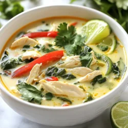 To make this soup, gather these fresh items: - 1 pound boneless, skinless chicken breasts - 1 onion, diced - 3 cloves garlic, minced - 1 inch ginger, grated - 1 red bell pepper, diced - 1-2 green chilies, sliced - Juice and zest of 2 limes - 1 cup baby spinach or kale - Fresh cilantro, for garnish These fresh ingredients pack a punch of flavor. The chicken brings protein, while the veggies add color and nutrients. Lime juice and zest give the soup a bright, tangy kick. Next, check your pantry for these staples: - 1 can (14 oz) coconut milk - 4 cups chicken broth - 1 tablespoon olive oil - Salt and pepper to taste - 1 tablespoon fish sauce (optional) Coconut milk adds creaminess. Chicken broth forms the base of the soup. Olive oil helps sauté the onions and garlic, bringing depth to the flavor. You might want to add a few optional items for extra flair: - Fish sauce or soy sauce for umami - More lime juice for extra tang - Extra spices like cumin or coriander for warmth These optional ingredients let you customize the soup to your taste. Don’t be afraid to experiment! Adjust the spice levels or add more lime for a unique twist. {{ingredient_image_1}} To start, heat the olive oil in a large pot over medium heat. Add the diced onion. Sauté the onion until it turns clear, about five minutes. Next, add the minced garlic and grated ginger. Cook them for one more minute until they smell great. Then, stir in the diced red bell pepper and sliced green chilies. Cook this mix for three to four minutes until the bell pepper softens. Now, it’s time for the chicken. Cut the boneless, skinless chicken breasts into small pieces. Add the chicken to the pot. Cook until the chicken turns white and is no longer pink, which takes about five to seven minutes. Pour the chicken broth and the coconut milk into the pot. Stir well to blend everything together. Bring the soup to a gentle simmer. Add the lime juice, lime zest, and fish sauce if you like. Season with salt and pepper to your taste. Let the soup simmer for ten to fifteen minutes. This allows the flavors to mix and the chicken to cook fully. Just before serving, stir in the baby spinach or kale for a fresh touch. Taste your soup and adjust the seasoning if needed. Serve hot, garnished with fresh cilantro and lime wedges on the side for a bright, zesty finish. To boost the taste of your soup, use fresh lime juice and zest. They add a bright flavor. You can also add a pinch of sugar to balance the lime’s tartness. For extra depth, consider using fish sauce or soy sauce. They add umami and richness. Don’t forget salt and pepper; they help bring all the flavors together. Start by sautéing your onion until it turns clear. This brings out its sweet flavor. Add garlic and ginger next for a fragrant base. It’s key to cook these until they smell nice. When you add the chicken, cut it into small pieces. This helps it cook quickly and evenly. Let the soup simmer for about 10-15 minutes. This allows the chicken to cook fully and the flavors to mix well. Serve the soup hot in bowls. Garnish with fresh cilantro for a pop of color. Add lime wedges on the side for those who want extra zing. You can also pair it with rice or crusty bread. Both make for a filling meal. If you like heat, top with sliced green chilies. Enjoy your comforting bowl of goodness! Pro Tips Use Fresh Ingredients: Fresh lime juice and zest enhance the soup's flavor significantly. Always opt for fresh over bottled for the best taste. Adjust Spice Level: Tailor the heat of the soup by varying the number of green chilies. Start with one and add more if you prefer a spicier kick. Protein Variations: Feel free to swap the chicken for shrimp or tofu, making this soup versatile for different dietary preferences. Garnish for Flavor: Fresh cilantro not only adds color but also enhances the flavor profile. Don’t skip this step for a more vibrant dish! {{image_2}} You can easily make a vegetarian version of this soup. Just swap the chicken for tofu. Use firm tofu for the best texture. Cut it into bite-sized cubes. Sauté the tofu in olive oil until golden brown. Add it to the soup when you combine the coconut milk and broth. This keeps the tofu tender while adding great flavor. Feel free to add more vegetables to your soup. Carrots, zucchini, or snap peas work well. Chop them into small pieces. Add them to the pot along with the bell pepper. This boosts nutrition and makes the soup even more colorful. The more veggies, the more flavor you get! You can change the spice level to match your taste. If you like it mild, use fewer green chilies. For more heat, add extra chilies or a pinch of red pepper flakes. Taste the soup as it cooks. This way, you can find your perfect balance. Everyone has different spice preferences, so customize it for you! Store your Coconut Lime Chicken Soup in an airtight container. Let it cool down first. It lasts up to three days in the fridge. Make sure to label the container with the date. When you’re ready to eat, check for any signs of spoilage. To freeze the soup, use freezer-safe bags or containers. Leave some space at the top for expansion. It can stay fresh for up to three months in the freezer. When you are ready to enjoy it again, thaw it in the fridge overnight. Reheat the soup on the stove over medium heat. Stir it often to avoid sticking. If it seems too thick, add a little chicken broth or water. You can also microwave it in a bowl, covering it to prevent splatters. Just make sure it’s heated all the way through before serving. Yes, Coconut Lime Chicken Soup is gluten-free. The main ingredients, like chicken, coconut milk, and vegetables, do not contain gluten. If you use soy sauce as a substitute for fish sauce, choose a gluten-free version. Always check labels for any hidden gluten. You can definitely make this soup in advance. It tastes even better after sitting for a day. Just let it cool, then store it in a sealed container in the fridge. When you’re ready to eat, heat it on the stove until warm. If you want to keep it longer, freeze it for up to three months. If you don’t have chicken broth, you can use vegetable broth. It adds a nice flavor and keeps it vegetarian-friendly. Water can work in a pinch, but it may lack depth. You can also add herbs or spices to boost the taste if you use water. This blog post covered all you need to know for Coconut Lime Chicken Soup. We discussed fresh ingredients and pantry staples. You learned step-by-step instructions for a tasty soup. I shared cooking tips to boost flavor and suggested fun variations, like a vegetarian option. Remember to follow the storage guidelines for freshness. Enjoy making your soup, and get creative with your twists. Now you have all the tools to impress with a delicious meal. Happy cooking!