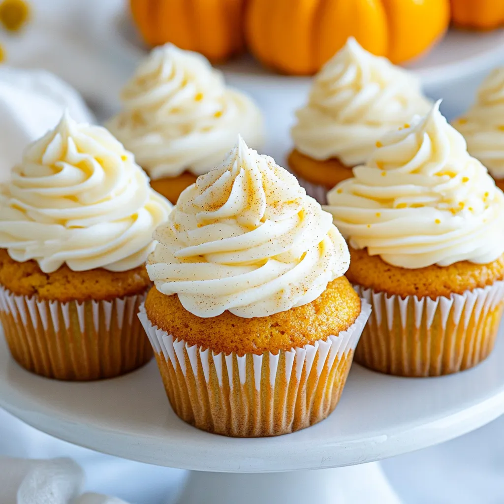 To make these pumpkin spice latte cupcakes, you need the following: - 1 cup all-purpose flour - 1/2 cup granulated sugar - 1/2 cup brown sugar, packed - 1 teaspoon baking powder - 1/2 teaspoon baking soda - 1/2 teaspoon salt - 1 tablespoon pumpkin spice mix (or a blend of cinnamon, nutmeg, and cloves) - 1/2 cup unsweetened pumpkin puree - 1/4 cup brewed coffee, cooled - 1/4 cup vegetable oil - 2 large eggs - 1 teaspoon vanilla extract - 1/2 cup cream cheese, softened (for frosting) - 1/4 cup unsalted butter, softened (for frosting) - 1 cup powdered sugar (for frosting) - Additional pumpkin spice for topping Each ingredient plays a key role in the flavor and texture of the cupcakes. If you need substitutes: - Use whole wheat flour for a healthier option. - Coconut sugar can replace brown sugar. - If you don’t have brewed coffee, strong tea is a good swap. - For a dairy-free option, try almond cream cheese for frosting. Quality ingredients make a big difference in flavor. Look for: - Fresh spices; they should smell strong and fragrant. - Pure pumpkin puree, not pie filling, which has added sugar. - Fresh eggs; check the sell-by date for freshness. - Good quality coffee; it enhances the latte flavor well. These choices will ensure your cupcakes taste amazing! {{ingredient_image_1}} Start by preheating your oven to 350°F (175°C). This temperature helps the cupcakes rise well. Next, line a 12-cup muffin tin with paper liners. This makes it easy to remove the cupcakes later. In a large bowl, whisk together the following dry ingredients: - 1 cup all-purpose flour - 1/2 cup granulated sugar - 1/2 cup brown sugar, packed - 1 teaspoon baking powder - 1/2 teaspoon baking soda - 1/2 teaspoon salt - 1 tablespoon pumpkin spice mix Mix these well until they blend nicely. This step adds flavor and texture. In another bowl, combine: - 1/2 cup unsweetened pumpkin puree - 1/4 cup brewed coffee, cooled - 1/4 cup vegetable oil - 2 large eggs - 1 teaspoon vanilla extract Stir this mixture until smooth. The wet ingredients add moisture and rich taste. Now, slowly add the wet mixture to the dry ingredients. Stir gently until just combined. Do not over-mix; this keeps the cupcakes soft. Next, divide the batter among the muffin cups, filling each about two-thirds full. Bake in the preheated oven for 20-25 minutes. To check if they’re done, insert a toothpick into the center. If it comes out clean, they are ready! While the cupcakes cool, make the frosting. In a bowl, beat together: - 1/2 cup cream cheese, softened - 1/4 cup unsalted butter, softened Mix until creamy. Gradually add: - 1 cup powdered sugar Continue mixing until the frosting is smooth and fluffy. Once the cupcakes are completely cool, it’s time to frost them. Use a spatula or knife to spread the cream cheese frosting generously on top. For a finishing touch, sprinkle a pinch of additional pumpkin spice on each cupcake. This adds a nice look and extra flavor! When baking pumpkin spice latte cupcakes, a few mistakes can happen. First, do not over-mix your batter. Stir just until the wet and dry ingredients blend. Over-mixing can make the cupcakes tough. Next, ensure your oven is preheated. This helps the cupcakes rise evenly. Use an oven thermometer to check the temperature. Finally, check your cupcakes early. Baking times may vary by oven. A toothpick should come out clean when done. Follow these best practices to get great results. Start with room temperature eggs and butter. This helps mix better and creates a nice texture. Use a light hand when filling muffin cups. Aim for two-thirds full to allow room for rising. Use paper liners to make removal easy. Let the cupcakes cool in the pan for only five minutes. This helps them stay moist. Moist cupcakes are a must. Use unsweetened pumpkin puree; it adds moisture and flavor. Also, the brewed coffee enhances taste and keeps them soft. Vegetable oil works well for moisture too. If you want even more moisture, try adding a bit of sour cream. Remember to cool the cupcakes completely before frosting. Frosting on warm cupcakes can melt and ruin the look. Pro Tips Use Fresh Pumpkin Spice Mix: For the best flavor, consider making your own pumpkin spice mix using fresh ground spices. This enhances the aromatic flavors in your cupcakes. Check for Doneness: Ovens can vary, so start checking your cupcakes at the 20-minute mark. They are done when a toothpick inserted in the center comes out clean. Frosting Consistency: Make sure your cream cheese and butter are at room temperature to achieve a smooth and fluffy frosting. This prevents lumps and ensures even spreading. Cool Completely: Allow the cupcakes to cool completely before frosting to prevent the frosting from melting and sliding off, keeping your presentation neat. {{image_2}} You can change the frosting to match your taste. Try using a chocolate frosting instead of cream cheese. This adds a rich layer to your cupcakes. You can also make a whipped cream topping for a lighter feel. A maple buttercream would also pair nicely with the pumpkin spice. Each option offers a new twist on flavor. Want to make your cupcakes even more special? Add chocolate chips to the batter for a sweet surprise. Drizzle caramel sauce on top for a sweet touch. You could even mix in some chopped nuts for crunch. These small changes can create new flavors and textures. You can easily make these cupcakes gluten-free. Use a gluten-free flour blend instead of all-purpose flour. For a dairy-free option, swap the cream cheese for a dairy-free cream cheese. Use coconut oil or almond milk in place of butter and milk. Everyone can enjoy these treats, no matter their diet. To keep your pumpkin spice latte cupcakes fresh, store them in an airtight container. This protects them from air and moisture. You can layer them with parchment paper to avoid sticking. If you have frosting, store them in the fridge to maintain the cream cheese texture. You can freeze these cupcakes for later enjoyment. First, let them cool completely. Then, wrap each cupcake in plastic wrap. Place them in a freezer-safe bag or container. This keeps them fresh for up to three months. For refrigeration, place them in the fridge in an airtight container. They will stay tasty for about five days. For the best flavor, eat the cupcakes within three days at room temperature. If refrigerated, they are best within five days. If frozen, thaw them overnight in the fridge before serving. This helps to keep their taste and texture just right. Yes, you can make these cupcakes ahead of time. Bake them and cool them completely. Store the cupcakes in an airtight container at room temperature for two days. If you want to keep them longer, place them in the fridge for up to a week. Frost them just before serving for the best taste and look. If you don’t have pumpkin puree, you can use applesauce. This will keep the texture moist. You can also use mashed banana, but this will change the flavor a bit. Another option is to use sweet potato puree. Each option adds its unique taste to the cupcakes. To adjust the sweetness, you can reduce the sugar. Try cutting the granulated sugar or brown sugar by a quarter. If you want sweeter cupcakes, add a bit more powdered sugar to the frosting. Taste as you go to find the right balance for you. Yes, these cupcakes are nut-free if you use safe ingredients. The recipe does not include nuts. Always check your baking powder and vanilla to ensure they are nut-free. You can enjoy these delicious treats without worry! You now have all the steps to bake perfect cupcakes. We covered essential ingredients, measurements, and how to pick quality items. I shared step-by-step instructions to bake, frost, and garnish your treats. Avoiding common mistakes is key, along with tips for moist cupcakes. Variations let you explore flavors or make them healthier. Lastly, I provided storage info for keeping them fresh. Enjoy baking, and don’t fear experimenting with new flavors! Your cupcakes will wow everyone.