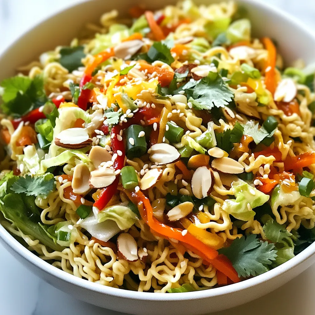 - 2 packages of instant ramen noodles (without the seasoning packets) - 1 cup shredded green cabbage - 1 cup shredded carrots - 1 red bell pepper, thinly sliced - 1/2 cup green onions, chopped - 1/4 cup slivered almonds - 1/4 cup sunflower seeds - 1/2 cup freshly chopped cilantro These ingredients are key for a crunchy and fresh salad. The ramen noodles add texture. Fresh veggies provide color and flavor. Nuts and seeds give that satisfying crunch. - 1/4 cup vegetable oil - 3 tablespoons rice vinegar - 3 tablespoons soy sauce (or tamari for gluten-free) - 1 tablespoon honey or maple syrup - 1 teaspoon sesame oil - Salt and pepper to taste The dressing brings everything together. It adds zest and depth. The sweetener balances the tangy flavors. You can adjust the salt and pepper to suit your taste. - Additional sesame seeds - Extra green onions - Fresh cilantro Garnishes make your salad look great. They also add extra flavor. Sprinkle these on just before serving for a nice touch. {{ingredient_image_1}} - Boiling the noodles: Start by bringing a large pot of water to a boil. Carefully add 2 packages of instant ramen noodles. Cook them for 3 to 4 minutes. You want them to be al dente, not mushy. - Rinsing and cooling: Once cooked, drain the noodles in a colander. Rinse them under cold water. This stops the cooking and helps cool the noodles down. Set them aside in a bowl. - Mixing the dressing ingredients: In a small bowl, add 1/4 cup of vegetable oil, 3 tablespoons of rice vinegar, and 3 tablespoons of soy sauce. If you want a touch of sweetness, mix in 1 tablespoon of honey or maple syrup. Add 1 teaspoon of sesame oil and a pinch of salt and pepper. Whisk everything together until it's well combined. - Mixing vegetables with noodles: In a large mixing bowl, add 1 cup of shredded green cabbage, 1 cup of shredded carrots, and 1 thinly sliced red bell pepper. Toss in 1/2 cup of chopped green onions, 1/2 cup of freshly chopped cilantro, 1/4 cup of slivered almonds, and 1/4 cup of sunflower seeds. - Tossing the dressing: Now, add the cooled ramen noodles to the bowl of veggies. Pour the dressing over everything. Gently toss all the ingredients together until they are evenly coated. - Recommended chilling time: For the best taste, let the salad chill in the fridge for at least 30 minutes. This time allows the flavors to blend together. - Final touches before serving: Before you serve, give the salad another good toss. Taste it and adjust the seasoning if needed. Add more salt, pepper, or a bit more vinegar if you like. Serve in a big bowl or individual portions. Enjoy the crunch! To make your Crunchy Ramen Noodle Salad even tastier, you can adjust the seasoning. Start with the dressing. If you want it sweeter, add more honey or maple syrup. For a tangy kick, a splash more rice vinegar works well. Don’t forget to taste! This helps ensure you get the perfect balance of flavors. For serving suggestions, I love adding extra garnishes. Fresh cilantro and sliced green onions add color and flavor. You can also sprinkle on sesame seeds for extra crunch. Serve in a big bowl or individual plates for a nice touch. If you have leftovers, store them in an airtight container. This keeps the salad fresh. It’s best to store the dressing separately. This way, the noodles and veggies stay crunchy. If you mix them all together, they can get soggy. To maintain that lovely crunch, keep the nuts and seeds separate until serving. Add them just before you eat. This keeps everything nice and crispy. Prepping ingredients ahead of time can save you effort later. Chop the veggies the night before. You can also make the dressing in advance. Just store it in the fridge until you need it. If you’re short on time, consider using store-bought items. Pre-shredded cabbage and carrots are great options. They save you time and still taste fresh. This way, you can enjoy your salad with ease and speed! Pro Tips Crunch Factor: For extra crunch, consider adding crispy chow mein noodles or toasted pumpkin seeds just before serving. Flavor Boost: Experiment with adding a teaspoon of chili paste or Sriracha to the dressing for a spicy kick! Make Ahead: This salad can be made a day in advance; just keep the dressing separate until you’re ready to serve to maintain the crunchiness. Vegetable Variations: Feel free to mix in other vegetables like snap peas, cucumber, or radishes for added color and nutrition. {{image_2}} You can make your Crunchy Ramen Noodle Salad even better with protein. Here are some great options: - Chicken: Cook and shred some chicken breast. It adds a nice flavor and texture. - Shrimp: Sauté shrimp until pink. They will give the salad a fresh taste. - Tofu: For a vegetarian or vegan option, use firm tofu. Cube it and pan-fry for added taste. These add-ins work well with the salad's crunch. They make it filling and tasty. Feel free to play with the veggies in your salad. You can use seasonal vegetables for freshness. Here are some ideas: - Cucumbers: They add a cool crunch. - Broccoli: Lightly steamed, it gives a nice texture. - Snap peas: They add sweetness and a crisp bite. If you want convenience, frozen veggies work too. Just thaw them and add to the mix. They save time and still taste great. Some people may need a nut-free salad. No problem! You can swap out the slivered almonds and sunflower seeds. Here are some substitutes: - Pumpkin seeds: They offer a similar crunch and flavor. - Sesame seeds: These can add a nice nutty flavor without nuts. - Roasted chickpeas: These give a crunchy texture and are high in protein. These options keep your salad tasty and safe for everyone. This recipe makes 4 to 6 servings. Each serving is about 1 to 1.5 cups of salad. Each serving has around 200-250 calories. Here’s a simple breakdown of macronutrients: - Carbohydrates: 28g - Protein: 5g - Fat: 10g These numbers can change based on the specific brands of ingredients used. The salad has many healthy ingredients. Here are some highlights: - Cabbage: Great source of vitamins K and C. It also has fiber for good digestion. - Carrots: Packed with beta-carotene, good for your eyes. - Red Bell Pepper: Full of antioxidants and vitamin A. - Almonds and Sunflower Seeds: Provide healthy fats and protein. - Cilantro: May help detoxify and adds fresh flavor. This salad is not only tasty but also full of nutrients! Yes, you can make this salad ahead of time. To prepare it in advance, follow these tips: - Prep the ingredients: Cut the veggies and make the dressing a day before. - Store separately: Keep the noodles, veggies, and dressing in separate containers. This will help maintain each ingredient's freshness. - Mix before serving: Combine everything just before you serve. This keeps the crunch intact and flavors fresh. If you want to swap out ramen noodles, here are some great options: - Rice noodles: These cook quickly and add a nice texture. - Soba noodles: Made from buckwheat, they offer a unique flavor. - Zucchini noodles: For a low-carb option, use spiralized zucchini. - Whole grain pasta: A healthier twist that still has a good bite. Definitely! This salad is perfect for meal prep. Here are some tips to make it easy: - Portion out servings: Use meal prep containers to divide the salad into portions. - Add dressing later: Keep the dressing separate until you’re ready to eat. This helps keep the salad fresh. - Store in the fridge: The salad lasts well for up to three days in the fridge. Just remember to toss it well before serving. This blog post covered a fun and tasty Crunchy Ramen Noodle Salad. We explored the main ingredients, dressing options, and garnishes. I shared step-by-step instructions on cooking, mixing, and serving. Tips helped you enhance flavor and store leftovers. We also looked at variations and health benefits. Now, enjoy making this salad your own! Experiment with proteins and veggies. The possibilities are endless.