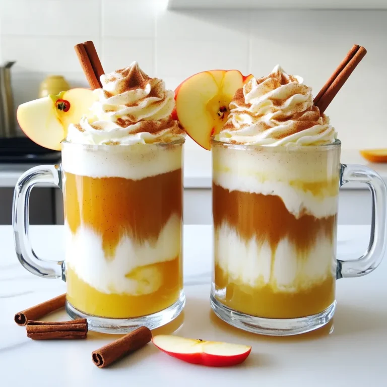 To make a Chai Spiced Apple Cider Latte, you will need: - 2 cups apple cider - 1 cup milk (dairy or plant-based) - 1 tablespoon chai tea blend (or 1 chai tea bag) - 1 teaspoon ground cinnamon - ½ teaspoon ground ginger - ¼ teaspoon ground cloves - ¼ teaspoon nutmeg - 1-2 tablespoons honey or maple syrup (adjust to taste) - Whipped cream (for topping, optional) - Apple slices and cinnamon stick (for garnish, optional) You can swap ingredients if you need to! Use any milk you like. Almond milk or oat milk works well. Instead of honey, try agave syrup or stevia for sweetness. You can also switch chai tea blend for spiced herbal tea if you prefer. If you don’t have cloves, using allspice can add a nice touch too. For the best flavor, I recommend using organic apple cider. It tastes fresh and pure. For chai tea, brands like Rishi or Stash offer great blends. If you use milk alternatives, try brands like Oatly or Silk for creamy textures. Whipped cream can be from Reddi-wip or a homemade version if you want to be fancy. This drink not only warms you up but also fills your home with a lovely scent. Enjoy crafting this cozy beverage! 1. Start by pouring 2 cups of apple cider into a small pot. 2. Add 1 tablespoon of chai tea blend or 1 chai tea bag to the pot. 3. Heat the pot over medium heat. Let it simmer for about 5 minutes. 4. Remove the pot from heat. Strain out the tea leaves or take out the tea bag. 5. In another small saucepan, heat 1 cup of milk over medium heat. 6. Make sure the milk is warm but do not let it boil. 7. Whisk the milk vigorously to create some froth, or use a milk frother. 8. Stir in 1-2 tablespoons of honey or maple syrup, ground cinnamon, ginger, cloves, nutmeg, and a pinch of salt into the warm milk. 9. Mix everything well until combined. 10. Pour the spiced apple cider into a mug. 11. Slowly add the chai spiced milk on top of the cider. 12. If you like, top your drink with whipped cream. 13. For garnish, add apple slices and a cinnamon stick. - When you heat the apple cider, keep an eye on it. You want it warm, not boiling. - For the milk, whisking helps to add air and makes it frothy. - If using honey, warm it slightly to help it dissolve better in the milk. - Layering the cider and milk creates a pretty drink. Pour slowly to keep the layers. - A small pot for heating the apple cider. - A small saucepan for the milk. - A whisk or milk frother for frothing the milk. - A strainer to remove tea leaves. - A large mug to serve your drink. - Optional: Clear glass mugs to show off the layers. To get the best flavor from your chai spiced apple cider latte, start with fresh apple cider. Look for cider that is unfiltered for a richer taste. When heating the cider, let it simmer gently. This allows the chai spices to infuse fully. Use a good quality chai tea blend or a strong tea bag. The more robust the tea, the more flavor it will bring. Serve your latte in clear glass mugs. This lets the vibrant colors shine through. For an added touch, sprinkle some cinnamon on top of the whipped cream. You can also add apple slices and a cinnamon stick for a nice look. This makes the drink more inviting and cozy. Enjoy it on a chilly day or when you want a warm treat. Feel free to get creative with your latte. You can add a pinch of nutmeg or allspice for extra warmth. If you prefer it sweeter, use more honey or maple syrup. For a creamier texture, try using oat milk or coconut milk. You can even add a splash of vanilla extract to enhance the flavor. Each change can make your drink unique and perfect for you. {{image_2}} You can use many kinds of milk for this drink. Dairy milk gives a creamy taste. Almond milk adds a nutty flavor. Oat milk is smooth and rich, making it a great choice. Coconut milk can bring a tropical twist. Try soy milk if you want a plant-based option that froths well. Each milk changes the drink’s flavor, so feel free to experiment! This drink shines in fall but can work in any season. In summer, try cold apple cider and chilled milk. You can even add ice to make it more refreshing. For winter, add a dash of peppermint extract for a festive touch. In spring, swap apple cider for fresh fruit juices like pear or cherry. If you want to change the sweetness, there are many options. Use agave syrup for a light sweetness. Coconut sugar adds a caramel note. Brown sugar will deepen the flavor. For a low-calorie choice, try stevia or monk fruit sweetener. You can adjust the amount based on your taste for the perfect balance. Store any leftover chai spiced apple cider latte in an airtight container. Keep it in the fridge. It will stay fresh for about three days. If you used dairy milk, consume it sooner. To reheat, pour the latte into a saucepan. Heat it over low to medium heat. Stir gently until warm, but do not boil. You can also use a microwave. Heat in short bursts, stirring in between. For long-term storage, consider freezing the latte. Use ice cube trays to freeze portions. Once frozen, transfer the cubes to a freezer bag. This way, you can enjoy a quick treat later. When ready, thaw in the fridge overnight before reheating. A Chai Spiced Apple Cider Latte is a warm drink. It combines apple cider with chai spices and milk. The drink has sweet and spicy flavors. You enjoy the rich taste of apple cider mixed with chai. It is perfect for cozy days or chilly nights. Yes, you can easily make this drink vegan. Use plant-based milk, like almond or oat milk. You can also use maple syrup instead of honey. This way, you keep the rich flavors while making it vegan-friendly. You can find chai tea blends in many places. Look at grocery stores in the tea section. You can also check specialty tea shops. Online retailers like Amazon offer a wide range. Choose one that fits your taste. Yes, you can enjoy this drink cold. Start by making the apple cider as usual. Allow it to cool in the fridge. Then, mix in cold milk and spices. Serve it over ice for a refreshing twist. You learned about the key ingredients for a Chai Spiced Apple Cider Latte. I discussed common swaps and brands for the best results. We explored step-by-step prep, tips, and tools to help you succeed. Flavor tips and serving ideas can enhance this drink. I also covered storage tricks and answered common questions. Now, you can create this cozy drink any time you desire. Enjoy your warm, fragrant latte!