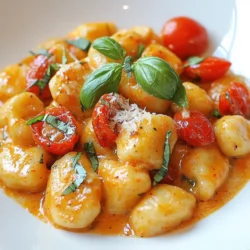 To make this dish, you need the following ingredients: - 1 pound gnocchi (store-bought or homemade) - 1 can (14 oz) diced tomatoes with garlic and onion - 1 cup heavy cream - 1/2 cup fresh basil leaves, chopped - 1/2 cup grated Parmesan cheese - 2 tablespoons olive oil - 3 cloves garlic, minced - 1 teaspoon Italian seasoning - Salt and pepper to taste - Optional: Cherry tomatoes for garnish If you want to change things up, here are some substitutions: - Gnocchi: Use pasta or zucchini noodles if you prefer. - Heavy cream: Swap it with coconut milk for a lighter option. - Parmesan cheese: Nutritional yeast can work for a vegan twist. - Fresh basil: Dried basil can replace fresh, but use less. - Diced tomatoes: Use fresh tomatoes, just chop them finely. Choosing the best ingredients makes a big difference. Here are my tips: - Gnocchi: Look for soft and pillowy gnocchi. Check the package date to ensure freshness. - Tomatoes: Choose canned tomatoes without added sugar or preservatives. Look for those packed with natural juice. - Basil: Select vibrant green basil. Avoid leaves that are brown or wilted. - Cream: Choose high-quality heavy cream with a fat content of at least 36%. - Parmesan Cheese: Opt for freshly grated cheese over pre-packaged for better flavor. Following these tips helps you create a delicious meal everyone will love. {{ingredient_image_1}} To start, you need 1 pound of gnocchi. You can use store-bought or make your own. Bring a pot of salted water to a boil. Add the gnocchi and cook them until they float on top. This usually takes about 2-3 minutes. Once they float, they are done! Drain them and set them aside for later. Now, let’s make the sauce. In a large skillet, heat 2 tablespoons of olive oil over medium heat. Add 3 cloves of minced garlic. Sauté for about 1-2 minutes. You want the garlic to smell nice, but not brown. Next, pour in a 14-ounce can of diced tomatoes. Add the juice too! Sprinkle in 1 teaspoon of Italian seasoning, salt, and pepper to taste. Let this mix simmer for about 5 minutes. This helps all the flavors blend well. Now, lower the heat and stir in 1 cup of heavy cream and 1/2 cup of chopped fresh basil. Let this simmer for another 3-4 minutes. Stir it gently so it thickens nicely. After your sauce is ready, it’s time to combine everything. Add the cooked gnocchi to the skillet. Toss them gently in the creamy tomato sauce. Let them cook together for an extra 2-3 minutes to warm up. Finally, stir in 1/2 cup of grated Parmesan cheese. Make sure it melts and mixes well. Taste your dish and adjust seasoning if you need to. Serve it hot and enjoy your creamy tomato basil gnocchi! To get a creamy sauce, use heavy cream. It adds richness and depth. Heat it gently to avoid curdling. Stir in the cream slowly after the tomatoes simmer. This helps to blend flavors well. Adding Parmesan cheese boosts creaminess. Use fresh cheese for a better taste. Grate it finely so it melts quickly. This helps create a smooth sauce. Don’t forget to stir constantly. This keeps the sauce from sticking or burning. Be patient and let it simmer gently. The longer it simmers, the creamier it gets. One common mistake is cooking the gnocchi too long. They should float in water when done. If you overcook them, they become mushy. Another mistake is adding the cream too soon. Always wait until the tomatoes have simmered first. This helps the flavors to blend nicely. Avoid using low-fat cream. It won't give you that rich, creamy taste. Always go for heavy cream for the best results. To elevate the dish, add fresh herbs like parsley or thyme. They add a burst of flavor. Try using sun-dried tomatoes for an intense taste. A splash of balsamic vinegar can add a nice tang. It balances the sweetness of the tomatoes. If you like a kick, add a pinch of red pepper flakes. This gives your gnocchi a spicy twist. Finally, finish with a drizzle of good olive oil. It adds richness and a lovely finishing touch. Pro Tips Use Fresh Basil: Fresh basil adds a vibrant flavor to the dish. Be sure to add it at the end of cooking to preserve its aromatic qualities. Customize the Creaminess: Adjust the amount of heavy cream based on your preference for creaminess. For a lighter version, you can substitute half-and-half. Perfectly Cooked Gnocchi: Gnocchi is cooked when it floats to the surface. Avoid overcooking to maintain its fluffy texture. Garnish for Presentation: For an appealing presentation, garnish with fresh basil and halved cherry tomatoes before serving. {{image_2}} You can easily make this dish vegan and dairy-free. Instead of heavy cream, use coconut milk or cashew cream for a creamy texture. Replace Parmesan cheese with nutritional yeast or a dairy-free cheese. This keeps the rich flavor while making it plant-based. Adding protein can make this dish heartier. Cook bite-sized chicken pieces in the skillet until golden. For shrimp, add them after the garlic and cook until pink. If you prefer tofu, use firm tofu, cubed and sautéed until crispy. Each option adds a new flavor and texture. Incorporating seasonal veggies enhances your dish. Try adding spinach, zucchini, or bell peppers. These colorful veggies add nutrients and flavor. Simply sauté them with the garlic before adding the tomatoes. You can also toss in cherry tomatoes for extra sweetness. To keep your creamy tomato basil gnocchi fresh, store it in an airtight container. Make sure it cools to room temperature first. Place it in the fridge where it will stay good for 3 to 5 days. Keep the sauce and gnocchi together for the best flavor. When you want to reheat your gnocchi, use a skillet. Heat it on low and add a splash of water or cream. Stir gently until it warms up. This keeps the gnocchi soft. You can also use the microwave. Just cover the dish and heat it in short bursts. Stir in between to avoid cold spots. To freeze your creamy tomato basil gnocchi, first cool it completely. Then, place it in a freezer-safe bag or container. Remove as much air as possible before sealing. It can stay in the freezer for up to 3 months. When ready to eat, thaw it overnight in the fridge. Reheat it gently in a skillet to enjoy! Yes, you can use homemade gnocchi. In fact, it adds a personal touch. Fresh gnocchi will cook just like store-bought ones. Make sure to boil them until they float. This shows they are ready. Homemade gnocchi can be lighter and taste more flavorful. If you have a favorite recipe, go for it! To spice up the sauce, add red pepper flakes. Start with a pinch, then taste it. You can add more if needed. Another option is to use spicy diced tomatoes. They add heat without changing the flavor. Fresh chopped jalapeños can also work well. Just remember, it's all about balance! You can serve a fresh salad with mixed greens. A simple vinaigrette pairs nicely. Garlic bread is a classic choice too; it’s perfect for dipping. Roasted vegetables add a nice touch and complement the dish's flavors. If you love protein, try grilled chicken or shrimp on the side. This blog post covered how to make creamy tomato basil gnocchi. We discussed key ingredients and substitutions for freshness. You learned step-by-step cooking and sauce tips. I shared ideas for a creamy texture and common mistakes to avoid. You can also explore variations like vegan options and protein additions. Finally, we tackled storage and reheating tips to keep your dish fresh. Enjoy making this tasty meal that you can share with family and friends!