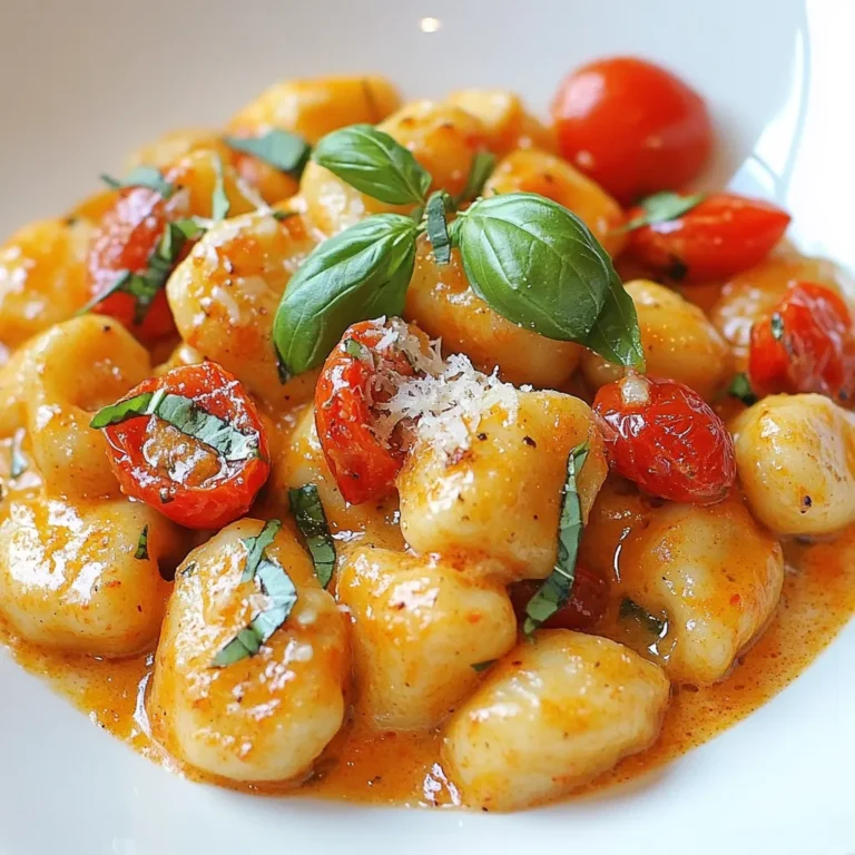 To make this dish, you need the following ingredients: - 1 pound gnocchi (store-bought or homemade) - 1 can (14 oz) diced tomatoes with garlic and onion - 1 cup heavy cream - 1/2 cup fresh basil leaves, chopped - 1/2 cup grated Parmesan cheese - 2 tablespoons olive oil - 3 cloves garlic, minced - 1 teaspoon Italian seasoning - Salt and pepper to taste - Optional: Cherry tomatoes for garnish If you want to change things up, here are some substitutions: - Gnocchi: Use pasta or zucchini noodles if you prefer. - Heavy cream: Swap it with coconut milk for a lighter option. - Parmesan cheese: Nutritional yeast can work for a vegan twist. - Fresh basil: Dried basil can replace fresh, but use less. - Diced tomatoes: Use fresh tomatoes, just chop them finely. Choosing the best ingredients makes a big difference. Here are my tips: - Gnocchi: Look for soft and pillowy gnocchi. Check the package date to ensure freshness. - Tomatoes: Choose canned tomatoes without added sugar or preservatives. Look for those packed with natural juice. - Basil: Select vibrant green basil. Avoid leaves that are brown or wilted. - Cream: Choose high-quality heavy cream with a fat content of at least 36%. - Parmesan Cheese: Opt for freshly grated cheese over pre-packaged for better flavor. Following these tips helps you create a delicious meal everyone will love. {{ingredient_image_1}} To start, you need 1 pound of gnocchi. You can use store-bought or make your own. Bring a pot of salted water to a boil. Add the gnocchi and cook them until they float on top. This usually takes about 2-3 minutes. Once they float, they are done! Drain them and set them aside for later. Now, let’s make the sauce. In a large skillet, heat 2 tablespoons of olive oil over medium heat. Add 3 cloves of minced garlic. Sauté for about 1-2 minutes. You want the garlic to smell nice, but not brown. Next, pour in a 14-ounce can of diced tomatoes. Add the juice too! Sprinkle in 1 teaspoon of Italian seasoning, salt, and pepper to taste. Let this mix simmer for about 5 minutes. This helps all the flavors blend well. Now, lower the heat and stir in 1 cup of heavy cream and 1/2 cup of chopped fresh basil. Let this simmer for another 3-4 minutes. Stir it gently so it thickens nicely. After your sauce is ready, it’s time to combine everything. Add the cooked gnocchi to the skillet. Toss them gently in the creamy tomato sauce. Let them cook together for an extra 2-3 minutes to warm up. Finally, stir in 1/2 cup of grated Parmesan cheese. Make sure it melts and mixes well. Taste your dish and adjust seasoning if you need to. Serve it hot and enjoy your creamy tomato basil gnocchi! To get a creamy sauce, use heavy cream. It adds richness and depth. Heat it gently to avoid curdling. Stir in the cream slowly after the tomatoes simmer. This helps to blend flavors well. Adding Parmesan cheese boosts creaminess. Use fresh cheese for a better taste. Grate it finely so it melts quickly. This helps create a smooth sauce. Don’t forget to stir constantly. This keeps the sauce from sticking or burning. Be patient and let it simmer gently. The longer it simmers, the creamier it gets. One common mistake is cooking the gnocchi too long. They should float in water when done. If you overcook them, they become mushy. Another mistake is adding the cream too soon. Always wait until the tomatoes have simmered first. This helps the flavors to blend nicely. Avoid using low-fat cream. It won't give you that rich, creamy taste. Always go for heavy cream for the best results. To elevate the dish, add fresh herbs like parsley or thyme. They add a burst of flavor. Try using sun-dried tomatoes for an intense taste. A splash of balsamic vinegar can add a nice tang. It balances the sweetness of the tomatoes. If you like a kick, add a pinch of red pepper flakes. This gives your gnocchi a spicy twist. Finally, finish with a drizzle of good olive oil. It adds richness and a lovely finishing touch. Pro Tips Use Fresh Basil: Fresh basil adds a vibrant flavor to the dish. Be sure to add it at the end of cooking to preserve its aromatic qualities. Customize the Creaminess: Adjust the amount of heavy cream based on your preference for creaminess. For a lighter version, you can substitute half-and-half. Perfectly Cooked Gnocchi: Gnocchi is cooked when it floats to the surface. Avoid overcooking to maintain its fluffy texture. Garnish for Presentation: For an appealing presentation, garnish with fresh basil and halved cherry tomatoes before serving. {{image_2}} You can easily make this dish vegan and dairy-free. Instead of heavy cream, use coconut milk or cashew cream for a creamy texture. Replace Parmesan cheese with nutritional yeast or a dairy-free cheese. This keeps the rich flavor while making it plant-based. Adding protein can make this dish heartier. Cook bite-sized chicken pieces in the skillet until golden. For shrimp, add them after the garlic and cook until pink. If you prefer tofu, use firm tofu, cubed and sautéed until crispy. Each option adds a new flavor and texture. Incorporating seasonal veggies enhances your dish. Try adding spinach, zucchini, or bell peppers. These colorful veggies add nutrients and flavor. Simply sauté them with the garlic before adding the tomatoes. You can also toss in cherry tomatoes for extra sweetness. To keep your creamy tomato basil gnocchi fresh, store it in an airtight container. Make sure it cools to room temperature first. Place it in the fridge where it will stay good for 3 to 5 days. Keep the sauce and gnocchi together for the best flavor. When you want to reheat your gnocchi, use a skillet. Heat it on low and add a splash of water or cream. Stir gently until it warms up. This keeps the gnocchi soft. You can also use the microwave. Just cover the dish and heat it in short bursts. Stir in between to avoid cold spots. To freeze your creamy tomato basil gnocchi, first cool it completely. Then, place it in a freezer-safe bag or container. Remove as much air as possible before sealing. It can stay in the freezer for up to 3 months. When ready to eat, thaw it overnight in the fridge. Reheat it gently in a skillet to enjoy! Yes, you can use homemade gnocchi. In fact, it adds a personal touch. Fresh gnocchi will cook just like store-bought ones. Make sure to boil them until they float. This shows they are ready. Homemade gnocchi can be lighter and taste more flavorful. If you have a favorite recipe, go for it! To spice up the sauce, add red pepper flakes. Start with a pinch, then taste it. You can add more if needed. Another option is to use spicy diced tomatoes. They add heat without changing the flavor. Fresh chopped jalapeños can also work well. Just remember, it's all about balance! You can serve a fresh salad with mixed greens. A simple vinaigrette pairs nicely. Garlic bread is a classic choice too; it’s perfect for dipping. Roasted vegetables add a nice touch and complement the dish's flavors. If you love protein, try grilled chicken or shrimp on the side. This blog post covered how to make creamy tomato basil gnocchi. We discussed key ingredients and substitutions for freshness. You learned step-by-step cooking and sauce tips. I shared ideas for a creamy texture and common mistakes to avoid. You can also explore variations like vegan options and protein additions. Finally, we tackled storage and reheating tips to keep your dish fresh. Enjoy making this tasty meal that you can share with family and friends!