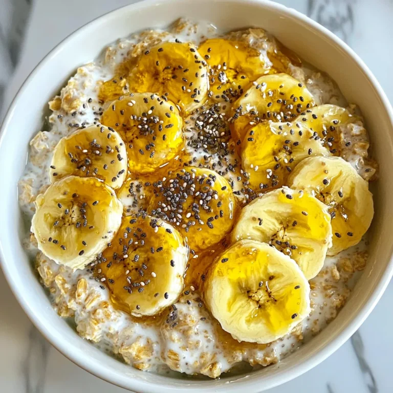The right ingredients make this dish shine. Here is what you need: - 1 cup rolled oats - 2 tablespoons peanut butter - 1 banana, sliced - 1 tablespoon chia seeds - 2 cups almond milk (or any milk of choice) - 1 tablespoon honey or maple syrup (optional, for sweetness) - 1/2 teaspoon cinnamon - Pinch of salt - Optional toppings: sliced bananas, chopped nuts, or coconut flakes Rolled oats are the base of this recipe. They soak up the liquid overnight. This makes them creamy and soft. I prefer rolled oats for texture. Peanut butter adds rich flavor and protein. It makes the oats filling and tasty. Use creamy or chunky, depending on your taste. Banana gives natural sweetness. It also adds a nice texture. Slicing it into the mix makes every bite fruity. Chia seeds are tiny but mighty. They help thicken the oats and add fiber. They also add a nice crunch. Almond milk is my go-to for a creamy base. You can use any milk you like. Dairy, soy, or oat milk all work well. Sweetener options like honey or maple syrup are optional. Add these if you like your oats sweeter. Just a little goes a long way. Cinnamon adds warmth and spice. It makes the dish smell amazing. A half teaspoon gives just the right amount. Salt enhances all the flavors. A pinch helps balance the sweetness. Optional toppings let you customize your bowl. I love adding extra banana or nuts on top. Coconut flakes add a tropical vibe. These ingredients come together to make a delightful breakfast. Each one plays a role in flavor and texture. {{ingredient_image_1}} - Combining dry ingredients Start by taking a medium bowl or a mason jar. Add 1 cup of rolled oats, 1 tablespoon of chia seeds, and 1/2 teaspoon of cinnamon. Mix them well. This step gets the dry ingredients ready. - Mixing wet ingredients In a separate bowl, whisk together 2 cups of almond milk and 2 tablespoons of peanut butter. If you like your oats sweet, add 1 tablespoon of honey or maple syrup. Don’t forget a pinch of salt. Mix until it is smooth. - Mixing wet and dry components Pour the wet mixture over the dry ingredients. Stir well until all the oats are coated. This makes sure every bite is tasty. - Folding in bananas Gently fold in one sliced banana. Make sure the banana pieces are spread throughout the mixture. This adds sweetness and flavor. - Refrigeration process Cover the bowl or seal the jar. Place it in the fridge overnight or for at least 4 hours. This helps the oats soften and soak up the liquid. - Recommended serving options The next morning, stir the oats again. If it feels too thick, add a splash more almond milk. Serve the oats in bowls. Top with extra banana slices, chopped nuts, or coconut flakes for a nice touch. - Idea for making it more indulgent Want a treat? Drizzle some extra honey or maple syrup on top. You could also add a spoonful of chocolate chips for a fun twist. - Ensuring the right consistency: Use rolled oats for the best texture. They soak up the liquid well. If your oats seem too thick the next morning, just add a splash of almond milk. Stir it well until you get your preferred creaminess. - Flavor enhancements: Add a pinch of vanilla extract for richer flavor. You can also sprinkle in some cocoa powder if you like chocolate. For extra sweetness, feel free to adjust the honey or maple syrup to your taste. - Substitutions for dietary preferences: If you need a nut-free option, swap peanut butter for sunflower seed butter. For a vegan choice, skip honey and use maple syrup instead. Always check labels to ensure all items fit your dietary needs. - Over or under-measuring ingredients: Use measuring cups or spoons for accuracy. Too many oats make it dry, while too little can make it soggy. Stick to the recipe for the best results. - Not allowing enough time for soaking: Let your oats soak overnight or for at least four hours. This helps them soften and absorb flavors. Rushing this step will lead to a less tasty meal. Pro Tips Choose Ripe Bananas: The riper the banana, the sweeter and more flavorful your oats will be. Look for bananas with brown spots for the best taste. Make it Dairy-Free: Use almond milk or any plant-based milk for a dairy-free option. Coconut milk adds a creamy texture as well. Customize Your Sweetness: Adjust the amount of honey or maple syrup based on your preference. You can also skip it if your bananas are sweet enough. Experiment with Toppings: Try adding different toppings like berries, chocolate chips, or nut butter for a variety of flavors and textures. {{image_2}} You can add a fun twist to your oats by going tropical. Mix in some shredded coconut and diced pineapple. This brightens the dish with sunny flavors. The coconut adds a chewy texture. Pineapple gives a sweet and juicy burst. Together, they create a mini vacation in your bowl. You can also top it with more fruit like mango or kiwi for extra color. Want a treat? Try adding cocoa powder for a chocolate version. Just stir in a tablespoon of cocoa when mixing the wet ingredients. It transforms the dish into a dessert-like delight. The rich chocolate pairs well with peanut butter and banana. You can sweeten it up with a bit more honey or maple syrup. Top with chocolate chips for an extra special touch! If you want a nut-free version, swap the peanut butter for sunflower seed butter. This keeps it creamy and tasty. You could also try tahini for a different flavor. Both options keep your oats rich and smooth. Make sure to use plant-based milk, like oat or soy milk, for a vegan meal. This way, everyone can enjoy these delicious oats! Store your overnight oats in an airtight container. This keeps them fresh and tasty. You can use a mason jar or a bowl with a lid. Make sure to seal it well. Keep the oats in the fridge. They stay good for up to five days. After that, they may lose flavor and texture. Yes, you can freeze these oats. If you want to make a big batch, freezing is a great option. Just place the oats in a freezer-safe container. Leave some space at the top since they will expand. They can last up to three months in the freezer. To reheat, take the oats out of the freezer and let them thaw in the fridge overnight. You can also warm them in the microwave. Add a splash of almond milk before heating. This helps bring back the creamy texture. Stir well and enjoy your tasty meal! Yes, you can use instant oats. They cook faster and make a softer texture. However, they may absorb less liquid. This can change how creamy your oats feel. If you use instant oats, check the liquid amount. You might need less almond milk. You can keep these oats for up to five days. Make sure to store them in a sealed jar or container. This keeps them fresh and tasty. The longer they sit, the softer they get. Just give them a stir before eating. Absolutely! These oats are perfect for meal prep. You can make several jars at once. This saves time on busy mornings. Just divide the mixture into jars and store them in the fridge. Grab one each day, and you’re set! If you need a substitute, try almond butter or sunflower seed butter. Both add great flavor. You can also use tahini for a unique twist. These options keep the recipe nut-free if needed. Just make sure they are smooth for the best mix. You can use water, but the oats will taste different. Milk adds creaminess and flavor. If you want a lighter option, try unsweetened almond milk or oat milk. These keep it tasty while being lower in calories. You learned how to make delicious Peanut Butter Banana Overnight Oats. We covered the ingredients, preparation steps, serving ideas, and storage tips. Remember, the key is to balance flavors and textures for the best experience. Avoid common mistakes like measuring wrong or not soaking long enough. With these tips, you can create a tasty meal that fits your needs. Now, go ahead and try some fun variations. Enjoy your oats every morning with confidence!