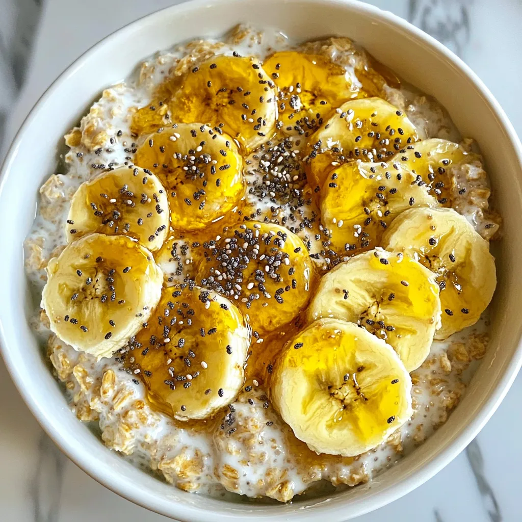 The right ingredients make this dish shine. Here is what you need: - 1 cup rolled oats - 2 tablespoons peanut butter - 1 banana, sliced - 1 tablespoon chia seeds - 2 cups almond milk (or any milk of choice) - 1 tablespoon honey or maple syrup (optional, for sweetness) - 1/2 teaspoon cinnamon - Pinch of salt - Optional toppings: sliced bananas, chopped nuts, or coconut flakes Rolled oats are the base of this recipe. They soak up the liquid overnight. This makes them creamy and soft. I prefer rolled oats for texture. Peanut butter adds rich flavor and protein. It makes the oats filling and tasty. Use creamy or chunky, depending on your taste. Banana gives natural sweetness. It also adds a nice texture. Slicing it into the mix makes every bite fruity. Chia seeds are tiny but mighty. They help thicken the oats and add fiber. They also add a nice crunch. Almond milk is my go-to for a creamy base. You can use any milk you like. Dairy, soy, or oat milk all work well. Sweetener options like honey or maple syrup are optional. Add these if you like your oats sweeter. Just a little goes a long way. Cinnamon adds warmth and spice. It makes the dish smell amazing. A half teaspoon gives just the right amount. Salt enhances all the flavors. A pinch helps balance the sweetness. Optional toppings let you customize your bowl. I love adding extra banana or nuts on top. Coconut flakes add a tropical vibe. These ingredients come together to make a delightful breakfast. Each one plays a role in flavor and texture. {{ingredient_image_1}} - Combining dry ingredients Start by taking a medium bowl or a mason jar. Add 1 cup of rolled oats, 1 tablespoon of chia seeds, and 1/2 teaspoon of cinnamon. Mix them well. This step gets the dry ingredients ready. - Mixing wet ingredients In a separate bowl, whisk together 2 cups of almond milk and 2 tablespoons of peanut butter. If you like your oats sweet, add 1 tablespoon of honey or maple syrup. Don’t forget a pinch of salt. Mix until it is smooth. - Mixing wet and dry components Pour the wet mixture over the dry ingredients. Stir well until all the oats are coated. This makes sure every bite is tasty. - Folding in bananas Gently fold in one sliced banana. Make sure the banana pieces are spread throughout the mixture. This adds sweetness and flavor. - Refrigeration process Cover the bowl or seal the jar. Place it in the fridge overnight or for at least 4 hours. This helps the oats soften and soak up the liquid. - Recommended serving options The next morning, stir the oats again. If it feels too thick, add a splash more almond milk. Serve the oats in bowls. Top with extra banana slices, chopped nuts, or coconut flakes for a nice touch. - Idea for making it more indulgent Want a treat? Drizzle some extra honey or maple syrup on top. You could also add a spoonful of chocolate chips for a fun twist. - Ensuring the right consistency: Use rolled oats for the best texture. They soak up the liquid well. If your oats seem too thick the next morning, just add a splash of almond milk. Stir it well until you get your preferred creaminess. - Flavor enhancements: Add a pinch of vanilla extract for richer flavor. You can also sprinkle in some cocoa powder if you like chocolate. For extra sweetness, feel free to adjust the honey or maple syrup to your taste. - Substitutions for dietary preferences: If you need a nut-free option, swap peanut butter for sunflower seed butter. For a vegan choice, skip honey and use maple syrup instead. Always check labels to ensure all items fit your dietary needs. - Over or under-measuring ingredients: Use measuring cups or spoons for accuracy. Too many oats make it dry, while too little can make it soggy. Stick to the recipe for the best results. - Not allowing enough time for soaking: Let your oats soak overnight or for at least four hours. This helps them soften and absorb flavors. Rushing this step will lead to a less tasty meal. Pro Tips Choose Ripe Bananas: The riper the banana, the sweeter and more flavorful your oats will be. Look for bananas with brown spots for the best taste. Make it Dairy-Free: Use almond milk or any plant-based milk for a dairy-free option. Coconut milk adds a creamy texture as well. Customize Your Sweetness: Adjust the amount of honey or maple syrup based on your preference. You can also skip it if your bananas are sweet enough. Experiment with Toppings: Try adding different toppings like berries, chocolate chips, or nut butter for a variety of flavors and textures. {{image_2}} You can add a fun twist to your oats by going tropical. Mix in some shredded coconut and diced pineapple. This brightens the dish with sunny flavors. The coconut adds a chewy texture. Pineapple gives a sweet and juicy burst. Together, they create a mini vacation in your bowl. You can also top it with more fruit like mango or kiwi for extra color. Want a treat? Try adding cocoa powder for a chocolate version. Just stir in a tablespoon of cocoa when mixing the wet ingredients. It transforms the dish into a dessert-like delight. The rich chocolate pairs well with peanut butter and banana. You can sweeten it up with a bit more honey or maple syrup. Top with chocolate chips for an extra special touch! If you want a nut-free version, swap the peanut butter for sunflower seed butter. This keeps it creamy and tasty. You could also try tahini for a different flavor. Both options keep your oats rich and smooth. Make sure to use plant-based milk, like oat or soy milk, for a vegan meal. This way, everyone can enjoy these delicious oats! Store your overnight oats in an airtight container. This keeps them fresh and tasty. You can use a mason jar or a bowl with a lid. Make sure to seal it well. Keep the oats in the fridge. They stay good for up to five days. After that, they may lose flavor and texture. Yes, you can freeze these oats. If you want to make a big batch, freezing is a great option. Just place the oats in a freezer-safe container. Leave some space at the top since they will expand. They can last up to three months in the freezer. To reheat, take the oats out of the freezer and let them thaw in the fridge overnight. You can also warm them in the microwave. Add a splash of almond milk before heating. This helps bring back the creamy texture. Stir well and enjoy your tasty meal! Yes, you can use instant oats. They cook faster and make a softer texture. However, they may absorb less liquid. This can change how creamy your oats feel. If you use instant oats, check the liquid amount. You might need less almond milk. You can keep these oats for up to five days. Make sure to store them in a sealed jar or container. This keeps them fresh and tasty. The longer they sit, the softer they get. Just give them a stir before eating. Absolutely! These oats are perfect for meal prep. You can make several jars at once. This saves time on busy mornings. Just divide the mixture into jars and store them in the fridge. Grab one each day, and you’re set! If you need a substitute, try almond butter or sunflower seed butter. Both add great flavor. You can also use tahini for a unique twist. These options keep the recipe nut-free if needed. Just make sure they are smooth for the best mix. You can use water, but the oats will taste different. Milk adds creaminess and flavor. If you want a lighter option, try unsweetened almond milk or oat milk. These keep it tasty while being lower in calories. You learned how to make delicious Peanut Butter Banana Overnight Oats. We covered the ingredients, preparation steps, serving ideas, and storage tips. Remember, the key is to balance flavors and textures for the best experience. Avoid common mistakes like measuring wrong or not soaking long enough. With these tips, you can create a tasty meal that fits your needs. Now, go ahead and try some fun variations. Enjoy your oats every morning with confidence!