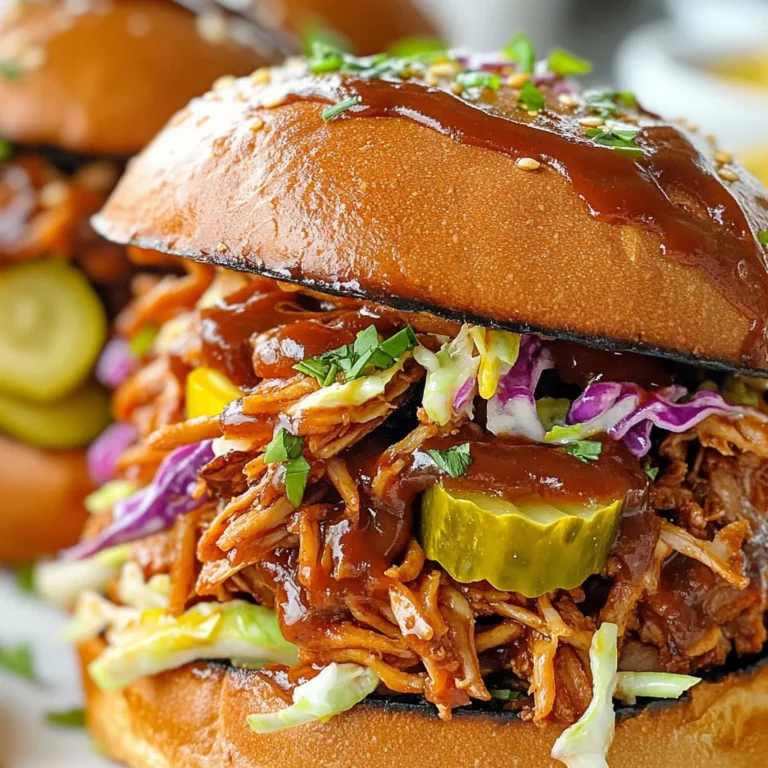 - 2 cans young green jackfruit in brine or water - 1 tablespoon olive oil - 1 medium onion, finely chopped - 3 cloves garlic, minced - 1 teaspoon smoked paprika - 1 teaspoon ground cumin - 1/2 teaspoon cayenne pepper - 1 cup BBQ sauce - 4 whole grain sandwich buns - Coleslaw (optional) - Pickles (optional) The primary ingredients for BBQ jackfruit sandwiches are simple and easy to find. Young green jackfruit gives the dish its unique texture. This fruit acts like pulled meat when cooked. You will need two cans of jackfruit. Make sure they are in brine or water, not syrup. Next, you will need some olive oil for sautéing. The onion and garlic add great flavor. You can chop the onion finely and mince the garlic. For a smoky taste, use smoked paprika. Ground cumin adds warmth, and cayenne pepper gives a nice kick. Feel free to adjust the cayenne to make it milder or hotter. Don't forget the BBQ sauce! You can use your favorite brand or make your own. Whole grain sandwich buns are perfect for holding all the goodness. You can also add coleslaw and pickles on top. These give extra crunch and flavor. - Different types of BBQ sauces - Various coleslaw recipes (e.g., creamy, vinegar-based) - Additional seasonings (e.g., chili flakes, brown sugar) To make your jackfruit sandwiches even better, consider using different BBQ sauces. Each sauce has its own flavor. You can try sweet, spicy, or tangy sauces. Also, coleslaw can change the taste. Creamy coleslaw adds richness, while vinegar-based coleslaw offers a bright contrast. You can experiment with seasonings too. Adding chili flakes brings heat, while brown sugar adds sweetness. Mixing these options makes the dish your own. {{ingredient_image_1}} To start, take two cans of young green jackfruit. Drain the brine or water and rinse them well. Cut the jackfruit into smaller pieces. Make sure to remove any hard cores or seeds. Use your fingers or forks to shred the pieces until they look like pulled meat. This will help the jackfruit soak up the flavors. Next, heat one tablespoon of olive oil in a large pan over medium heat. Once the oil is hot, add one finely chopped medium onion. Sauté the onion until it becomes translucent, which takes about 5 minutes. After that, stir in three minced garlic cloves. Cook the garlic for about one minute to release its flavor. Now it's time to cook the jackfruit. Add the shredded jackfruit to the pan with the onions and garlic. Sprinkle in one teaspoon of smoked paprika, one teaspoon of ground cumin, and half a teaspoon of cayenne pepper. Stir everything together to coat the jackfruit well. Cook this mixture for about 10 minutes, stirring occasionally. The jackfruit should become tender and start to caramelize. Next, pour in one cup of your favorite BBQ sauce. Stir to mix the sauce with the jackfruit. Bring everything to a simmer. Lower the heat, cover the pan, and let it cook for another 15 to 20 minutes. Stir occasionally and add salt and pepper to taste. If it seems too thick, add a splash of water to loosen it up. While the jackfruit cooks, you can toast the whole grain sandwich buns for extra texture. Once the jackfruit is ready, it's time to assemble your sandwich. Spoon a generous amount of the BBQ jackfruit onto the bottom half of each bun. If you like, add coleslaw and pickles on top. Finally, place the top bun over the filling, and your BBQ jackfruit sandwich is ready to enjoy! To make your BBQ jackfruit sandwiches shine, start with the BBQ sauce. Choose a sauce you love. Sweet, smoky, or spicy—pick what excites your taste buds. You can also adjust spice levels. If you like heat, add more cayenne pepper. For a milder flavor, use less. Experiment until it’s just right for you. Shredding jackfruit can be fun! Use your hands or forks to pull it apart. Make sure all pieces are even. This helps the jackfruit cook well and soak up flavors. If you want a more meat-like texture, aim for smaller shreds. Pair your sandwiches with tasty sides. Crispy fries or a fresh salad work great. For a colorful plate, add some pickles and coleslaw on top. This adds crunch and flavor. To make your sandwiches look even better, stack them high. Use a toothpick to hold everything together. Pro Tips Choose the Right Jackfruit: Make sure to use young green jackfruit in brine or water, as this will give the best texture for pulling and absorbing flavors. Customize Your BBQ Sauce: Feel free to experiment with different BBQ sauces, or add spices to your favorite one to enhance the flavor profile of the dish. Texture Matters: For a more meaty texture, try using a food processor to shred the jackfruit, but be careful not to over-process it into a paste. Serving Suggestions: Serve the sandwiches with a side of sweet potato fries or a fresh salad to create a well-rounded meal. {{image_2}} You can switch jackfruit with other plant-based proteins. Tofu is a great choice. It absorbs flavors well. Tempeh is another option packed with protein. For non-vegan choices, use pulled pork or chicken. These meats work well with BBQ sauce. Adding spices can change the taste of your dish. Try chipotle powder for some heat. You can also use smoked paprika for a richer flavor. Experiment with BBQ sauces too. Some are sweet, while others are tangy. Find what you like best! Buns aren’t your only option. Use gluten-free buns for a safe choice. If you want low carbs, try lettuce wraps. They are fresh and crunchy. Both options make the sandwich lighter. Feel free to get creative with your base! To store leftover jackfruit, place it in an airtight container. Keep it in the fridge. It will stay fresh for about three days. You can also freeze jackfruit for longer storage. Put it in a freezer-safe bag. Remove as much air as possible before sealing. Frozen jackfruit can last up to three months. To reheat, use a skillet over medium heat. Add a splash of water to keep it moist. Stir occasionally until hot. You can also use the microwave, but it may not keep the same texture. Heat in 30-second bursts and stir in between. Try to eat reheated jackfruit within three days for the best taste. Jackfruit has a mild, sweet flavor. Its texture is similar to pulled pork. When cooked, it absorbs flavors well. This makes it great for BBQ dishes. You can enjoy its meaty feel along with spices. It’s a fun meat substitute for plant-based meals. Yes, jackfruit is healthy. It is low in calories and high in fiber. One cup has about 150 calories and 3 grams of protein. It also provides vitamins A and C. Plus, it has potassium and magnesium. This makes it great for heart health and digestion. You should avoid canned jackfruit in syrup. It is sweet and not ideal for savory dishes. Instead, use jackfruit in brine or water. This option is neutral and works better for BBQ sandwiches. Rinsing the jackfruit before cooking helps remove excess salt. Cooking jackfruit takes about 25 to 30 minutes. Start by sautéing aromatics for about 5 minutes. Then, cook the jackfruit for around 10 minutes. After adding BBQ sauce, let it simmer for 15 to 20 minutes. This ensures it becomes tender and flavorful. In this post, we explored how to make delicious jackfruit sandwiches. We covered key ingredients, from jackfruit to spices, and shared step-by-step instructions. You learned tips for enhancing flavor and ideas for serving. We also looked at variations for protein and bread alternatives, plus storage methods for leftovers. Enjoy experimenting with this fun dish. It’s a great way to eat plant-based meals. Try different flavors and get creative. You might find a new favorite!