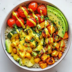 To make a delicious Roasted Veggie Buddha Bowl, you will need the following: - 1 cup quinoa, rinsed - 2 cups vegetable broth - 1 medium zucchini, diced - 1 bell pepper (any color), diced - 1 cup cherry tomatoes, halved - 1 medium sweet potato, peeled and cubed - 1 cup chickpeas, drained and rinsed - 2 tablespoons olive oil - 1 teaspoon smoked paprika - 1 teaspoon garlic powder - Salt and pepper to taste - 1 avocado, sliced - ¼ cup tahini - 2 tablespoons lemon juice - Fresh parsley or cilantro for garnish These ingredients create a colorful and tasty base for your Buddha bowl. Each veggie adds its own flavor and nutrients, making this dish not just pretty but also very healthy. You can add more flavors and textures with these optional toppings: - Sliced radishes for crunch - Toasted nuts for extra protein - Feta cheese for a salty kick - Sesame seeds for a nutty finish Feel free to mix and match based on what you like or have on hand. If you need to change something, here are some easy swaps: - Use brown rice or farro instead of quinoa. - Swap sweet potato with butternut squash or carrots. - Replace chickpeas with black beans or lentils. - Use sunflower seed butter instead of tahini for a nut-free option. These substitutions keep the dish fresh and exciting while catering to your tastes and needs. {{ingredient_image_1}} Start by washing your veggies. You want them clean and fresh. Dice the zucchini and bell pepper into bite-sized pieces. Next, peel and cube the sweet potato. Halve the cherry tomatoes. This mix of colors will make your bowl pop. In a large baking sheet, toss the zucchini, bell pepper, sweet potato, and cherry tomatoes. Add two tablespoons of olive oil, smoked paprika, garlic powder, salt, and pepper. Mix it all well so every piece is coated. While the veggies are ready, it’s time for the quinoa. Rinse one cup of quinoa under cold water. In a medium saucepan, pour in two cups of vegetable broth and bring it to a boil. Add the rinsed quinoa and cover the pot. Lower the heat to a simmer for about 15 minutes. The quinoa will absorb all that flavor! After 15 minutes, remove it from heat. Let it sit covered for five more minutes. This step makes it fluffy. Use a fork to fluff the quinoa before serving. Now, let’s roast those veggies! Preheat your oven to 425°F (220°C). Spread the tossed vegetables in a single layer on the baking sheet. Pop it in the oven for 20-25 minutes. Stir halfway through to ensure even cooking. You want them tender and slightly caramelized. This roasting brings out their natural sweetness and adds great flavor. Once done, take them out and let them cool a bit before adding to your bowl. Enjoy the vibrant colors and tasty aromas of your roasted veggies! To get the best flavor, choose fresh vegetables. Cut them into even pieces so they cook evenly. Toss your veggies with olive oil, salt, and spices to add taste. I love using smoked paprika for a nice depth. Spread them out on your baking sheet. This helps them roast, not steam. Roast at 425°F for 20-25 minutes. Stir halfway to get that perfect caramelization. To make tahini dressing, start with ¼ cup of tahini. Mix it with 2 tablespoons of fresh lemon juice. This combo gives a nice tang. If it’s too thick, add water a little at a time. Keep mixing until it’s smooth and creamy. Taste it and adjust with more lemon or salt if needed. This dressing brings all the flavors together in your Buddha bowl. For a stunning presentation, use deep bowls. Start with a layer of fluffy quinoa. Next, add your roasted veggies and chickpeas. Top it off with fresh avocado slices. Drizzle your tahini dressing on top, and don’t forget to add some fresh herbs. Parsley or cilantro adds color and taste. For extra crunch, sprinkle sesame seeds on top. This makes your meal look as good as it tastes! Pro Tips Perfectly Cooked Quinoa: To achieve fluffy quinoa, make sure to rinse it thoroughly before cooking to remove any bitterness. Let it rest covered after cooking to allow the steam to finish the cooking process. Flavor Boosting: For an extra depth of flavor, consider marinating the chickpeas in olive oil, lemon juice, and spices for 30 minutes before adding them to the bowl. Veggie Variations: Feel free to mix and match your favorite vegetables based on what's in season or what you have on hand. Carrots, broccoli, or cauliflower make great additions! Make Ahead Meals: This Buddha bowl is perfect for meal prep! Store individual components in airtight containers in the fridge to enjoy fresh meals throughout the week. {{image_2}} You can mix and match veggies in your Buddha bowl. Use what you love or have on hand. Try carrots for sweetness or broccoli for crunch. Cauliflower adds a nice touch, too. If you like greens, add spinach or kale. Just remember to dice or chop them into small pieces for even cooking. Adding protein makes your bowl more filling. You can use cooked chicken or shrimp for a meaty option. If you prefer plant-based, try tofu or tempeh. Both soak up flavors well. You can also toss in more chickpeas or add lentils for extra protein. This keeps your meal balanced and satisfying. Flavor is key in a Buddha bowl. You can add spices like cumin or chili powder for heat. Fresh herbs like basil or mint can brighten up the dish. Try a splash of soy sauce or coconut aminos for umami taste. A squeeze of lime juice adds a zesty kick. Experiment with flavors to find your favorite combo! To store your roasted veggie Buddha bowl, let it cool first. Then, place the leftovers in an airtight container. Keep it in the fridge for up to four days. If you want to store it longer, consider freezing the veggies and quinoa. They can last up to three months in the freezer. When you’re ready to eat, take the bowl out of the fridge. For best results, reheat your veggies in the oven. Set it to 350°F (175°C) and heat for about 10-15 minutes. You can also microwave it for about 2-3 minutes. Just make sure it’s hot all the way through. If you freeze the bowl, thaw it in the fridge overnight before reheating. Meal prepping makes life easier. Cook a larger batch of quinoa and veggies. Store them separately in the fridge. When you want a meal, just mix them together. You can also prepare the tahini dressing ahead of time. Keep it in a small jar in the fridge for quick access. This way, you can enjoy a fresh, tasty bowl any day of the week! A Buddha bowl is a healthy meal in a bowl. It often has grains, veggies, and protein. You can use any grains, like quinoa or rice. The veggies can be fresh or roasted. This dish is colorful and balanced. It is a fun way to eat many food groups at once. You can add your favorite toppings for extra flavor. Yes, you can easily make this recipe vegan. All the ingredients are plant-based. Just ensure the tahini does not contain any animal products. You can also make it gluten-free. Quinoa is gluten-free, so you are good to go! Just check your broth to ensure it is gluten-free too. You can customize your Buddha bowl in many ways. Here are some ideas: - Change the grains: Use brown rice, farro, or millet. - Add different veggies: Try broccoli, carrots, or kale. - Include proteins: Add tofu, tempeh, or nuts. - Mix up the dressing: Use hummus, yogurt, or vinaigrette. Feel free to create a bowl that suits your taste! This blog post covered key ingredients for a Buddha bowl, including easy substitutes. I shared step-by-step instructions, tips for roasting, and ideas for toppings. You learned how to store leftovers and reheat them for future meals. Remember, the options are endless; you can mix and match flavors. Get creative with your bowls! Enjoy the process and share your unique twist on this healthy dish. Your taste buds will thank you. Happy cooking!