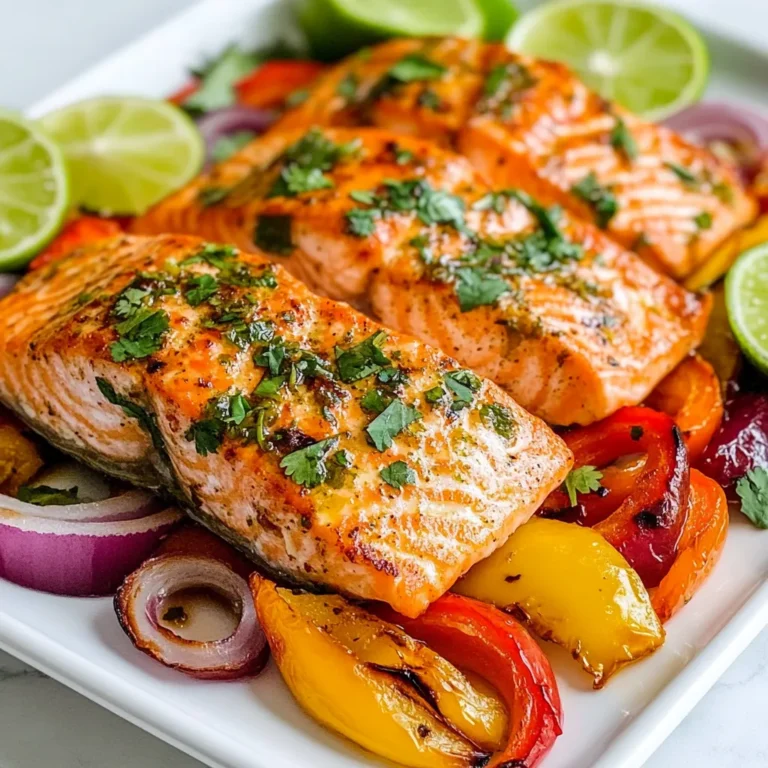 - 4 salmon fillets - 2 tablespoons olive oil - 2 limes (zest and juice) - 1 teaspoon chili powder - 1 teaspoon garlic powder - 1 teaspoon honey - 1/2 teaspoon salt - 1/2 teaspoon black pepper Using fresh salmon fillets makes a big difference in taste. The marinade is simple but packs a punch. The lime juice gives it a bright flavor. The chili powder adds some spice, while honey balances it with sweetness. The garlic powder rounds out the flavor nicely. - 1 red bell pepper, sliced - 1 yellow bell pepper, sliced - 1 red onion, sliced I love adding colorful veggies to this dish. The red and yellow bell peppers bring sweetness and crunch. The red onion adds a mild bite and lovely color. Roasting these veggies enhances their natural flavors. They soak up the marinade too, making them extra tasty. - Fresh cilantro, for garnish Fresh cilantro is a must for this dish. It adds a pop of color and a fresh taste. I like to sprinkle it on just before serving. It brightens up the whole meal and looks great on the plate. You can also add lime wedges for extra zest. {{ingredient_image_1}} First, you need to set your oven. Preheat it to 400°F (200°C). This step is vital for even cooking. Next, grab a baking sheet. Line it with parchment paper or aluminum foil. This makes cleanup easy and quick. Now, let’s create a flavorful marinade. In a small bowl, combine 2 tablespoons of olive oil, the zest and juice of 2 limes, 1 teaspoon of chili powder, 1 teaspoon of garlic powder, 1 teaspoon of honey, 1/2 teaspoon of salt, and 1/2 teaspoon of black pepper. Whisk these ingredients together. You want a smooth mixture that smells fresh and spicy. Time to set up your baking sheet. Place the 4 salmon fillets on one side. Brush them well with the chili lime marinade. Make sure to coat both sides. On the other side of the sheet, spread out the sliced red and yellow bell peppers and the red onion. Drizzle the remaining marinade over the veggies. Toss them gently to coat. Now, slide the baking sheet into the preheated oven. Bake for 12 to 15 minutes. Check the salmon; it should flake easily with a fork. The veggies should be tender but still colorful. Once done, take it out and let it rest for a couple of minutes. Garnish with fresh cilantro for that extra pop of flavor before serving. Enjoy your dish! To get perfectly cooked salmon, aim for 145°F (63°C). Use a meat thermometer to check. The salmon should flake easily with a fork. If you want crispy skin, bake it skin-side down. This helps keep the fish moist and adds flavor. You can boost this dish with extra herbs and spices. Try adding cumin for warmth or smoked paprika for depth. Fresh garlic can add a nice kick, too. You might also toss in some cherry tomatoes or zucchini for a twist. These additions bring more color and taste to your meal. Serve the salmon and veggies on a large platter. Arrange the salmon fillets next to the colorful peppers and onions. Add lime wedges for a fresh touch. Sprinkle chopped cilantro over the top to brighten it up. This makes your dish look beautiful and inviting for everyone. Pro Tips Use Fresh Ingredients: Fresh salmon and vibrant vegetables will enhance the flavor and presentation of your dish. Marinate Longer for Extra Flavor: If time allows, let the salmon marinate for 30 minutes to 1 hour in the refrigerator for deeper flavor penetration. Customize Your Veggies: Feel free to swap in your favorite vegetables, such as zucchini or asparagus, for variety and seasonal freshness. Check for Doneness: Salmon is perfectly cooked when it flakes easily with a fork. Use a meat thermometer for precision; the internal temperature should reach 145°F (63°C). {{image_2}} You can swap salmon for other proteins. Chicken breast works great for this dish. It cooks well and absorbs flavors nicely. You could also try shrimp. Just reduce the cooking time to avoid overcooking. If you prefer plant-based options, tofu is a fantastic choice. Use firm tofu and press it to remove excess water. This way, it will soak up the marinade better. Feel free to mix up the veggies. Broccoli and asparagus are delicious choices. You can also use zucchini or carrots for a different texture. If you want more color, add cherry tomatoes or snap peas. Try to keep the sizes of the veggies similar for even cooking. This helps everything cook at the same rate while keeping it fresh and vibrant. If you’re missing lime, lemon juice works well too. It will still give a nice tang. Honey can be replaced with maple syrup or agave nectar for a vegan-friendly option. If you don’t have chili powder, try cayenne pepper for some heat. Garlic powder can be swapped for minced fresh garlic, which adds a punch of flavor. Don’t hesitate to get creative with these ingredients! After enjoying your Chili Lime Salmon, let the leftovers cool down. Place them in a shallow container. Seal it tightly with a lid or plastic wrap. Store in the fridge for up to three days. Make sure to separate the salmon from the vegetables if you want to keep them fresh longer. To reheat, use the oven for the best results. Preheat it to 350°F (175°C). Place the salmon and veggies on a baking sheet. Cover them with foil to keep moisture in. Heat for about 10-15 minutes. You can also use a microwave. Just heat in short bursts to avoid drying out. If you want to keep leftovers longer, freezing is a great option. Wrap each salmon fillet tightly in plastic wrap. Then, place them in a freezer bag. Remove as much air as possible before sealing. You can freeze roasted vegetables too. They will last for up to three months in the freezer. When ready to eat, thaw in the fridge overnight before reheating. You can tell when salmon is cooked by checking its color. It should turn from bright pink to a light, opaque shade. Use a fork to flake it. If it flakes easily, it's done. The internal temperature should reach 145°F (63°C). This means it's safe to eat. Yes, you can use frozen salmon. Just make sure to thaw it before cooking. Place the frozen salmon in the fridge overnight, or use cold water for a quick thaw. After thawing, you can follow the same marinade and cooking steps as fresh salmon. Chili lime salmon pairs well with many sides. Consider serving it with rice, quinoa, or a fresh salad. Roasted or steamed veggies also make a great choice. For a complete meal, add some lime wedges to enhance the flavor. Yes, this chili lime salmon recipe is gluten-free. All the ingredients used, like olive oil and spices, do not contain gluten. If you serve it with gluten-free sides, you can enjoy a safe meal for those with gluten sensitivities. This blog post covered a tasty chili lime salmon recipe. We explored the ingredients, including salmon, veggies, and garnishes. I shared step-by-step instructions for prepping and baking. You now have tips for perfect salmon and fresh ideas to mix it up. Remember, storing leftovers right keeps them fresh. With this guide, you can enjoy this healthy meal any time. Cooking can be fun and easy. Try it yourself and level up your dinner game!