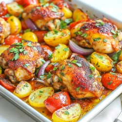 - 4 bone-in chicken thighs, skin on - 2 tablespoons harissa paste - 2 tablespoons olive oil - 1 teaspoon smoked paprika - 1 teaspoon garlic powder - 1 teaspoon ground cumin - 1 lemon, zested and juiced - 1 red bell pepper, sliced - 1 yellow bell pepper, sliced - 1 red onion, cut into wedges - 2 cups baby potatoes, halved - Salt and pepper to taste - Fresh cilantro or parsley for garnish You can switch the chicken for chicken breasts or tofu. For veggies, try zucchini or carrots. These swaps keep the dish tasty and fun. Fresh vegetables taste better than frozen ones. Look for crisp peppers and firm potatoes. When choosing harissa paste, pick a brand with bold flavors. Good quality makes a big difference in your dish. {{ingredient_image_1}} - Preheat the oven to 425°F (220°C). - In a bowl, mix 2 tablespoons harissa paste with 2 tablespoons olive oil. - Add 1 teaspoon smoked paprika, 1 teaspoon garlic powder, and 1 teaspoon ground cumin. - Zest and juice 1 lemon, then add it to the bowl. - Stir until the marinade is smooth and well mixed. - Pat the chicken thighs dry with paper towels. - Place the chicken in a large bowl. - Pour half of the marinade over the chicken. - Season with salt and pepper, then toss to coat. - Let the chicken marinate for at least 15 minutes. - On a large sheet pan, spread 2 cups halved baby potatoes, 1 sliced red bell pepper, 1 sliced yellow bell pepper, and 1 cut red onion. - Drizzle the remaining marinade over the vegetables. - Toss the veggies to coat them evenly. - Push the vegetables to one side. - Place the marinated chicken thighs on the other side, skin side up. - Bake for 30-35 minutes. - Check that the chicken reaches 165°F (75°C) and the skin is crispy. - The vegetables should be tender and slightly charred. - Use a meat thermometer to check the chicken's internal temperature. - Look for the thickest part of the thigh. - The chicken should be juicy and not pink inside. - For the veggies, they should be soft with a nice char. - If they are still hard, let them bake a bit longer. To get great flavor, marinate your chicken well. Use a bowl to mix harissa paste, olive oil, smoked paprika, garlic powder, cumin, lemon zest, and lemon juice. Rub this mix on the chicken thighs. A good rule is to marinate for at least 15 minutes. For even more taste, let it sit for a few hours or overnight in the fridge. To achieve crispy chicken skin, make sure the skin is dry before cooking. Pat it with paper towels. Also, place the chicken skin side up on the pan. This helps it crisp up nicely. When it comes to veggies, avoid overcooking them. Check at the 25-minute mark. You want them tender but not mushy. Serve this dish with a fresh salad or some warm pita bread. Dips like tzatziki or hummus pair well too. For a pretty presentation, sprinkle fresh cilantro or parsley on top. Arrange the chicken and veggies nicely on the plate. This makes the meal look as good as it tastes! Pro Tips Marinating Time: For even more flavor, marinate the chicken for at least 1 hour, or overnight if possible. Crispier Skin: To achieve extra crispy skin, broil the chicken for the last 2-3 minutes of cooking. <strong.Vegetable Variations: Feel free to add or substitute with your favorite vegetables like zucchini, carrots, or asparagus. Leftover Storage: Store any leftovers in an airtight container in the refrigerator for up to 3 days; reheat in the oven to maintain crispiness. {{image_2}} To change the spice level, you can adjust the harissa paste. Use less for a milder taste. If you love heat, try adding chili flakes or fresh jalapeños. You can also mix in a bit of cayenne pepper for an extra kick. Leftovers can turn into new meals. Shred the chicken and mix it with rice or pasta. You can also toss the veggies into a salad for a fresh touch. For freezing, pack the chicken and veggies in airtight containers. They can last up to three months in the freezer. If you're looking for low-carb options, swap the potatoes for cauliflower. This change keeps the meal light and tasty. For a gluten-free version, ensure the harissa paste is labeled gluten-free. Enjoy this dish while meeting your dietary needs! To store leftovers, let the meal cool down first. Place the chicken and veggies in an airtight container. This keeps them fresh. You can store them in the fridge for up to four days. You can reheat chicken and vegetables in the oven or microwave. For the oven, set it to 350°F (175°C). Heat for about 15 minutes. This helps keep the chicken crispy. In the microwave, heat in short bursts, checking often. This keeps the food moist and tasty. You can freeze the dish before or after cooking. If freezing before, marinate the chicken and veggies, then place in a freezer bag. It can last up to three months. If you freeze after cooking, let it cool first. Place in an airtight container. For thawing, move it to the fridge overnight. This keeps the flavors intact. Can I use boneless chicken? Yes, you can use boneless chicken thighs or breasts. Just adjust the cooking time. Boneless chicken cooks faster, so check for doneness around 25 minutes. What can I substitute for harissa paste? If you don’t have harissa paste, try sriracha or red curry paste. You can also mix chili powder with olive oil, garlic, and a bit of lemon juice for a similar flavor. How to ensure the chicken stays juicy? To keep your chicken juicy, do not overcook it. Use a meat thermometer to check that it reaches 165°F. Marinating the chicken also helps keep it moist and flavorful. Can I make this recipe ahead of time? Yes, you can prepare the chicken and veggies a day ahead. Just marinate the chicken, and store it in the fridge. Toss the veggies with the marinade and cover them. How do I know if the chicken is cooked? Use a meat thermometer to check the chicken's internal temperature. It should reach 165°F. The juices should run clear, and the meat should not be pink. Can I use other vegetables? Absolutely! You can use zucchini, carrots, or broccoli. Just make sure to cut them to a similar size for even cooking. Is this recipe suitable for meal prep? Yes, this dish is great for meal prep. You can store it in individual containers for easy lunches or dinners throughout the week. What to serve with Harissa Chicken Sheet Pan Dinner? Serve this dish with couscous, rice, or a fresh salad. You can also add flatbreads or yogurt for extra flavor. This Harissa Chicken Sheet Pan Dinner is a winning dish. We covered key ingredients, preparation steps, and tips for storing leftovers. Quality matters, so always pick fresh ingredients. Adjust spice levels to suit your taste. You can easily modify this recipe for meal prep or dietary needs. Remember, marinating adds great flavor, and reheating should be done gently to keep everything tasty. Enjoy making this simple, flavorful meal with your favorite sides!