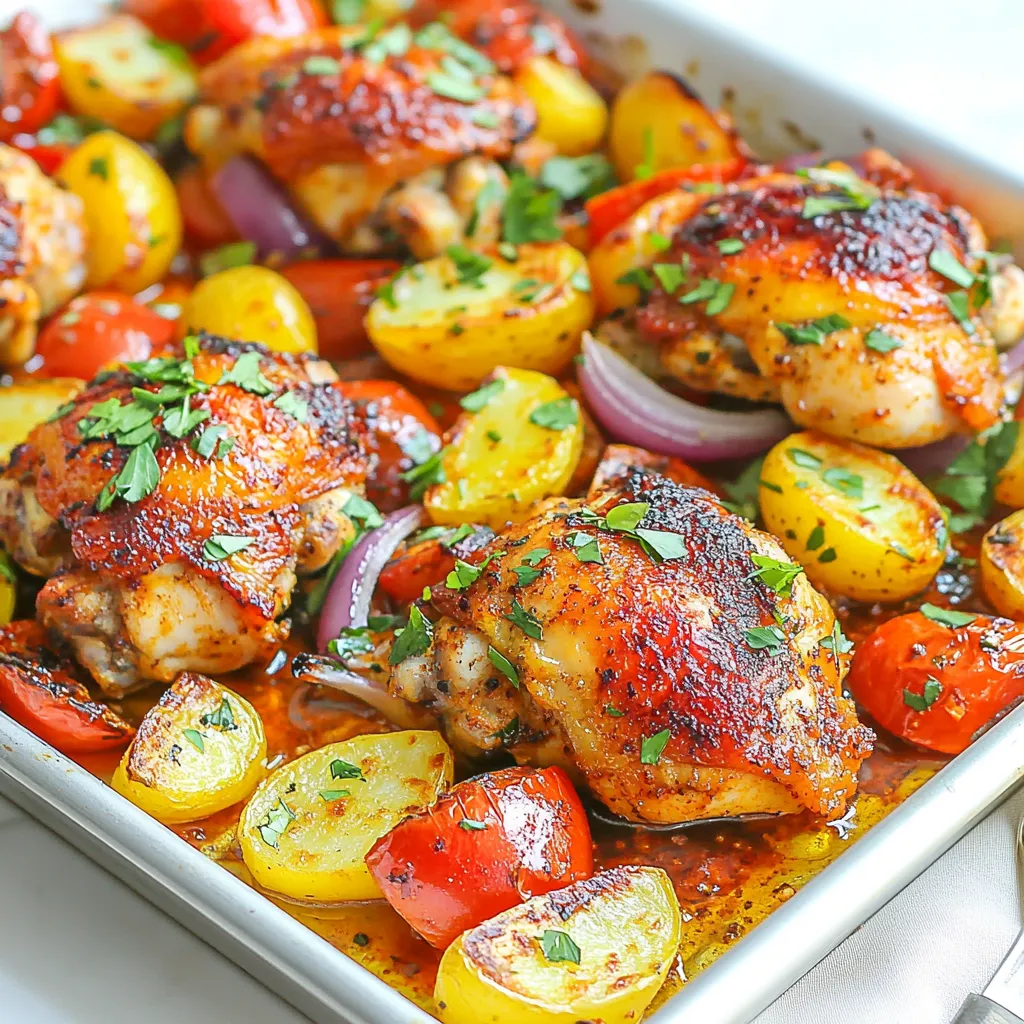 - 4 bone-in chicken thighs, skin on - 2 tablespoons harissa paste - 2 tablespoons olive oil - 1 teaspoon smoked paprika - 1 teaspoon garlic powder - 1 teaspoon ground cumin - 1 lemon, zested and juiced - 1 red bell pepper, sliced - 1 yellow bell pepper, sliced - 1 red onion, cut into wedges - 2 cups baby potatoes, halved - Salt and pepper to taste - Fresh cilantro or parsley for garnish You can switch the chicken for chicken breasts or tofu. For veggies, try zucchini or carrots. These swaps keep the dish tasty and fun. Fresh vegetables taste better than frozen ones. Look for crisp peppers and firm potatoes. When choosing harissa paste, pick a brand with bold flavors. Good quality makes a big difference in your dish. {{ingredient_image_1}} - Preheat the oven to 425°F (220°C). - In a bowl, mix 2 tablespoons harissa paste with 2 tablespoons olive oil. - Add 1 teaspoon smoked paprika, 1 teaspoon garlic powder, and 1 teaspoon ground cumin. - Zest and juice 1 lemon, then add it to the bowl. - Stir until the marinade is smooth and well mixed. - Pat the chicken thighs dry with paper towels. - Place the chicken in a large bowl. - Pour half of the marinade over the chicken. - Season with salt and pepper, then toss to coat. - Let the chicken marinate for at least 15 minutes. - On a large sheet pan, spread 2 cups halved baby potatoes, 1 sliced red bell pepper, 1 sliced yellow bell pepper, and 1 cut red onion. - Drizzle the remaining marinade over the vegetables. - Toss the veggies to coat them evenly. - Push the vegetables to one side. - Place the marinated chicken thighs on the other side, skin side up. - Bake for 30-35 minutes. - Check that the chicken reaches 165°F (75°C) and the skin is crispy. - The vegetables should be tender and slightly charred. - Use a meat thermometer to check the chicken's internal temperature. - Look for the thickest part of the thigh. - The chicken should be juicy and not pink inside. - For the veggies, they should be soft with a nice char. - If they are still hard, let them bake a bit longer. To get great flavor, marinate your chicken well. Use a bowl to mix harissa paste, olive oil, smoked paprika, garlic powder, cumin, lemon zest, and lemon juice. Rub this mix on the chicken thighs. A good rule is to marinate for at least 15 minutes. For even more taste, let it sit for a few hours or overnight in the fridge. To achieve crispy chicken skin, make sure the skin is dry before cooking. Pat it with paper towels. Also, place the chicken skin side up on the pan. This helps it crisp up nicely. When it comes to veggies, avoid overcooking them. Check at the 25-minute mark. You want them tender but not mushy. Serve this dish with a fresh salad or some warm pita bread. Dips like tzatziki or hummus pair well too. For a pretty presentation, sprinkle fresh cilantro or parsley on top. Arrange the chicken and veggies nicely on the plate. This makes the meal look as good as it tastes! Pro Tips Marinating Time: For even more flavor, marinate the chicken for at least 1 hour, or overnight if possible. Crispier Skin: To achieve extra crispy skin, broil the chicken for the last 2-3 minutes of cooking. <strong.Vegetable Variations: Feel free to add or substitute with your favorite vegetables like zucchini, carrots, or asparagus. Leftover Storage: Store any leftovers in an airtight container in the refrigerator for up to 3 days; reheat in the oven to maintain crispiness. {{image_2}} To change the spice level, you can adjust the harissa paste. Use less for a milder taste. If you love heat, try adding chili flakes or fresh jalapeños. You can also mix in a bit of cayenne pepper for an extra kick. Leftovers can turn into new meals. Shred the chicken and mix it with rice or pasta. You can also toss the veggies into a salad for a fresh touch. For freezing, pack the chicken and veggies in airtight containers. They can last up to three months in the freezer. If you're looking for low-carb options, swap the potatoes for cauliflower. This change keeps the meal light and tasty. For a gluten-free version, ensure the harissa paste is labeled gluten-free. Enjoy this dish while meeting your dietary needs! To store leftovers, let the meal cool down first. Place the chicken and veggies in an airtight container. This keeps them fresh. You can store them in the fridge for up to four days. You can reheat chicken and vegetables in the oven or microwave. For the oven, set it to 350°F (175°C). Heat for about 15 minutes. This helps keep the chicken crispy. In the microwave, heat in short bursts, checking often. This keeps the food moist and tasty. You can freeze the dish before or after cooking. If freezing before, marinate the chicken and veggies, then place in a freezer bag. It can last up to three months. If you freeze after cooking, let it cool first. Place in an airtight container. For thawing, move it to the fridge overnight. This keeps the flavors intact. Can I use boneless chicken? Yes, you can use boneless chicken thighs or breasts. Just adjust the cooking time. Boneless chicken cooks faster, so check for doneness around 25 minutes. What can I substitute for harissa paste? If you don’t have harissa paste, try sriracha or red curry paste. You can also mix chili powder with olive oil, garlic, and a bit of lemon juice for a similar flavor. How to ensure the chicken stays juicy? To keep your chicken juicy, do not overcook it. Use a meat thermometer to check that it reaches 165°F. Marinating the chicken also helps keep it moist and flavorful. Can I make this recipe ahead of time? Yes, you can prepare the chicken and veggies a day ahead. Just marinate the chicken, and store it in the fridge. Toss the veggies with the marinade and cover them. How do I know if the chicken is cooked? Use a meat thermometer to check the chicken's internal temperature. It should reach 165°F. The juices should run clear, and the meat should not be pink. Can I use other vegetables? Absolutely! You can use zucchini, carrots, or broccoli. Just make sure to cut them to a similar size for even cooking. Is this recipe suitable for meal prep? Yes, this dish is great for meal prep. You can store it in individual containers for easy lunches or dinners throughout the week. What to serve with Harissa Chicken Sheet Pan Dinner? Serve this dish with couscous, rice, or a fresh salad. You can also add flatbreads or yogurt for extra flavor. This Harissa Chicken Sheet Pan Dinner is a winning dish. We covered key ingredients, preparation steps, and tips for storing leftovers. Quality matters, so always pick fresh ingredients. Adjust spice levels to suit your taste. You can easily modify this recipe for meal prep or dietary needs. Remember, marinating adds great flavor, and reheating should be done gently to keep everything tasty. Enjoy making this simple, flavorful meal with your favorite sides!