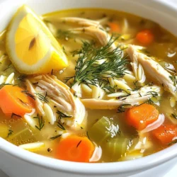 To make Greek Lemon Chicken Soup, gather these key ingredients: - 1 lb boneless, skinless chicken breasts - 8 cups chicken broth - 1 cup orzo pasta - 2 medium carrots, diced - 2 stalks celery, diced - 1 medium onion, finely chopped - 3 cloves garlic, minced - 2 large eggs - 1/2 cup fresh lemon juice (about 2-3 lemons) - Zest of 1 lemon - 1/4 cup fresh dill, chopped (or 1 tablespoon dried dill) - Salt and pepper to taste - Olive oil You can swap some ingredients if needed: - Chicken: Use rotisserie chicken for ease. - Orzo: Quinoa or rice works well as substitutes. - Dill: Fresh parsley gives a nice taste if you lack dill. - Eggs: For a vegan version, leave out the eggs and use coconut cream to add richness. - Broth: Vegetable broth can replace chicken broth for a lighter flavor. Using good-quality chicken and broth makes a big difference: - Choose organic or free-range chicken for better taste. - Homemade broth is best. It is richer and adds more depth. - If using store-bought broth, select low-sodium options for better control over seasoning. - Look for broth with natural ingredients and no added preservatives. These choices enhance flavor and nutrition in your Greek Lemon Chicken Soup. You’ll love how fresh and bright this dish tastes! {{ingredient_image_1}} Start by gathering all your ingredients. This makes cooking easier and faster. You need chicken breasts, broth, orzo, carrots, celery, onion, garlic, eggs, lemon juice, lemon zest, dill, salt, and pepper. Measure everything out before you begin. This step helps you stay organized. 1. Heat 2 tablespoons of olive oil in a large pot over medium heat. 2. Add the chopped onion, carrots, and celery. Sauté these for 5-7 minutes until they soften. 3. Stir in the minced garlic and cook for another 1-2 minutes. You want it fragrant but not burnt. 4. Pour in 8 cups of chicken broth. Bring it to a boil. 5. Add the chicken breasts to the pot. Let it simmer for 15-20 minutes. The chicken needs to cook through. 6. Remove the chicken and let it cool for a bit. 7. While waiting, add 1 cup of orzo pasta to the pot. Cook it for about 8-10 minutes. 8. Once the chicken cools, shred it into bite-sized pieces. 9. In a bowl, whisk together 2 large eggs, 1/2 cup of lemon juice, and zest from 1 lemon. 10. Take a ladle of hot broth and whisk it into the egg mixture. This keeps the eggs from curdling. 11. Stir the tempered egg mixture back into the pot. Keep stirring to create a creamy soup. 12. Return the shredded chicken to the pot. Add 1/4 cup of fresh dill and season with salt and pepper. 13. Heat the soup for another 2-3 minutes, then it’s ready to serve. Shredding chicken can be a breeze. First, let the chicken cool slightly. Use two forks to pull the meat apart. If you have a hand mixer, you can also use it on low speed. This method saves time and effort. Always shred it into bite-sized pieces for even cooking and easy eating. To get that rich, creamy texture, you need to temper the eggs. First, whisk the eggs with lemon juice and zest in a bowl. Then, take a ladle of hot broth and slowly mix it into the egg mixture. This step warms the eggs without cooking them. Once they are warmed up, stir the egg mixture back into the soup. Stir it gently and continuously. This method ensures a smooth and creamy finish. Garnishing your soup makes it look and taste better. I recommend adding fresh dill on top for a burst of flavor. A wedge of lemon adds color and brightness. You can also sprinkle a bit of black pepper for an extra kick. Serve the soup in warm bowls to keep it hot and inviting. Avoid boiling the soup after adding the egg mixture. Boiling can cause the eggs to curdle and ruin the creamy texture. Be careful when shredding your chicken; make sure it’s not too hot. If it’s too hot, you might burn your fingers. Lastly, always taste your soup before serving. Adjust the seasoning with salt and pepper to make it just right. Pro Tips Use Fresh Ingredients: Using fresh vegetables and herbs enhances the flavor of the soup significantly. Tempering the Eggs: Always temper the eggs with a ladle of hot broth before adding them to prevent curdling. Adjusting Consistency: If the soup is too thick after adding the orzo, you can add additional chicken broth to reach your desired consistency. Serving Suggestions: Serve with crusty bread or a fresh salad for a complete meal. {{image_2}} You can swap the chicken for other proteins. Try turkey or shrimp for a twist. If you want to keep it simple, add cooked beans like chickpeas. They add protein and fiber. For a heartier soup, toss in some diced potatoes or sweet potatoes. Adding spinach or kale boosts the nutrition too. For a vegetarian version, use vegetable broth instead of chicken broth. Replace chicken with tofu or tempeh for protein. You can also add lentils or quinoa. These options will keep the soup filling. For a vegan version, skip the eggs and use a plant-based egg substitute. The lemon juice and zest will still give it that bright flavor. You can play with herbs to change the soup's taste. Try thyme or parsley if you want something different from dill. A pinch of smoked paprika can add warmth. If you like spice, add a dash of cayenne pepper. For a zesty kick, consider adding capers or olives. Each of these will give your soup its unique flair. After you finish your meal, let the soup cool. Then, scoop it into an airtight container. You can store it in the fridge for up to three days. Just make sure it is sealed well to keep out air and moisture. If you want to keep the soup longer, freezing is a great choice. Pour the cooled soup into freezer-safe bags or containers. Leave some space at the top for expansion. You can freeze it for up to three months. When you’re ready to eat, just thaw it in the fridge overnight. To reheat the soup, place it in a pot over medium heat. Stir it often to avoid sticking. If the soup is too thick, add a little broth or water to thin it out. You can also reheat it in the microwave. Heat in short bursts and stir in between for even warming. Enjoy your warm, comforting soup! Yes, you can use other pasta types. Try small shapes like ditalini or acini di pepe. They will work well in the soup. Just make sure to adjust the cooking time as needed. Smaller pasta cooks faster than orzo. This change makes the soup fun and fresh, so experiment! To make Greek Lemon Chicken Soup gluten-free, swap orzo for gluten-free pasta. There are many gluten-free options available now. You can also use rice if you prefer. Cook it in the broth until tender. This keeps the soup safe for those with gluten sensitivities. This soup pairs well with fresh bread or a light salad. A Greek salad adds a nice crunch and flavor. You can also serve it with lemon wedges for extra zest. Adding a sprinkle of more dill on top makes it look pretty too! Enjoy your meal with family or friends for a cozy dinner. You’ve learned about the key ingredients, step-by-step instructions, and handy tips for making Greek Lemon Chicken Soup. I’ve shared ideas for variations and how to store leftovers, too. Remember, using quality chicken and broth makes a big difference. Enjoy experimenting with flavors and textures to make it your own. This soup will warm your heart and satisfy your taste buds. Happy cooking!