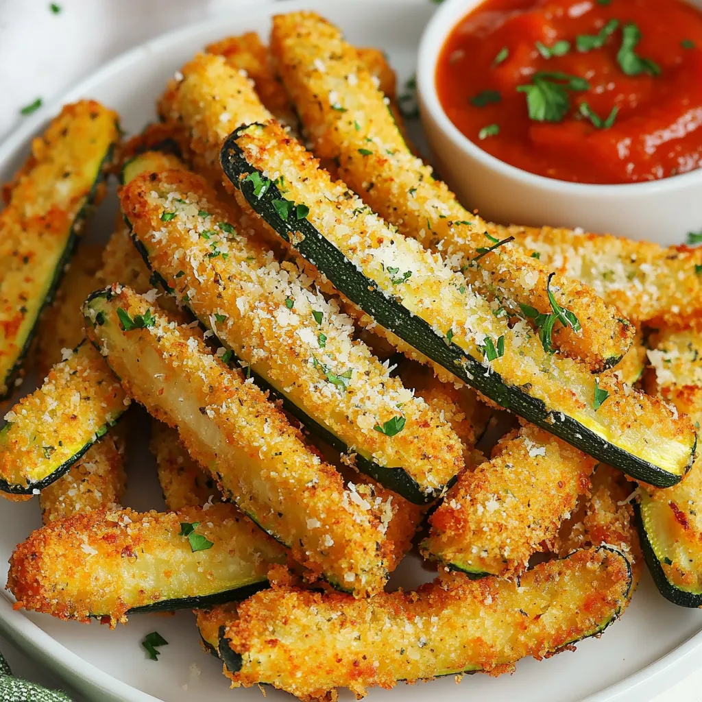 - 2 medium zucchinis, cut into fry shapes - ½ cup grated Parmesan cheese - 1 cup breadcrumbs (use panko for extra crunch) - 2 large eggs, beaten - 1 tsp garlic powder - 1 tsp onion powder - ½ tsp dried oregano - ½ tsp paprika - Salt and pepper to taste - Cooking spray (for crispy finish) - Fresh parsley for garnish - Marinara sauce or homemade garlic aioli for dipping To make these fries, start with fresh zucchinis. Cut them into fry shapes for the best texture. Grated Parmesan cheese adds a salty, nutty flavor that pairs perfectly with the zucchini. Breadcrumbs give the fries that nice crunch. I recommend panko breadcrumbs for extra crispiness. Use garlic powder and onion powder to give your fries a tasty kick. Dried oregano and paprika add warmth and depth. Don't forget to season with salt and pepper to enhance all the flavors. Lastly, you can garnish your fries with fresh parsley for a bright touch. Serve with marinara or garlic aioli for a delicious dip. Enjoy! {{ingredient_image_1}} Start by washing the zucchinis. Use two medium zucchinis for this recipe. Cut them into fry shapes, about a quarter-inch thick. This size helps them cook evenly. Make sure the pieces are similar in size. This way, they all get crispy at the same time. In a shallow bowl, mix the breadcrumbs and grated Parmesan cheese. Add the garlic powder, onion powder, dried oregano, paprika, salt, and pepper. Stir it well to combine all the flavors. In another bowl, beat the two large eggs until they look mixed. Dip each zucchini fry into the egg mixture. Let any extra egg drip off. Then roll it in the Parmesan breadcrumb mix. Press the crumbs onto the zucchini well. This helps them stick nicely. Preheat the air fryer to 400°F (200°C). This takes about five minutes. Place the coated zucchini fries in a single layer in the fryer basket. Be careful not to overcrowd them. This helps them cook evenly and stay crispy. Lightly spray the fries with cooking spray for a golden finish. Cook them at 400°F for about 10 to 12 minutes. Flip them halfway through cooking. This ensures both sides are nice and crisp. Once they are golden brown, remove them from the air fryer. Let them cool slightly before serving. Enjoy them hot with marinara sauce or garlic aioli! To get crispy fries, start with dry zucchinis. Use a clean towel to pat them dry after cutting. This helps the coating stick better. When you coat the fries, press the breadcrumbs firmly onto the zucchini. This adds extra crunch. Don't forget to space them out in the air fryer basket. Overcrowding can lead to soggy fries. A light spray of cooking oil helps them crisp up nicely. If you want to switch things up, try using crushed cornflakes instead of breadcrumbs. This gives the fries a fun crunch. For a spicier kick, add chili powder to your breadcrumb mix. You can also mix in some finely chopped nuts for added texture. If you want to keep it low-carb, you can use almond flour instead of breadcrumbs. Just remember, each coating gives a different flavor and texture. To boost flavor, try adding fresh herbs like basil or thyme to the breadcrumb mix. A squeeze of lemon juice before serving can brighten the taste. For a cheesy twist, mix in some shredded mozzarella with the Parmesan. You can also serve the fries with a tangy dip, like ranch or spicy mayo. These small changes can make your zucchini fries even more delicious and exciting! Pro Tips Choose the Right Zucchini: Look for firm, medium-sized zucchinis for the best texture and flavor. Avoid oversized ones as they can be watery. Double Dip for Extra Crunch: For an even crispier finish, dip the zucchini fries in the egg mixture and then back into the breadcrumb mixture before air frying. Experiment with Seasonings: Feel free to customize the seasoning mix! Try adding Italian herbs, cayenne pepper, or even a sprinkle of lemon zest for a fresh twist. Use Parchment Paper: If you're concerned about sticking, line the air fryer basket with parchment paper designed for air fryers to ensure easy cleanup and perfect results. {{image_2}} You can swap the Parmesan cheese for other cheeses. Try mozzarella for a gooey texture. Cheddar adds a sharp flavor that many love. If you want a stronger taste, use pecorino. Each cheese brings a new twist to your fries. Experiment with what you have on hand. Spices can change the taste of your fries. For a kick, add cayenne pepper or chili powder. If you enjoy herbs, try fresh basil or thyme. You can also use Italian seasoning for a classic touch. Mix and match spices to find your favorite blend. To make these fries gluten-free, use gluten-free breadcrumbs. Many brands offer good options that still give crunch. Make sure to check the labels for other ingredients. Enjoy your crispy fries without worry. Gluten-free doesn’t mean less tasty! Store leftover zucchini fries in an airtight container. This keeps them fresh. Let the fries cool down first. Place a paper towel at the bottom of the container. This helps absorb moisture. Keep the container in the fridge. Use them within 2 to 3 days for the best taste. To reheat, place the fries back in the air fryer. Set it to 350°F (175°C). Cook for about 5 minutes. This will help them regain their crispiness. You can also use an oven if you prefer. Set it to 375°F (190°C) and bake for 8 to 10 minutes. Just keep an eye on them to avoid burning. Freezing zucchini fries is easy. First, let them cool. Then, place them on a baking sheet. Make sure they are not touching. Freeze for about 1 hour until firm. After that, transfer them to a freezer bag. Remove as much air as possible. They will keep for up to 3 months. When ready to eat, cook them straight from the freezer. No need to thaw! Yes, you can use other veggies. Try eggplant, carrots, or sweet potatoes. Each veggie brings a unique taste. Cut them the same size as zucchini for even cooking. Remember, some veggies may cook faster, so check them often. To make zucchini fries without an air fryer, use a regular oven. Preheat your oven to 425°F (220°C). Follow the same steps for coating the fries. Place them on a baking sheet lined with parchment paper. Bake for 20-25 minutes, flipping halfway. This method gives you crispy fries, too! Zucchini fries pair well with many dips. Try marinara sauce, ranch, or garlic aioli. You can also serve them alongside grilled chicken or fish. They make a great side dish for any meal. Add a salad for a fresh touch! In this guide, we explored how to make tasty Air Fryer Parmesan Zucchini Fries. We covered the main and optional ingredients, easy cooking steps, and tips for great results. You learned about possible variations and best storage practices. Remember, cooking can be fun and creative. Feel free to try new flavors or different vegetables. Enjoy making these fries as a healthy snack or side dish. They’re simple to prepare and sure to impress!