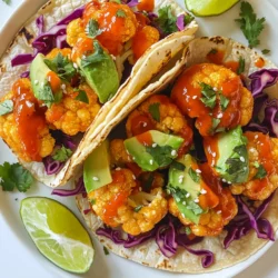 To make Buffalo Cauliflower Tacos, you need fresh and simple ingredients. Here’s what to gather: - 1 medium head of cauliflower - 1 cup all-purpose flour - 1 cup almond milk - 1 cup breadcrumbs (panko recommended) - 1 cup buffalo sauce - 8 small corn tortillas - 1 avocado - 1 cup purple cabbage - 1/2 cup fresh cilantro - 1 tablespoon olive oil - Salt and pepper - Lime wedges These ingredients come together to create a tasty and satisfying meal. You will love how the cauliflower soaks up the buffalo sauce. It gives every bite a spicy kick. The creamy avocado and crunchy cabbage balance the heat well. Plus, the lime adds a zesty touch. When you choose your ingredients, try to pick fresh and high-quality items. Fresh produce makes a big difference. Also, using panko breadcrumbs gives the cauliflower a nice crunch. Overall, these ingredients make Buffalo Cauliflower Tacos a delight to eat and share. {{ingredient_image_1}} - First, preheat your oven to 450°F (230°C). Line a baking sheet with parchment paper. This helps the cauliflower not stick. - In a mixing bowl, whisk together 1 cup of flour, 1 cup of almond milk, and a pinch of salt and pepper. Mix until you have a smooth batter. - Take each cauliflower floret and dip it into the batter. Let any extra batter drip off. - Roll the battered florets in 1 cup of breadcrumbs until they are fully coated. This gives them a nice crunch. - Place the coated florets on the baking sheet in a single layer. Bake them for 20-25 minutes. Flip them halfway for even cooking. - After baking, drizzle 1 cup of buffalo sauce over the crispy cauliflower. Toss gently to coat well. Return the baking sheet to the oven for 5 more minutes. - While the cauliflower bakes, warm 8 small corn tortillas in a dry skillet over medium heat for about 1 minute on each side. This makes them soft and easy to fold. - To assemble, put a generous amount of buffalo cauliflower on each tortilla. Top with sliced avocado, shredded purple cabbage, and chopped cilantro. - Serve with lime wedges on the side so you can squeeze fresh juice on top. To get crispy cauliflower, you need to coat it well. Here are some tips: - Coating Properly: Make sure to dip each floret fully in the batter. Let any extra batter drip off. This helps the breadcrumbs stick better. After dipping, roll the florets in breadcrumbs. I suggest using panko for extra crunch. - Optimal Baking Techniques: Preheat your oven to 450°F (230°C) for a great crisp. Spread the florets in a single layer on the baking sheet. Flip them halfway through baking for even crispiness. Bake for about 20-25 minutes until golden brown. You can make this dish lighter by swapping some ingredients: - Substitutes for All-Purpose Flour: Try using almond flour or chickpea flour instead of all-purpose flour. Both options add flavor and nutrition. - Alternative Toppings for Less Calories: Use Greek yogurt instead of sour cream. You can also add more veggies like lettuce or tomatoes to your tacos without adding many calories. Make your tacos look as great as they taste. Here’s how: - How to Beautifully Plate the Tacos: Use a colorful plate to make your tacos pop. Stack the tacos neatly, with the filling peeking out. - Suggestions for Garnishing: Top with fresh cilantro and lime wedges. A sprinkle of extra buffalo sauce adds a nice touch. You can also add slices of radish for color and crunch. Pro Tips Use Fresh Cauliflower: For the best texture and flavor, choose a head of cauliflower that is firm and fresh without any brown spots. Spice Up Your Sauce: If you like extra heat, add a dash of cayenne pepper or some chopped jalapeños to the buffalo sauce before drizzling it over the cauliflower. Make Ahead: Prepare the battered and breaded cauliflower ahead of time and store it in the refrigerator for up to 2 hours before baking for a quick dinner option. Customize Your Toppings: Feel free to add other toppings like diced tomatoes, pickled onions, or a drizzle of ranch dressing for extra flavor. {{image_2}} You can easily switch up the ingredients to match your taste. Here are some ideas: - Different types of plant-based milk: Use soy, oat, or coconut milk instead of almond milk. Each will add a unique flavor. - Alternative sauces and seasonings: Instead of buffalo sauce, try BBQ sauce or a spicy garlic sauce. You can also add spices like smoked paprika or cumin for extra kick. Toppings can change your taco game. Here are some delicious options: - Additional fresh veggies: Add diced tomatoes, radishes, or sliced jalapeños for more crunch and flavor. - Creative sauces to drizzle on top: Try a creamy avocado dressing, ranch sauce, or even a spicy sriracha mayo. These will add a great twist. You can make these tacos gluten-free with a few easy swaps: - Using gluten-free flour: Substitute all-purpose flour with almond flour or chickpea flour. This keeps the batter tasty and safe for gluten-free diets. - Gluten-free breadcrumb alternatives: Use gluten-free panko or crushed nuts instead of regular breadcrumbs. This still gives a nice crispy texture. To keep your Buffalo Cauliflower Tacos fresh, store leftovers in the fridge. Use an airtight container to prevent them from drying out. Place a paper towel inside the container to absorb moisture. This helps keep the tacos crispy. Make sure to eat them within three days for the best taste. When reheating, you want to keep the cauliflower crispy. The best way is to use an oven or an air fryer. Preheat your oven to 375°F (190°C). Spread the cauliflower on a baking sheet and heat for about 10 minutes. If using an air fryer, set it to 350°F (175°C) and heat for about 5-7 minutes. This method helps keep that perfect crunch. You can freeze the buffalo cauliflower if you want to save some for later. Place the baked cauliflower in a single layer on a baking sheet and freeze until solid. Then, transfer the pieces to a freezer bag. This way, they won’t stick together. For thawing, move them to the fridge overnight. Reheat them in the oven or air fryer for the best results. Avoid microwaving, as it can make the cauliflower soggy. Yes, you can easily make these tacos vegan! Here are some simple swaps: - Use almond milk or any plant-based milk instead of regular milk. - For the batter, stick with all-purpose flour. It's already vegan. - Choose a vegan-friendly buffalo sauce to coat your cauliflower. - Add toppings like avocado, cilantro, and cabbage—these are all plant-based! These changes keep the flavor and make the dish plant-based. To boost the heat in your tacos, try these tips: - Mix extra hot sauce into the batter for added spice. - Add chopped jalapeños to the cauliflower before baking. - Top the tacos with a spicy salsa or fresh sliced chilies. - Use a hotter buffalo sauce if you like a real kick. Each of these options gives your tacos more heat while keeping them tasty. Pair these tacos with sides that enhance their flavor: - Serve with a fresh corn salad. The sweetness balances the spice. - A side of black beans adds protein and texture. - Consider guacamole or a creamy dip to cool down the heat. - A simple green salad can also brighten the meal. These sides will make your taco night even more delicious! Buffalo cauliflower tacos offer a tasty plant-based option that’s easy to make. We covered the key ingredients, step-by-step cooking methods, and tips for crispiness. Remember to try different toppings and sauces to keep things fun. For leftovers, proper storage makes sure your tacos stay fresh. Whether you need a healthy meal or a party snack, these tacos are a hit. Enjoy cooking and sharing this delicious dish with friends and family!