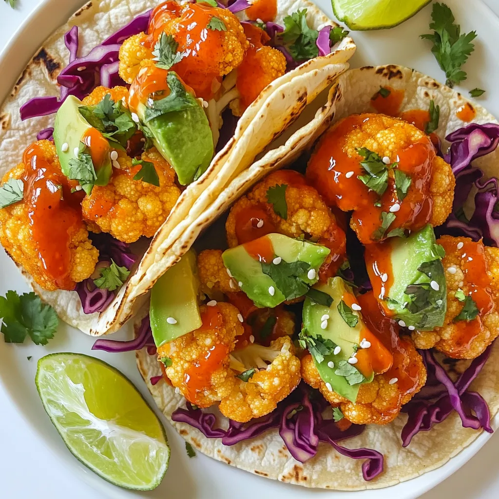 To make Buffalo Cauliflower Tacos, you need fresh and simple ingredients. Here’s what to gather: - 1 medium head of cauliflower - 1 cup all-purpose flour - 1 cup almond milk - 1 cup breadcrumbs (panko recommended) - 1 cup buffalo sauce - 8 small corn tortillas - 1 avocado - 1 cup purple cabbage - 1/2 cup fresh cilantro - 1 tablespoon olive oil - Salt and pepper - Lime wedges These ingredients come together to create a tasty and satisfying meal. You will love how the cauliflower soaks up the buffalo sauce. It gives every bite a spicy kick. The creamy avocado and crunchy cabbage balance the heat well. Plus, the lime adds a zesty touch. When you choose your ingredients, try to pick fresh and high-quality items. Fresh produce makes a big difference. Also, using panko breadcrumbs gives the cauliflower a nice crunch. Overall, these ingredients make Buffalo Cauliflower Tacos a delight to eat and share. {{ingredient_image_1}} - First, preheat your oven to 450°F (230°C). Line a baking sheet with parchment paper. This helps the cauliflower not stick. - In a mixing bowl, whisk together 1 cup of flour, 1 cup of almond milk, and a pinch of salt and pepper. Mix until you have a smooth batter. - Take each cauliflower floret and dip it into the batter. Let any extra batter drip off. - Roll the battered florets in 1 cup of breadcrumbs until they are fully coated. This gives them a nice crunch. - Place the coated florets on the baking sheet in a single layer. Bake them for 20-25 minutes. Flip them halfway for even cooking. - After baking, drizzle 1 cup of buffalo sauce over the crispy cauliflower. Toss gently to coat well. Return the baking sheet to the oven for 5 more minutes. - While the cauliflower bakes, warm 8 small corn tortillas in a dry skillet over medium heat for about 1 minute on each side. This makes them soft and easy to fold. - To assemble, put a generous amount of buffalo cauliflower on each tortilla. Top with sliced avocado, shredded purple cabbage, and chopped cilantro. - Serve with lime wedges on the side so you can squeeze fresh juice on top. To get crispy cauliflower, you need to coat it well. Here are some tips: - Coating Properly: Make sure to dip each floret fully in the batter. Let any extra batter drip off. This helps the breadcrumbs stick better. After dipping, roll the florets in breadcrumbs. I suggest using panko for extra crunch. - Optimal Baking Techniques: Preheat your oven to 450°F (230°C) for a great crisp. Spread the florets in a single layer on the baking sheet. Flip them halfway through baking for even crispiness. Bake for about 20-25 minutes until golden brown. You can make this dish lighter by swapping some ingredients: - Substitutes for All-Purpose Flour: Try using almond flour or chickpea flour instead of all-purpose flour. Both options add flavor and nutrition. - Alternative Toppings for Less Calories: Use Greek yogurt instead of sour cream. You can also add more veggies like lettuce or tomatoes to your tacos without adding many calories. Make your tacos look as great as they taste. Here’s how: - How to Beautifully Plate the Tacos: Use a colorful plate to make your tacos pop. Stack the tacos neatly, with the filling peeking out. - Suggestions for Garnishing: Top with fresh cilantro and lime wedges. A sprinkle of extra buffalo sauce adds a nice touch. You can also add slices of radish for color and crunch. Pro Tips Use Fresh Cauliflower: For the best texture and flavor, choose a head of cauliflower that is firm and fresh without any brown spots. Spice Up Your Sauce: If you like extra heat, add a dash of cayenne pepper or some chopped jalapeños to the buffalo sauce before drizzling it over the cauliflower. Make Ahead: Prepare the battered and breaded cauliflower ahead of time and store it in the refrigerator for up to 2 hours before baking for a quick dinner option. Customize Your Toppings: Feel free to add other toppings like diced tomatoes, pickled onions, or a drizzle of ranch dressing for extra flavor. {{image_2}} You can easily switch up the ingredients to match your taste. Here are some ideas: - Different types of plant-based milk: Use soy, oat, or coconut milk instead of almond milk. Each will add a unique flavor. - Alternative sauces and seasonings: Instead of buffalo sauce, try BBQ sauce or a spicy garlic sauce. You can also add spices like smoked paprika or cumin for extra kick. Toppings can change your taco game. Here are some delicious options: - Additional fresh veggies: Add diced tomatoes, radishes, or sliced jalapeños for more crunch and flavor. - Creative sauces to drizzle on top: Try a creamy avocado dressing, ranch sauce, or even a spicy sriracha mayo. These will add a great twist. You can make these tacos gluten-free with a few easy swaps: - Using gluten-free flour: Substitute all-purpose flour with almond flour or chickpea flour. This keeps the batter tasty and safe for gluten-free diets. - Gluten-free breadcrumb alternatives: Use gluten-free panko or crushed nuts instead of regular breadcrumbs. This still gives a nice crispy texture. To keep your Buffalo Cauliflower Tacos fresh, store leftovers in the fridge. Use an airtight container to prevent them from drying out. Place a paper towel inside the container to absorb moisture. This helps keep the tacos crispy. Make sure to eat them within three days for the best taste. When reheating, you want to keep the cauliflower crispy. The best way is to use an oven or an air fryer. Preheat your oven to 375°F (190°C). Spread the cauliflower on a baking sheet and heat for about 10 minutes. If using an air fryer, set it to 350°F (175°C) and heat for about 5-7 minutes. This method helps keep that perfect crunch. You can freeze the buffalo cauliflower if you want to save some for later. Place the baked cauliflower in a single layer on a baking sheet and freeze until solid. Then, transfer the pieces to a freezer bag. This way, they won’t stick together. For thawing, move them to the fridge overnight. Reheat them in the oven or air fryer for the best results. Avoid microwaving, as it can make the cauliflower soggy. Yes, you can easily make these tacos vegan! Here are some simple swaps: - Use almond milk or any plant-based milk instead of regular milk. - For the batter, stick with all-purpose flour. It's already vegan. - Choose a vegan-friendly buffalo sauce to coat your cauliflower. - Add toppings like avocado, cilantro, and cabbage—these are all plant-based! These changes keep the flavor and make the dish plant-based. To boost the heat in your tacos, try these tips: - Mix extra hot sauce into the batter for added spice. - Add chopped jalapeños to the cauliflower before baking. - Top the tacos with a spicy salsa or fresh sliced chilies. - Use a hotter buffalo sauce if you like a real kick. Each of these options gives your tacos more heat while keeping them tasty. Pair these tacos with sides that enhance their flavor: - Serve with a fresh corn salad. The sweetness balances the spice. - A side of black beans adds protein and texture. - Consider guacamole or a creamy dip to cool down the heat. - A simple green salad can also brighten the meal. These sides will make your taco night even more delicious! Buffalo cauliflower tacos offer a tasty plant-based option that’s easy to make. We covered the key ingredients, step-by-step cooking methods, and tips for crispiness. Remember to try different toppings and sauces to keep things fun. For leftovers, proper storage makes sure your tacos stay fresh. Whether you need a healthy meal or a party snack, these tacos are a hit. Enjoy cooking and sharing this delicious dish with friends and family!