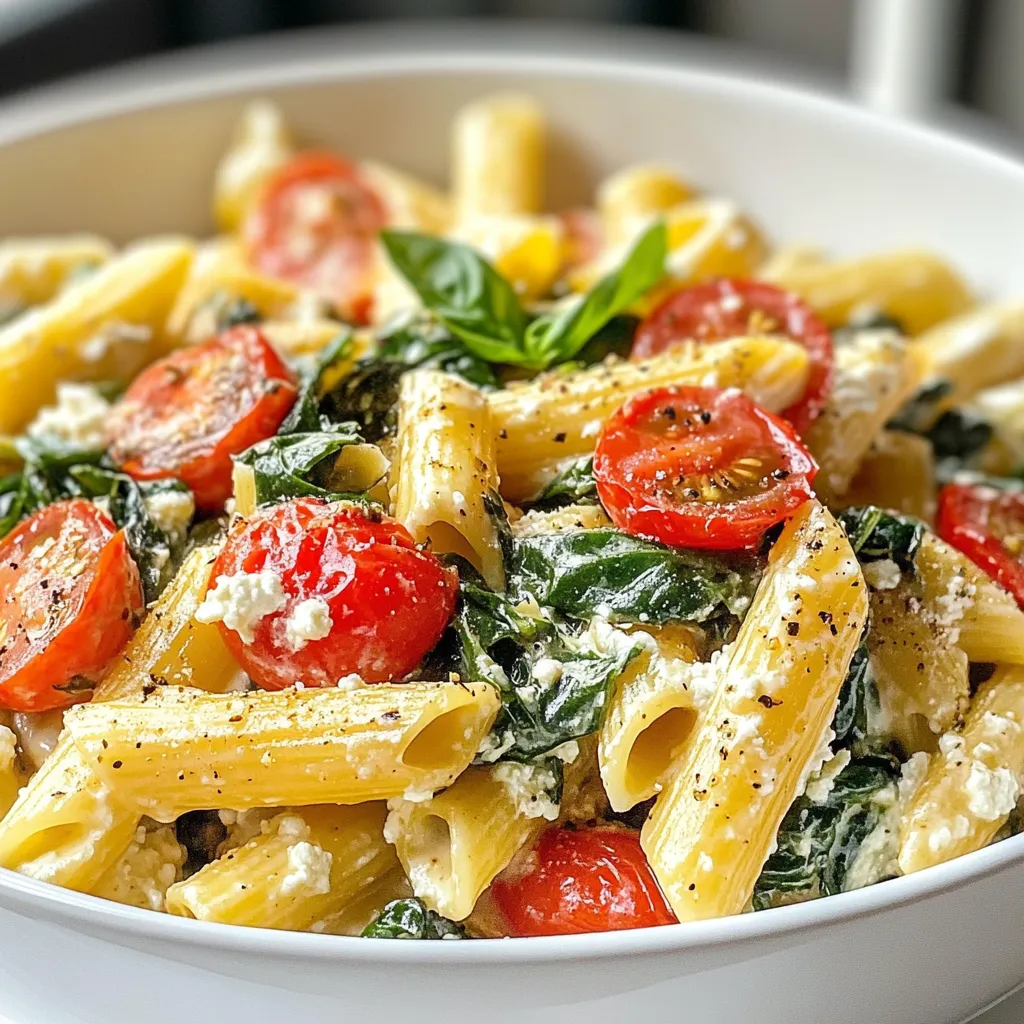 To make One Pot Spinach Ricotta Pasta, you will need: - 12 oz (340g) pasta (penne or fusilli works well) - 4 cups fresh spinach, roughly chopped - 1 cup ricotta cheese - 2 cups vegetable broth - 1 cup cherry tomatoes, halved - 1 onion, diced - 3 cloves garlic, minced - 1 teaspoon dried oregano - Salt and pepper to taste - 2 tablespoons olive oil These ingredients come together to create a creamy, flavorful dish. The pasta acts as the base, soaking up all the tasty liquids. Spinach adds a nice green touch, while ricotta gives it that creamy texture. You can add some optional ingredients to enhance the dish: - 1/2 teaspoon red pepper flakes for heat - Fresh herbs like basil or parsley for added flavor These extras can really spice things up or bring a fresh taste. Adjust them based on your liking and make the dish your own! {{ingredient_image_1}} Start by heating olive oil in a large pot over medium heat. Add diced onion and sauté it for about 3 to 4 minutes. You want the onion to turn soft and clear. Next, add minced garlic and cook for another 1 to 2 minutes. The smell of garlic is key here! Now, stir in the halved cherry tomatoes. Cook them for about 2 to 3 minutes until they soften. This mix gives your dish a bright flavor. Once your base is ready, pour in the vegetable broth. Bring it to a boil. Add your pasta, whether it’s penne or fusilli, to the pot. Season with oregano, red pepper flakes if you like heat, and some salt and pepper. Stir everything well. Lower the heat to medium-low and cover the pot. Let the pasta cook for 8 to 10 minutes. Stir it occasionally. You want the pasta to be al dente and most of the liquid absorbed. When the pasta is done, remove the pot from heat. Gently fold in the chopped spinach and ricotta cheese. Mix until the spinach wilts and the ricotta blends in. Now is the time to taste your dish! Adjust the seasoning if you need to. Serve it warm and finish with fresh basil leaves on top. Enjoy your tasty one pot meal! To make sure your pasta is cooked al dente, start by checking it a minute or two before the time on the package. You want it firm but not hard. Stir the pasta often to keep it from sticking. When adding spinach, do it at the end. This way, it wilts but keeps its bright color. Cook it just until it shrinks down to avoid mushiness. If you cook it too long, it can lose its flavor and texture. Want to boost flavor? Add more veggies, like bell peppers or zucchini. They add texture and nutrients. You can also toss in some cooked chicken or beans for protein. For cheese alternatives, try feta or cottage cheese. They each give a different taste but work well with spinach and pasta. If you want a vegan option, consider using cashew cheese or a store-bought vegan ricotta. These swaps keep the dish creamy and add a twist to the classic recipe. Pro Tips Fresh Spinach is Key: Use fresh spinach for the best flavor and texture. If using frozen spinach, make sure to thaw and drain it completely to avoid excess moisture. Adjust Seasoning: Always taste your dish before serving. You may want to adjust the salt, pepper, or red pepper flakes based on your preference. Experiment with Cheese: Feel free to mix different cheeses with the ricotta, such as mozzarella or parmesan, for added flavor and creaminess. One-Pot Cooking Advantage: This one-pot method not only saves on cleanup but also allows the pasta to absorb all the flavors from the broth and vegetables. {{image_2}} You can easily change ingredients to suit your taste. If you want a different green, try kale or arugula. Both add unique flavors and nutrients. They cook well and mix nicely with the pasta. When it comes to cheese, ricotta is great, but you can swap it for mozzarella or feta. Mozzarella brings a creamy texture and mild taste. Feta adds a tangy punch, making your dish exciting. Experiment to find your favorite combo! If you're vegan, you can still enjoy this dish. Substitute the ricotta with a plant-based cheese. Options like cashew or almond ricotta work well. They have a creamy texture and taste great with spinach. For those who need gluten-free options, use gluten-free pasta. Many brands offer great choices that cook up just right. You won't miss out on flavor or texture in this one-pot meal! To store your One Pot Spinach Ricotta Pasta, let it cool first. Then, place it in an airtight container. This keeps the pasta fresh in the fridge for up to three days. If you want to reheat it, add a splash of vegetable broth or water. This helps keep it moist. Heat it in a pot over low heat, stirring gently until warm. You can also use the microwave. Cover it with a microwave-safe lid and heat in short bursts, stirring in between. If you want to save pasta for later, freezing is a great option. Allow the pasta to cool completely. Once cool, scoop it into freezer-safe containers. Make sure to leave some space for expansion. It can stay in the freezer for up to three months. When you're ready to eat, move it to the fridge to thaw overnight. If you're short on time, you can thaw it in the microwave. Reheat it gently on the stove or in the microwave. Add a little broth to make it creamy again. Can I use frozen spinach instead of fresh? Yes, you can use frozen spinach. Just thaw and drain it first. Frozen spinach is easy to use and saves time. It may have a softer texture but still works well in this dish. How can I make this dish spicier? To add spice, use more red pepper flakes. You can also add diced jalapeños or hot sauce. Start with a small amount and taste as you go. What to serve with One Pot Spinach Ricotta Pasta? This pasta pairs well with a simple side salad. A garlic bread or crusty baguette is also great. You can serve it with grilled chicken or shrimp for extra protein. How do I adjust the recipe for more servings? To make more servings, double the ingredients. Use a larger pot and adjust the cooking time. Make sure to stir often to cook evenly. This blog post explored making a tasty One Pot Spinach Ricotta Pasta. We covered key ingredients like pasta types, spinach, and essential flavors. You learned step-by-step cooking methods, from sautéing to final touches. We've shared tips to avoid mushy spinach and create flavor-packed dishes. You can also customize this meal with swaps for diet needs. Enjoy experimenting with your version of this dish. Simple, delicious, and fun to make!