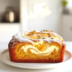 To make the perfect Pumpkin Cream Cheese Pound Cake, gather these simple ingredients: - 1 ½ cups all-purpose flour - 1 teaspoon baking powder - ½ teaspoon baking soda - ½ teaspoon salt - 1 teaspoon ground cinnamon - ¼ teaspoon ground nutmeg - ¼ teaspoon ground ginger - 1 cup granulated sugar - ½ cup unsalted butter, softened - 2 large eggs - 1 cup pumpkin puree - 1 teaspoon vanilla extract - 8 ounces cream cheese, softened - ½ cup powdered sugar - 1 teaspoon milk (optional, for consistency) Each of these items plays a key role in creating a rich and moist cake. The all-purpose flour gives the structure. The baking powder and baking soda help it rise. The salt balances the flavors, while the spice blend of cinnamon, nutmeg, and ginger adds warmth. The sugar and butter create a sweet and tender crumb. Eggs bind everything together, and pumpkin puree adds moisture and flavor. Vanilla extract enhances the taste, while the cream cheese mixture gives a creamy surprise inside. If your cream cheese is too thick, you can add a teaspoon of milk for a smoother texture. Each ingredient works together to make this cake an irresistible treat. First, preheat your oven to 350°F (175°C). This helps the cake bake evenly. Next, grab a 9x5 inch loaf pan. Grease and flour the pan well. This step prevents sticking and makes it easy to remove the cake later. In a medium bowl, whisk together the dry ingredients. Combine 1 ½ cups of all-purpose flour, 1 teaspoon of baking powder, ½ teaspoon of baking soda, and ½ teaspoon of salt. Add 1 teaspoon of ground cinnamon, ¼ teaspoon of ground nutmeg, and ¼ teaspoon of ground ginger. Whisk until everything is mixed well. Set this bowl aside for later. In a large mixing bowl, cream together ½ cup of softened unsalted butter and 1 cup of granulated sugar. Use a mixer for about 3-4 minutes until it looks light and fluffy. Then, beat in 2 large eggs one at a time. Mix well after each egg. Next, add 1 cup of pumpkin puree and 1 teaspoon of vanilla extract. Stir until it’s all combined. Now, it’s time to add the dry mix to the wet mix. Gradually add the dry ingredients. Mix gently until just combined. Be careful not to overmix. This keeps the cake soft and fluffy. In another bowl, take 8 ounces of softened cream cheese and mix it with ½ cup of powdered sugar. Stir until it is smooth. If the cream cheese is too thick, you can add 1 teaspoon of milk. This helps to reach the right consistency. Pour half of the batter into the prepared loaf pan. Spoon dollops of the cream cheese mixture over the batter. Then pour the rest of the batter on top. Use a knife or skewer to gently swirl the cream cheese into the batter. This gives a nice marbled effect. Place the loaf pan in the oven. Bake for 55-60 minutes. To check if it’s done, insert a toothpick into the center. If it comes out clean, the cake is ready. Let the cake cool in the pan for about 10 minutes. After that, transfer it to a wire rack to cool completely. - Importance of ingredient temperature: Always use room-temperature butter and cream cheese. This helps them blend smoothly. Cold ingredients can cause lumps in your batter. - Checking for doneness properly: Insert a toothpick in the center of the cake. If it comes out clean, the cake is ready. If wet batter sticks, bake a little longer. - Overmixing and its effects: Be gentle when mixing the batter. Overmixing can make the cake tough. Mix just until the flour disappears for a light texture. - How to avoid a dense cake: Use the right flour-to-liquid ratio. Ensure you measure flour correctly. Too much flour can lead to a heavy cake. - Serving suggestions and garnishes: Serve slices on a pretty plate. Dust with powdered sugar for a sweet touch. Sprinkle cinnamon and pumpkin seeds for extra flair. - Serving at optimal temperature: Enjoy the cake warm or at room temperature. Both ways bring out its rich flavors. Store leftovers in an airtight container to keep it fresh. {{image_2}} You can change the taste of your pumpkin cream cheese pound cake in fun ways. Adding nuts like walnuts or pecans gives it a nice crunch. You can also toss in chocolate chips for a sweet twist. Both options add texture and flavor. If you want to adjust the spices, try adding more cinnamon for warmth. You can also swap out some cinnamon for allspice or clove. These changes can help you find the flavor that you enjoy the most. Many people need special diets, and you can still enjoy this cake. To make it gluten-free, use a gluten-free flour blend instead of all-purpose flour. This keeps the cake moist and tasty. For a vegan version, replace the eggs with flaxseed meal or applesauce. Use a dairy-free cream cheese for the filling. These swaps let everyone enjoy this delicious cake, no matter their diet. This cake is tasty on its own, but you can make it even better. Drizzle caramel or cream cheese frosting on top for added sweetness. You can also serve it with whipped cream for a light touch. Pair the cake with warm drinks like coffee or chai tea. This combination makes for a cozy treat, perfect for fall gatherings or lazy afternoons. To keep your Pumpkin Cream Cheese Pound Cake fresh, wrap it tightly in plastic wrap. This helps keep moisture in. You can also place it in an airtight container. For long-term storage, slice the cake and place each slice in a freezer bag. Make sure to remove as much air as possible. This keeps the cake from getting freezer burn. At room temperature, the cake stays fresh for about three days. If you store it in the fridge, it can last up to a week. Just make sure it's wrapped well to avoid drying out. When you're ready to enjoy a slice, preheat your oven to 350°F (175°C). Place the slice on a baking sheet. Heat it for about 10-15 minutes. This warms the cake without drying it out. You can also use a microwave. Heat on low for about 15-20 seconds. Just be careful not to overheat, or it may dry out. You can use Greek yogurt or mascarpone cheese. Both options work well. Greek yogurt adds a tangy flavor. Mascarpone is rich and creamy. If you use yogurt, it may change the texture slightly. Adjust the sugar as needed to keep it sweet. Yes, you can use fresh pumpkin. Start by roasting a pumpkin until it’s soft. Scoop out the flesh and mash it. Make sure to drain any excess moisture. This will help keep your cake from getting too wet. To check if the cake is done, insert a toothpick into the center. If it comes out clean, your cake is ready. You can also gently press the top. If it springs back, it is done. If it leaves an indentation, bake for a few more minutes. You can prepare the batter in advance. Store it in the fridge for up to 24 hours. Just remember to let it sit at room temperature for a bit before baking. You can also bake the cake a day ahead. Wrap it well to keep it fresh. Serve the cake sliced on a pretty plate. You can dust it with powdered sugar for a nice touch. Try adding a sprinkle of cinnamon or a few pumpkin seeds. Pair it with coffee or tea for a cozy treat. Enjoy it warm or at room temperature! You’ve explored how to make a delicious pumpkin cream cheese pound cake from scratch. We covered ingredients, step-by-step instructions, and helpful tips to ensure success. With variations and storage info, you can customize and keep your cake fresh. Remember, baking is about practice and fun. Enjoy the process and make it your own. I can't wait to hear how your cake turns out!