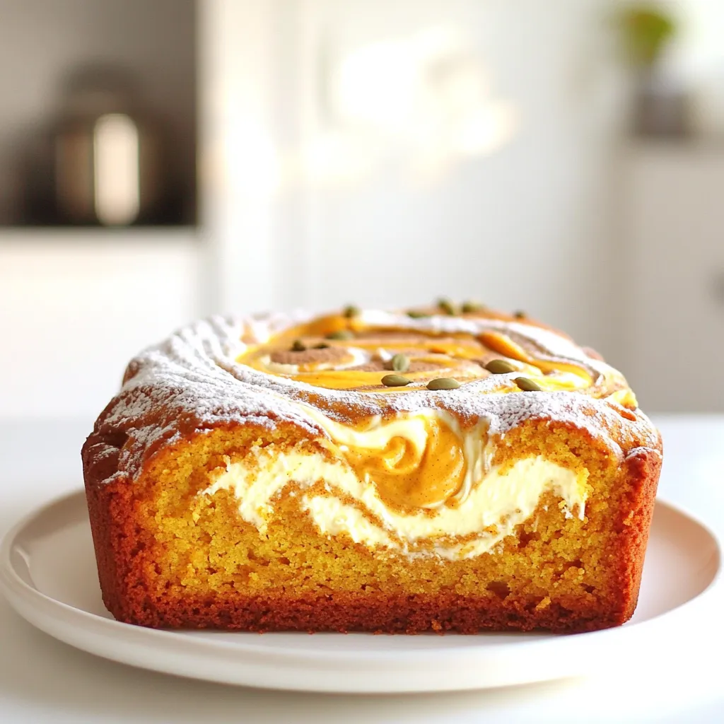 To make the perfect Pumpkin Cream Cheese Pound Cake, gather these simple ingredients: - 1 ½ cups all-purpose flour - 1 teaspoon baking powder - ½ teaspoon baking soda - ½ teaspoon salt - 1 teaspoon ground cinnamon - ¼ teaspoon ground nutmeg - ¼ teaspoon ground ginger - 1 cup granulated sugar - ½ cup unsalted butter, softened - 2 large eggs - 1 cup pumpkin puree - 1 teaspoon vanilla extract - 8 ounces cream cheese, softened - ½ cup powdered sugar - 1 teaspoon milk (optional, for consistency) Each of these items plays a key role in creating a rich and moist cake. The all-purpose flour gives the structure. The baking powder and baking soda help it rise. The salt balances the flavors, while the spice blend of cinnamon, nutmeg, and ginger adds warmth. The sugar and butter create a sweet and tender crumb. Eggs bind everything together, and pumpkin puree adds moisture and flavor. Vanilla extract enhances the taste, while the cream cheese mixture gives a creamy surprise inside. If your cream cheese is too thick, you can add a teaspoon of milk for a smoother texture. Each ingredient works together to make this cake an irresistible treat. First, preheat your oven to 350°F (175°C). This helps the cake bake evenly. Next, grab a 9x5 inch loaf pan. Grease and flour the pan well. This step prevents sticking and makes it easy to remove the cake later. In a medium bowl, whisk together the dry ingredients. Combine 1 ½ cups of all-purpose flour, 1 teaspoon of baking powder, ½ teaspoon of baking soda, and ½ teaspoon of salt. Add 1 teaspoon of ground cinnamon, ¼ teaspoon of ground nutmeg, and ¼ teaspoon of ground ginger. Whisk until everything is mixed well. Set this bowl aside for later. In a large mixing bowl, cream together ½ cup of softened unsalted butter and 1 cup of granulated sugar. Use a mixer for about 3-4 minutes until it looks light and fluffy. Then, beat in 2 large eggs one at a time. Mix well after each egg. Next, add 1 cup of pumpkin puree and 1 teaspoon of vanilla extract. Stir until it’s all combined. Now, it’s time to add the dry mix to the wet mix. Gradually add the dry ingredients. Mix gently until just combined. Be careful not to overmix. This keeps the cake soft and fluffy. In another bowl, take 8 ounces of softened cream cheese and mix it with ½ cup of powdered sugar. Stir until it is smooth. If the cream cheese is too thick, you can add 1 teaspoon of milk. This helps to reach the right consistency. Pour half of the batter into the prepared loaf pan. Spoon dollops of the cream cheese mixture over the batter. Then pour the rest of the batter on top. Use a knife or skewer to gently swirl the cream cheese into the batter. This gives a nice marbled effect. Place the loaf pan in the oven. Bake for 55-60 minutes. To check if it’s done, insert a toothpick into the center. If it comes out clean, the cake is ready. Let the cake cool in the pan for about 10 minutes. After that, transfer it to a wire rack to cool completely. - Importance of ingredient temperature: Always use room-temperature butter and cream cheese. This helps them blend smoothly. Cold ingredients can cause lumps in your batter. - Checking for doneness properly: Insert a toothpick in the center of the cake. If it comes out clean, the cake is ready. If wet batter sticks, bake a little longer. - Overmixing and its effects: Be gentle when mixing the batter. Overmixing can make the cake tough. Mix just until the flour disappears for a light texture. - How to avoid a dense cake: Use the right flour-to-liquid ratio. Ensure you measure flour correctly. Too much flour can lead to a heavy cake. - Serving suggestions and garnishes: Serve slices on a pretty plate. Dust with powdered sugar for a sweet touch. Sprinkle cinnamon and pumpkin seeds for extra flair. - Serving at optimal temperature: Enjoy the cake warm or at room temperature. Both ways bring out its rich flavors. Store leftovers in an airtight container to keep it fresh. {{image_2}} You can change the taste of your pumpkin cream cheese pound cake in fun ways. Adding nuts like walnuts or pecans gives it a nice crunch. You can also toss in chocolate chips for a sweet twist. Both options add texture and flavor. If you want to adjust the spices, try adding more cinnamon for warmth. You can also swap out some cinnamon for allspice or clove. These changes can help you find the flavor that you enjoy the most. Many people need special diets, and you can still enjoy this cake. To make it gluten-free, use a gluten-free flour blend instead of all-purpose flour. This keeps the cake moist and tasty. For a vegan version, replace the eggs with flaxseed meal or applesauce. Use a dairy-free cream cheese for the filling. These swaps let everyone enjoy this delicious cake, no matter their diet. This cake is tasty on its own, but you can make it even better. Drizzle caramel or cream cheese frosting on top for added sweetness. You can also serve it with whipped cream for a light touch. Pair the cake with warm drinks like coffee or chai tea. This combination makes for a cozy treat, perfect for fall gatherings or lazy afternoons. To keep your Pumpkin Cream Cheese Pound Cake fresh, wrap it tightly in plastic wrap. This helps keep moisture in. You can also place it in an airtight container. For long-term storage, slice the cake and place each slice in a freezer bag. Make sure to remove as much air as possible. This keeps the cake from getting freezer burn. At room temperature, the cake stays fresh for about three days. If you store it in the fridge, it can last up to a week. Just make sure it's wrapped well to avoid drying out. When you're ready to enjoy a slice, preheat your oven to 350°F (175°C). Place the slice on a baking sheet. Heat it for about 10-15 minutes. This warms the cake without drying it out. You can also use a microwave. Heat on low for about 15-20 seconds. Just be careful not to overheat, or it may dry out. You can use Greek yogurt or mascarpone cheese. Both options work well. Greek yogurt adds a tangy flavor. Mascarpone is rich and creamy. If you use yogurt, it may change the texture slightly. Adjust the sugar as needed to keep it sweet. Yes, you can use fresh pumpkin. Start by roasting a pumpkin until it’s soft. Scoop out the flesh and mash it. Make sure to drain any excess moisture. This will help keep your cake from getting too wet. To check if the cake is done, insert a toothpick into the center. If it comes out clean, your cake is ready. You can also gently press the top. If it springs back, it is done. If it leaves an indentation, bake for a few more minutes. You can prepare the batter in advance. Store it in the fridge for up to 24 hours. Just remember to let it sit at room temperature for a bit before baking. You can also bake the cake a day ahead. Wrap it well to keep it fresh. Serve the cake sliced on a pretty plate. You can dust it with powdered sugar for a nice touch. Try adding a sprinkle of cinnamon or a few pumpkin seeds. Pair it with coffee or tea for a cozy treat. Enjoy it warm or at room temperature! You’ve explored how to make a delicious pumpkin cream cheese pound cake from scratch. We covered ingredients, step-by-step instructions, and helpful tips to ensure success. With variations and storage info, you can customize and keep your cake fresh. Remember, baking is about practice and fun. Enjoy the process and make it your own. I can't wait to hear how your cake turns out!