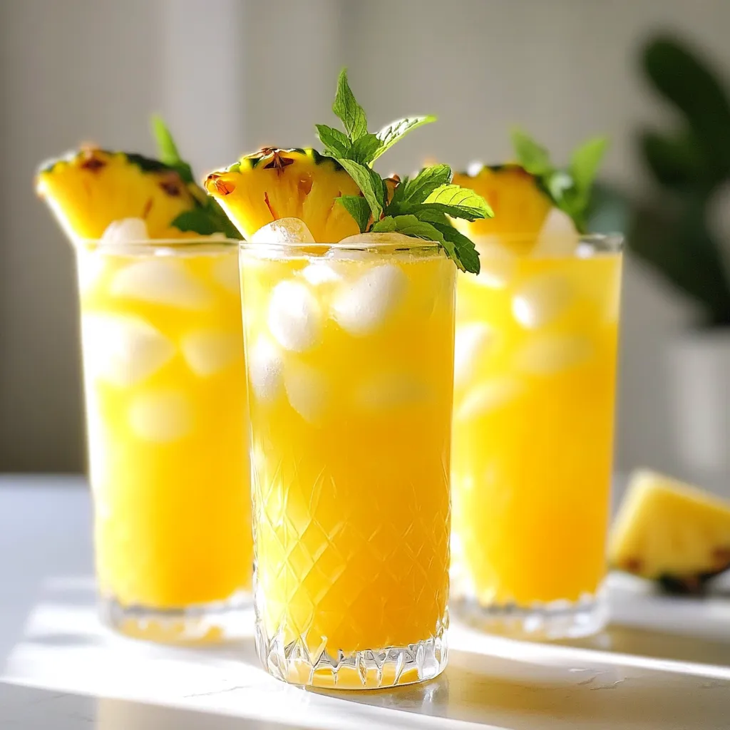 To make a tasty Pineapple Coconut Rum Punch, you need fresh and simple ingredients. Here’s what you will need: - 2 cups fresh pineapple juice - 1 cup coconut milk - 1/2 cup orange juice - 1/4 cup lime juice - 1/4 cup honey or agave syrup - 1 cup club soda or sparkling water - Fresh pineapple slices, for garnish - Mint leaves, for garnish Fresh pineapple juice gives a bright flavor. Coconut milk adds creaminess. Orange juice brings sweetness, while lime juice adds zing. Honey or agave syrup gives a smooth touch. Club soda or sparkling water makes it fizzy and fun. Using fresh ingredients matters. They make your punch taste better. If you can, use ripe pineapples for juice. It will enhance the taste. Enjoy gathering these items and get ready to mix a refreshing drink! {{ingredient_image_1}} - Combine all liquid ingredients. Start by pouring 2 cups of fresh pineapple juice into a large pitcher. Next, add 1 cup of coconut milk. Then, mix in 1/2 cup of orange juice and 1/4 cup of lime juice. Finally, add 1/4 cup of honey or agave syrup for sweetness. - Mix until well combined. Use a big spoon to stir the mixture. Make sure to mix it well. You want the honey to dissolve fully. This step is key for a smooth drink. - Chill the mixture. Place the pitcher in the fridge. Let it chill for at least 30 minutes. This helps all the flavors mix well together. - Add club soda or sparkling water. After chilling, slowly pour in 1 cup of club soda or sparkling water. Stir gently so you don’t lose the fizz. This bubbly touch makes your punch extra refreshing. - Fill glasses with ice. Take your favorite glasses and fill them with ice cubes. The ice keeps the punch cold and refreshing. - Pour punch over ice. Carefully pour the chilled punch over the ice in each glass. Watch the colors mix beautifully as you pour. - Add garnishes. Finally, finish with a slice of fresh pineapple and a sprig of mint on top. This gives your drink a lovely look and extra flavor. Enjoy your refreshing drink! - Adjust sweetness to taste: Start with the amount of honey or agave syrup in the recipe. After mixing, taste the punch. If it needs more sweetness, add a little more. This way, you control the flavor. - Use fresh ingredients for the best flavor: Fresh pineapple juice is key. It brightens the punch. Coconut milk should be creamy and smooth. Fresh juices make a big difference. Avoid bottled options when you can. - Use fresh slices of pineapple: Adding fresh pineapple slices makes the drink look pretty. It also adds a burst of flavor. Place one slice on each glass for a tropical touch. - Add mint leaves for a refreshing touch: Mint leaves add a nice aroma. They also bring a cool taste. Just a sprig on top can elevate your punch. This small touch can impress your guests. Pro Tips Choose Ripe Pineapples: For the best flavor, select pineapples that are golden-yellow and slightly soft to the touch. This ensures maximum sweetness for your juice. Experiment with Sweeteners: If you prefer a less sugary punch, consider using natural sweeteners like agave syrup or even a splash of stevia to adjust the sweetness to your liking. Chill for Better Flavor: Allow the tropical mixture to chill for at least 30 minutes. This enhances the flavor profile and creates a more refreshing beverage. Garnish for Presentation: Enhance the visual appeal by using colorful garnishes like vibrant pineapple slices and fresh mint leaves, making the punch even more enticing. {{image_2}} You can easily change the flavors of your punch. Use different sweeteners like sugar or agave. Each will give a unique twist. You can also try other juices. Mango or passionfruit juice can add new fruity notes. Mix and match to find your favorite. For a fun twist, add flavored rums. Coconut rum brings out the tropical vibe. Mango rum adds a nice fruity kick. If you prefer a non-alcoholic version, skip the rum entirely. Just use soda or sparkling water. This way, everyone can enjoy the punch! To store leftover punch, use a clean pitcher. Pour the punch into the pitcher and cover it tightly. Place it in the refrigerator. This keeps the flavors fresh. Use it within 2 days for the best taste. To maintain fizz, avoid stirring the punch after adding club soda. Instead, gently tilt the pitcher when pouring. This helps keep the bubbles intact. If you notice the fizz fading, enjoy the punch soon after opening. You can turn leftover punch into ice cubes. Pour the punch into an ice cube tray. Freeze until solid, which usually takes about 4 hours. These cubes add flavor to other drinks. For freezing fresh ingredients, chop pineapple slices and mint leaves. Place them in a freezer bag and remove as much air as possible. Seal the bag well. Use these frozen ingredients in other tropical drinks. They will still taste great! To make this punch non-alcoholic, simply skip the rum. Use soda or sparkling water only. You can add more fruit juice to keep the flavor bright and fun. This way, everyone can enjoy the tropical vibe. Yes, you can prepare this punch in advance. Mix all the juices and honey in a pitcher. Chill the mixture for at least 30 minutes. When you’re ready to serve, add the club soda or sparkling water. This keeps the fizz. It’s a great way to save time for parties. For food pairings, try light snacks. Fresh fruit, cheese, or shrimp cocktail work well. You can also serve chips with salsa or guacamole. These snacks balance the sweet punch. They make for a fun, tropical feast! This blog post shared a fun recipe for Pineapple Coconut Rum Punch. You learned about the key ingredients and how to mix them well. I included tips for perfecting your punch and suggested fun variations. Remember, fresh ingredients make a big difference in taste. You can easily adjust sweetness and try different juices or spirits. Store your leftover punch carefully to keep it fizzy. Enjoy this refreshing drink at your next gathering and impress your guests!
