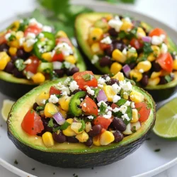 - 2 ripe avocados - 1 cup canned black beans, rinsed and drained - 1 cup cherry tomatoes, diced - 1 small red onion, finely chopped - 1 red bell pepper, diced - ¼ cup corn kernels (fresh or frozen) - 1 jalapeño, finely chopped (optional for heat) - 1 lime, zested and juiced - 1 teaspoon cumin - ½ teaspoon chili powder - Salt and pepper to taste - ¼ cup fresh cilantro, chopped - ½ cup crumbled feta cheese (optional) These ingredients make up the base of your fiesta stuffed avocados. Each one adds a burst of flavor. Ripe avocados serve as the perfect vessel for our tasty filling. Canned black beans provide protein and fiber. Cherry tomatoes add sweetness and color. The red onion and bell pepper bring crunch. Corn gives a nice pop of texture. If you like spice, add jalapeño for heat. Lime zest and juice brighten the flavors. Cumin and chili powder add warmth and depth. Season with salt and pepper to taste. Fresh cilantro brings freshness to each bite. Finally, crumbled feta cheese adds a creamy finish if desired. Each serving of fiesta stuffed avocados contains around 300 calories. They provide healthy fats from avocados. You get protein from black beans and feta cheese. The carbs come from beans and corn. This dish is balanced and tasty, making it satisfying and healthy. {{ingredient_image_1}} Start by cutting the avocados in half. Remove the pits carefully. Use a spoon to scoop out some flesh. This creates a larger cavity for the filling. Make sure to keep the skin intact. Set the reserved avocado flesh aside for later. In a mixing bowl, combine the following ingredients: - 1 cup canned black beans, rinsed and drained - 1 cup cherry tomatoes, diced - 1 small red onion, finely chopped - 1 red bell pepper, diced - ¼ cup corn kernels (fresh or frozen) - 1 jalapeño, finely chopped (optional for heat) Next, add lime zest and lime juice. Sprinkle in 1 teaspoon of cumin and ½ teaspoon of chili powder. Season with salt and pepper to taste. Mix everything well. Chop the reserved avocado flesh into small pieces. Gently fold this into the bean mixture. Be careful not to mash it. Now, generously spoon the filling into each avocado half. Pack the filling tightly for the best taste. Top each stuffed avocado with crumbled feta cheese if you like. Garnish with fresh chopped cilantro for a bright touch. Drizzle with extra lime juice for added flavor. Serve on a colorful platter with lime wedges. This adds a pop of color and freshness to your dish. To pick ripe avocados, look for a dark green color. Gently squeeze the avocado. If it feels soft but not mushy, it's ripe. If it's hard, it needs more time. You can speed up ripening by placing it in a paper bag with a banana or apple. The gas these fruits give off helps avocados ripen faster. You can easily change the heat of your stuffed avocados. If you like spice, add more jalapeño. For a milder taste, leave it out or use less. Adjust the chili powder too. Start with a small amount and taste the filling. You can always add more if you want it spicier. Make your plate pop by using a colorful platter. Arrange the stuffed avocados neatly. Add lime wedges on the side. This not only looks great but also adds a burst of freshness. The green from the avocados and the bright colors from the filling make for a stunning dish. Pro Tips Choose Ripe Avocados: Make sure your avocados are perfectly ripe for the best flavor and texture. They should yield slightly to gentle pressure when squeezed. Customize Your Spice Level: Adjust the amount of jalapeño or add a dash of hot sauce to the filling if you prefer a spicier dish. Fresh Ingredients Matter: Use fresh produce for the best taste. If using frozen corn, ensure it is thawed and drained before adding. Serving Suggestion: Serve the stuffed avocados with tortilla chips or a side salad for a complete meal that's colorful and satisfying. {{image_2}} You can easily add protein to your Fiesta Stuffed Avocados. Grilled chicken or shrimp both work well. These meats bring a savory touch and a hearty bite. To add them, simply grill or sauté your choice of protein. Chop it into small pieces and mix it into the filling. This makes your dish even more satisfying. For a vegetarian or vegan twist, swap out the cheese and proteins. You can use nutritional yeast instead of cheese for a cheesy flavor. For protein, consider adding chickpeas or tofu. Both options add great texture and nutrition. You can also include more veggies like spinach or zucchini for a colorful filling. Using seasonal ingredients can elevate your Fiesta Stuffed Avocados. In summer, add ripe peaches or corn for sweetness. In fall, try roasted butternut squash or apples for a warm touch. This keeps your dish fresh and exciting all year round. Seasonal veggies not only taste better but also offer more nutrients. To keep your stuffed avocados fresh, store them in the fridge. Place them in an airtight container. If you have extra filling, keep it in a separate container. This way, the avocados stay intact. Use them within 1 to 2 days for the best taste. You may not need to reheat stuffed avocados. If you want to warm the filling, try using a microwave. Heat it in short bursts. Stir it in between to avoid hot spots. Alternatively, you can use a skillet on low heat. Stir gently until warm. I do not recommend freezing stuffed avocados. The texture of the avocado can change when frozen. If you want to freeze the filling, that is fine. Store it in a freezer-safe container. It can last up to 3 months. When ready to eat, thaw it in the fridge overnight. Yes, you can prep these avocados in advance. To save time, make the filling early. Mix the black beans, tomatoes, onion, bell pepper, corn, and jalapeño. Then, store it in the fridge. Cut and pit the avocados just before serving. This keeps them fresh and green. You can also add lime juice to the filling for extra flavor and to help prevent browning. These stuffed avocados pair well with many side dishes. Consider serving them with tortilla chips for a crunchy contrast. A fresh salad with lime vinaigrette adds a light touch. If you want a drink, try a chilled margarita or a fruit-infused water. These options enhance the fiesta theme. To prevent browning, use lemon or lime juice. Simply squeeze it over the cut avocado. You can also cover the flesh tightly with plastic wrap. Air exposure causes browning, so minimizing it helps. For leftover stuffed avocados, store them in an airtight container in the fridge. Fiesta Stuffed Avocados offer a fun and tasty dish full of nutrients. We explored ingredients like ripe avocados, black beans, and fresh veggies. I shared step-by-step instructions for making the filling and stuffing the avocados. Remember to adjust spice levels and try variations with proteins or seasonal ingredients. In closing, these stuffed avocados are easy and versatile. Enjoy experimenting with flavors and colors. Your meals can be both healthy and exciting!