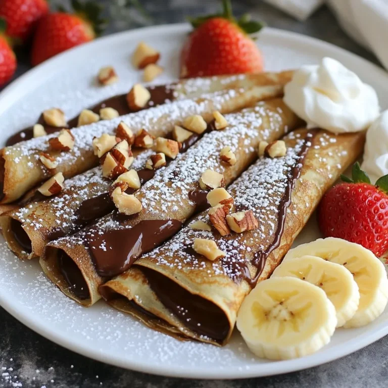 To make delicious chocolate hazelnut crepes, you will need a few simple ingredients. Here’s a detailed list to help you gather everything you need: - 1 cup all-purpose flour - 2 large eggs - 1 1/2 cups milk (or any non-dairy alternative you like) - 2 tablespoons melted butter (plus some for the pan) - 1 tablespoon sugar - 1/4 teaspoon salt - 1/2 cup chocolate hazelnut spread (Nutella works great!) - 1/4 cup chopped toasted hazelnuts - Fresh fruit (like bananas or strawberries) for toppings - Powdered sugar for dusting - Whipped cream (optional but tasty!) Each ingredient plays a key role in the flavor and texture of the crepes. The all-purpose flour gives the crepes their structure, while the eggs help bind everything together. Milk adds moisture, making the crepes soft and fluffy. Melted butter adds richness and flavor. Sugar balances the taste, and salt enhances all the flavors. The chocolate hazelnut spread is the star of the show, bringing creamy goodness to every bite. Chopped hazelnuts add crunch, and fresh fruit adds a burst of flavor. Finally, powdered sugar and whipped cream make it look pretty and taste even better! {{ingredient_image_1}} To make the batter, grab a mixing bowl. Add 1 cup of all-purpose flour. Crack in 2 large eggs. Pour in 1 1/2 cups of milk. You can use a non-dairy option too. Add 2 tablespoons of melted butter, 1 tablespoon of sugar, and 1/4 teaspoon of salt. Whisk everything together until smooth. Let it rest for 15 to 20 minutes. This helps the flour absorb the liquid. Now, heat a non-stick skillet over medium heat. Lightly grease it with butter. Use a ladle to pour in a small amount of batter. Swirl the pan to spread it thin. Cook for 1 to 2 minutes. Watch for the edges to lift and turn golden. Flip the crepe and cook for another minute. Remove it from the pan and stack it on a plate. Repeat this with the rest of the batter. Grab a cooked crepe and spread 1 tablespoon of chocolate hazelnut spread on one side. Sprinkle chopped toasted hazelnuts on top. If you like, add fresh fruit slices like bananas or strawberries. Fold the crepe in half, then in half again to make a triangle. Serve it warm, dusted with powdered sugar. If you want, add whipped cream on top for extra fun! To make perfect crepes, keep these tips in mind: - Rest your batter: Letting the batter sit for 15-20 minutes helps it thicken and improves texture. - Use the right pan: A non-stick skillet works best for easy flipping. - Heat control: Cook on medium heat. Too hot, and the crepes burn; too cool, and they won’t cook through. - Swirl the batter: Pour a ladle of batter in the pan and quickly swirl to spread it evenly. You can add extra flavor to your crepes. Here are some ideas: - Vanilla extract: A teaspoon in your batter boosts the sweet flavor. - Cocoa powder: Mix in a tablespoon for a chocolatey twist. - Cinnamon: A pinch can add warmth and depth to your dish. - Zest: Add lemon or orange zest for a refreshing touch. Avoid these common mistakes to ensure success: - Overmixing: Mixing too much can create tough crepes. Stir just until combined. - Skipping the butter: Always grease the pan to prevent sticking. - Too thick batter: If your batter is too thick, crepes won’t cook evenly. Add a little milk to thin it out. - Not stacking: Stacking cooked crepes keeps them warm and soft. Pro Tips Rest the Batter: Allowing the crepe batter to rest for 15-20 minutes helps to relax the gluten, resulting in more tender crepes. Use a Non-Stick Pan: A non-stick skillet is essential for easy flipping and to prevent the crepes from sticking. Control the Heat: Cooking on medium heat ensures that the crepes cook evenly without burning. Adjust the heat as needed. Experiment with Fillings: Don't hesitate to mix and match fillings like different fruits, nuts, or even flavored creams for a unique twist. {{image_2}} You can get creative with your fillings! Besides chocolate hazelnut spread, try peanut butter or almond butter. For a fruity twist, use jam or fresh fruit. Cream cheese mixed with honey is a tasty option too. These choices give your crepes a new flavor each time. If you need a gluten-free option, just swap the all-purpose flour. Use a mix of almond flour and coconut flour for a great taste. You can also try gluten-free all-purpose flour. Make sure to check the labels for other ingredients. This way, you can enjoy crepes without worry. Toppings can change your crepes a lot! Sprinkle powdered sugar on top for sweetness. Add fresh fruit like bananas, strawberries, or blueberries for color and taste. Drizzle chocolate sauce or caramel for extra fun. You can even add a scoop of ice cream for a special treat. Each topping makes your crepes unique and delicious! You might have some crepes left after a fun meal. To store them, place a sheet of parchment paper between each crepe. This will keep them from sticking together. Then, stack them in an airtight container. Store the container in the fridge for up to three days. When you want some, just take them out! If you want to save crepes for later, freezing is a great option. Just like with storing, place parchment paper between each crepe. Then, wrap the stack tightly in plastic wrap or foil. Put the wrapped stack in a freezer-safe bag. Crepes can stay in the freezer for up to two months. When you’re ready, just thaw them in the fridge overnight. To enjoy your crepes again, you can reheat them easily. You can use a skillet or microwave. If using a skillet, warm it over medium heat. Place a crepe in the pan for about 30 seconds on each side. If you prefer the microwave, heat it for about 10-15 seconds until warm. Enjoy your delicious crepes! Store leftover chocolate hazelnut crepes in an airtight container. Place parchment paper between layers. This keeps them from sticking together. You can store them in the fridge for up to three days. For longer storage, freeze them. Wrap each crepe in plastic wrap, then place in a freezer bag. They can last up to two months in the freezer. Yes, you can make the batter ahead of time. Whisk together the ingredients, then cover the bowl with plastic wrap. Place it in the fridge for up to 24 hours. Just remember to give it a good stir before cooking. Resting helps the flour absorb the liquid, giving you tender crepes. To make vegan chocolate hazelnut crepes, swap the eggs with flax eggs. Mix one tablespoon of ground flaxseed with three tablespoons of water. Let it sit for five minutes. Use a non-dairy milk like almond or oat milk instead of regular milk. Lastly, use vegan butter or coconut oil in place of regular butter. If you don’t have chocolate hazelnut spread, try almond butter or peanut butter. You can also use any chocolate spread, like chocolate almond spread. For a healthier option, use a homemade nut butter blended with cocoa powder and maple syrup. These alternatives keep the crepes tasty and enjoyable. This blog post covered how to make delicious chocolate hazelnut crepes from scratch. We explored the key ingredients, mixing techniques, and cooking methods. You learned valuable tips for perfecting your crepes and how to store any leftovers. Don't forget about the fun variations and alternatives! Remember, crepes are versatile and easy to customize. Enjoy experimenting with flavors and toppings, and share your tasty results! With practice, your crepes will impress everyone. Now, it’s time to start making your own delightful chocolate hazelnut crepes!