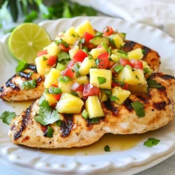 To make Tropical Pineapple Salsa Chicken, you need: - 4 boneless, skinless chicken breasts - 1 tablespoon olive oil - 1 teaspoon garlic powder - 1 teaspoon cumin - Salt and pepper to taste These main ingredients form the base of the dish. The chicken is lean and absorbs the marinade well. Olive oil adds moisture and flavor. Garlic powder brings depth, while cumin adds a warm touch. For the marinade, gather these items: - Salt and pepper to taste The salt and pepper allow you to enhance the chicken's flavor. Adjust them based on your taste preferences. This simple marinade makes the chicken juicy and tasty. For the salsa, you will need: - 1 ripe pineapple, diced - 1 red bell pepper, diced - 1 jalapeño, minced (seeds removed for less spice) - 1/4 cup red onion, finely chopped - 1/4 cup fresh cilantro, chopped - Juice of 2 limes - Zest of 1 lime The salsa adds a bright and fresh touch. Pineapple provides sweetness and acidity. Red bell pepper adds crunch and color. Jalapeño gives a kick, while red onion adds sharpness. Cilantro brings a fresh herb flavor. Lime juice and zest tie it all together with tang. {{ingredient_image_1}} Start by mixing olive oil, garlic powder, cumin, salt, and pepper in a bowl. This makes a tasty marinade. Add the four chicken breasts to the bowl. Coat each piece well with the marinade. Cover the bowl with plastic wrap. Place it in the fridge for at least 30 minutes. For more flavor, marinate for up to 4 hours. While the chicken marinates, prepare the salsa. Take a separate bowl and add diced pineapple, red bell pepper, minced jalapeño, and chopped red onion. Next, throw in fresh cilantro, lime juice, and lime zest. Toss everything together well. Let it sit so the flavors mix nicely. This salsa adds a bright kick to the chicken. Preheat your grill or grill pan to medium-high heat. Once hot, take the chicken out of the marinade. Grill the chicken for 6-7 minutes on one side. Flip it over and cook for another 6-7 minutes. Check that the internal temperature reaches 165°F (75°C). This ensures the chicken is safe to eat and very juicy. After cooking, let the chicken rest for a couple of minutes before slicing. Top it with your fresh pineapple salsa for a tropical twist. Marinating your chicken is key to great flavor. Start with olive oil, garlic powder, and cumin. These ingredients work together well. Mix them in a bowl with salt and pepper. Add the chicken and coat it fully. Cover the bowl and let it sit in the fridge. For best results, let it marinate for at least 30 minutes. If you have time, letting it sit for up to 4 hours will deepen the taste. Grilling chicken can be simple and fun. Preheat your grill or grill pan on medium-high heat. This helps create a nice sear. Take the chicken out of the marinade before grilling. Cook each piece for 6-7 minutes on each side. Use a meat thermometer to check the inside. It should reach 165°F (75°C) for safe eating. Let the chicken rest for a couple of minutes after grilling. This keeps it juicy and tender. The salsa is the star of this dish. To make it pop, use fresh, ripe pineapple. Combine it with red bell pepper and jalapeño for color and spice. Don't forget the red onion and cilantro for freshness. Squeeze fresh lime juice and add lime zest. This adds a zesty kick to the dish. Let the salsa sit for a bit before serving. This allows the flavors to blend beautifully. Pro Tips Marinate for Maximum Flavor: Allow the chicken to marinate for at least 4 hours, or overnight if possible, to enhance the flavor and tenderness. Choose a Ripe Pineapple: Select a ripe pineapple for the salsa to ensure a sweet and juicy contrast to the savory chicken. Temperature Check: Use a meat thermometer to check that the chicken has reached an internal temperature of 165°F (75°C) for safe consumption. Serving Suggestions: Serve the dish with coconut rice or tortilla chips for a tropical twist that complements the salsa. {{image_2}} You can swap the chicken for other proteins. Pork works great with this recipe. Use pork chops or tenderloin. Just adjust cooking times. Tofu is another option for a plant-based meal. Press the tofu to remove water. Marinate it just like the chicken for full flavor. Grill until golden and crispy. Feel free to mix the fruits in your salsa. Mango adds a sweet twist. Try papaya for a soft texture. You can also use kiwi for a tart kick. Remember to keep the balance of sweet and spicy. This keeps the salsa fresh and fun! Want more heat? Add more jalapeño. Keep the seeds in for extra spice. You can also try serrano peppers if you want a different taste. For a smoky flavor, add chipotle powder to the salsa. Adjust the heat to fit your taste, and enjoy! To keep your Tropical Pineapple Salsa Chicken fresh, store any leftovers in an airtight container. You should refrigerate them within two hours of cooking. This helps keep the chicken and salsa safe to eat. The dish will last for up to three days in the fridge. If you want to save the chicken for later, freezing is a great option. Place the cooked chicken in a freezer-safe bag or container. Make sure to remove as much air as possible. You can freeze it for up to three months. For the salsa, I recommend storing it separately. Freezing may change its texture, but it will still taste good. To reheat your chicken, use the microwave or oven. If using the microwave, heat on medium power for about 2-3 minutes. Check to make sure it's hot all the way through. If using the oven, preheat it to 350°F (175°C). Place the chicken in an oven-safe dish and cover it with foil. Heat for about 10-15 minutes. Always check the internal temperature to ensure it reaches 165°F (75°C) before eating. Serve it with fresh salsa on top for the best flavor! Yes, you can prepare this dish ahead of time. Marinate the chicken and make the salsa. You can store both in the fridge. Just remember to grill the chicken fresh on the day you plan to serve it. This keeps the chicken juicy and the salsa vibrant. Many sides go great with Tropical Pineapple Salsa Chicken. Here are a few ideas: - White rice - Quinoa - Fresh green salad - Grilled vegetables - Black beans These options balance the sweet and tangy flavors of the dish. Yes, this recipe is quite healthy. It uses lean chicken breasts and fresh fruits. Pineapple adds vitamins, while the veggies boost fiber and nutrients. The olive oil provides healthy fats. Overall, it’s a tasty and nutritious meal. Tropical Pineapple Salsa Chicken is a tasty dish that brings vibrant flavors. We explored the key ingredients, how to marinate chicken, and make fresh salsa. I shared tips for grilling and storing leftovers. You can switch up proteins and fruits for variety. Remember, this dish can be made ahead. Pair it with your favorite sides for a full meal. Enjoy the fun flavors and feel good knowing it's a healthy choice. Now, it's time for you to try this recipe, share it, and enjoy it with friends and family!