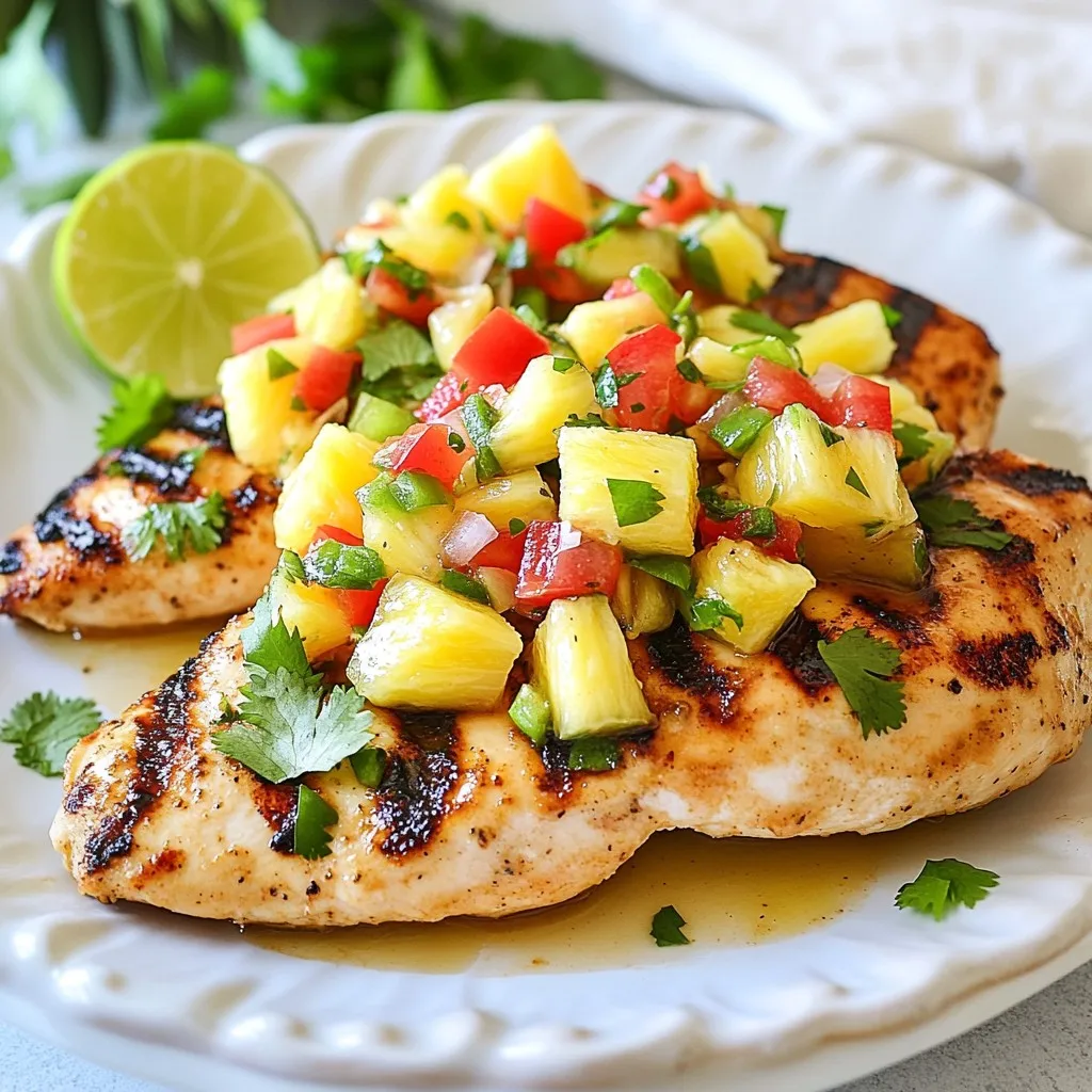 To make Tropical Pineapple Salsa Chicken, you need: - 4 boneless, skinless chicken breasts - 1 tablespoon olive oil - 1 teaspoon garlic powder - 1 teaspoon cumin - Salt and pepper to taste These main ingredients form the base of the dish. The chicken is lean and absorbs the marinade well. Olive oil adds moisture and flavor. Garlic powder brings depth, while cumin adds a warm touch. For the marinade, gather these items: - Salt and pepper to taste The salt and pepper allow you to enhance the chicken's flavor. Adjust them based on your taste preferences. This simple marinade makes the chicken juicy and tasty. For the salsa, you will need: - 1 ripe pineapple, diced - 1 red bell pepper, diced - 1 jalapeño, minced (seeds removed for less spice) - 1/4 cup red onion, finely chopped - 1/4 cup fresh cilantro, chopped - Juice of 2 limes - Zest of 1 lime The salsa adds a bright and fresh touch. Pineapple provides sweetness and acidity. Red bell pepper adds crunch and color. Jalapeño gives a kick, while red onion adds sharpness. Cilantro brings a fresh herb flavor. Lime juice and zest tie it all together with tang. {{ingredient_image_1}} Start by mixing olive oil, garlic powder, cumin, salt, and pepper in a bowl. This makes a tasty marinade. Add the four chicken breasts to the bowl. Coat each piece well with the marinade. Cover the bowl with plastic wrap. Place it in the fridge for at least 30 minutes. For more flavor, marinate for up to 4 hours. While the chicken marinates, prepare the salsa. Take a separate bowl and add diced pineapple, red bell pepper, minced jalapeño, and chopped red onion. Next, throw in fresh cilantro, lime juice, and lime zest. Toss everything together well. Let it sit so the flavors mix nicely. This salsa adds a bright kick to the chicken. Preheat your grill or grill pan to medium-high heat. Once hot, take the chicken out of the marinade. Grill the chicken for 6-7 minutes on one side. Flip it over and cook for another 6-7 minutes. Check that the internal temperature reaches 165°F (75°C). This ensures the chicken is safe to eat and very juicy. After cooking, let the chicken rest for a couple of minutes before slicing. Top it with your fresh pineapple salsa for a tropical twist. Marinating your chicken is key to great flavor. Start with olive oil, garlic powder, and cumin. These ingredients work together well. Mix them in a bowl with salt and pepper. Add the chicken and coat it fully. Cover the bowl and let it sit in the fridge. For best results, let it marinate for at least 30 minutes. If you have time, letting it sit for up to 4 hours will deepen the taste. Grilling chicken can be simple and fun. Preheat your grill or grill pan on medium-high heat. This helps create a nice sear. Take the chicken out of the marinade before grilling. Cook each piece for 6-7 minutes on each side. Use a meat thermometer to check the inside. It should reach 165°F (75°C) for safe eating. Let the chicken rest for a couple of minutes after grilling. This keeps it juicy and tender. The salsa is the star of this dish. To make it pop, use fresh, ripe pineapple. Combine it with red bell pepper and jalapeño for color and spice. Don't forget the red onion and cilantro for freshness. Squeeze fresh lime juice and add lime zest. This adds a zesty kick to the dish. Let the salsa sit for a bit before serving. This allows the flavors to blend beautifully. Pro Tips Marinate for Maximum Flavor: Allow the chicken to marinate for at least 4 hours, or overnight if possible, to enhance the flavor and tenderness. Choose a Ripe Pineapple: Select a ripe pineapple for the salsa to ensure a sweet and juicy contrast to the savory chicken. Temperature Check: Use a meat thermometer to check that the chicken has reached an internal temperature of 165°F (75°C) for safe consumption. Serving Suggestions: Serve the dish with coconut rice or tortilla chips for a tropical twist that complements the salsa. {{image_2}} You can swap the chicken for other proteins. Pork works great with this recipe. Use pork chops or tenderloin. Just adjust cooking times. Tofu is another option for a plant-based meal. Press the tofu to remove water. Marinate it just like the chicken for full flavor. Grill until golden and crispy. Feel free to mix the fruits in your salsa. Mango adds a sweet twist. Try papaya for a soft texture. You can also use kiwi for a tart kick. Remember to keep the balance of sweet and spicy. This keeps the salsa fresh and fun! Want more heat? Add more jalapeño. Keep the seeds in for extra spice. You can also try serrano peppers if you want a different taste. For a smoky flavor, add chipotle powder to the salsa. Adjust the heat to fit your taste, and enjoy! To keep your Tropical Pineapple Salsa Chicken fresh, store any leftovers in an airtight container. You should refrigerate them within two hours of cooking. This helps keep the chicken and salsa safe to eat. The dish will last for up to three days in the fridge. If you want to save the chicken for later, freezing is a great option. Place the cooked chicken in a freezer-safe bag or container. Make sure to remove as much air as possible. You can freeze it for up to three months. For the salsa, I recommend storing it separately. Freezing may change its texture, but it will still taste good. To reheat your chicken, use the microwave or oven. If using the microwave, heat on medium power for about 2-3 minutes. Check to make sure it's hot all the way through. If using the oven, preheat it to 350°F (175°C). Place the chicken in an oven-safe dish and cover it with foil. Heat for about 10-15 minutes. Always check the internal temperature to ensure it reaches 165°F (75°C) before eating. Serve it with fresh salsa on top for the best flavor! Yes, you can prepare this dish ahead of time. Marinate the chicken and make the salsa. You can store both in the fridge. Just remember to grill the chicken fresh on the day you plan to serve it. This keeps the chicken juicy and the salsa vibrant. Many sides go great with Tropical Pineapple Salsa Chicken. Here are a few ideas: - White rice - Quinoa - Fresh green salad - Grilled vegetables - Black beans These options balance the sweet and tangy flavors of the dish. Yes, this recipe is quite healthy. It uses lean chicken breasts and fresh fruits. Pineapple adds vitamins, while the veggies boost fiber and nutrients. The olive oil provides healthy fats. Overall, it’s a tasty and nutritious meal. Tropical Pineapple Salsa Chicken is a tasty dish that brings vibrant flavors. We explored the key ingredients, how to marinate chicken, and make fresh salsa. I shared tips for grilling and storing leftovers. You can switch up proteins and fruits for variety. Remember, this dish can be made ahead. Pair it with your favorite sides for a full meal. Enjoy the fun flavors and feel good knowing it's a healthy choice. Now, it's time for you to try this recipe, share it, and enjoy it with friends and family!