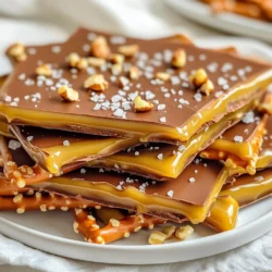 - 2 cups pretzel sticks - 1 cup semisweet chocolate chips - 1 cup caramel candies, unwrapped - 2 tablespoons heavy cream - Sea salt, for sprinkling - Optional: 1/4 cup chopped nuts (e.g., pecans or almonds) For this Chocolate Caramel Pretzel Bark, the main ingredients make it special. The pretzel sticks give a nice crunch. The semisweet chocolate chips add a rich flavor. The caramel candies create a sweet layer that binds everything nicely. The heavy cream is key for melting the caramel. It helps the caramel become smooth and easy to pour. A sprinkle of sea salt brings out the sweetness. If you want a nutty flavor, add chopped nuts. Pecans or almonds work great. These simple ingredients combine to create a treat that is hard to resist. Each bite has a mix of sweet, salty, and crunchy. You can make this bark for any occasion. It’s perfect for sharing or enjoying yourself! {{ingredient_image_1}} - Preheat your oven to 350°F (175°C). - Line a baking sheet with parchment paper. Make sure the paper extends over the edges for easy removal later. - Spread 2 cups of pretzel sticks evenly on the baking sheet. Form a single layer. - Bake the pretzels for 5 minutes. This will make them crisp and boost their flavor. - In a microwave-safe bowl, combine 1 cup of caramel candies and 2 tablespoons of heavy cream. - Heat the mixture in the microwave in 30-second increments. Stir between each heating until the caramel is smooth. Be careful not to overheat it. - Take the warm pretzels from the oven. Immediately pour the melted caramel over them. Use a spatula to spread it evenly. - In another bowl, melt 1 cup of semisweet chocolate chips. Use the same microwave method—30 seconds at a time—until smooth and creamy. - Drizzle the melted chocolate over the caramel-covered pretzels. You can spread it gently with a spatula if you like. - If you want to add nuts, sprinkle 1/4 cup of chopped nuts over the chocolate layer while it’s still soft. Press them down lightly. - Finish by sprinkling a pinch of sea salt over the top. This adds a nice contrast to the sweet flavors. - Let the bark cool at room temperature until it sets. You can speed this up by placing it in the fridge for about 30 minutes. - Once set, lift the bark from the baking sheet using the edges of the parchment paper. Break it into pieces as you desire. To make the best chocolate caramel pretzel bark, start by baking your pretzels. Ensure they are evenly baked. This step enhances their crunch and flavor. It only takes 5 minutes at 350°F (175°C). Keep an eye on them to avoid burning. When melting chocolate and caramel, patience is key. Use a microwave-safe bowl. Heat the caramel candies with the heavy cream in 30-second bursts. Stir between each interval. This helps you avoid overheating. Overheating can cause the chocolate to seize or the caramel to become too thick. Serve your bark with fun beverages. A glass of cold milk pairs well with the sweet flavors. You can also try it with coffee or hot cocoa. If you want something sweet, serve it with vanilla ice cream. The combinations are endless! Feel free to get creative with your bark! Add spices like cinnamon or a pinch of cayenne for a kick. You can also switch up the nuts. Use pecans, almonds, or leave them out for nut-free options. If you want vegan bark, choose dairy-free chocolate and caramel. This makes it suitable for all. Pro Tips Choose the Right Chocolate: Use high-quality semisweet chocolate chips for the best flavor. They melt smoothly and provide a rich chocolatey taste that complements the caramel and pretzels perfectly. Caramel Consistency Matters: Ensure your caramel mixture is smooth and not too thick. If it's too thick, it won't spread easily over the pretzels, so adjust with a little more cream if necessary. Experiment with Toppings: Feel free to customize the bark with different toppings such as crushed candies, mini marshmallows, or even a drizzle of white chocolate for extra flair. Storage Tips: Store the chocolate caramel pretzel bark in an airtight container at room temperature for up to a week. If you need to store it longer, consider refrigerating it to maintain freshness. {{image_2}} You can change the chocolate in your bark. Semisweet chocolate adds richness. If you want something sweeter, try white chocolate. White chocolate gives a creamy taste. Dark chocolate offers a bold flavor. It pairs well with caramel and pretzels. Choose what you love best. You can even mix chocolates for fun! Adding flavorings makes your bark special. You can stir in vanilla extract to enhance the taste. Just a drop can change everything. If you like a minty twist, try peppermint extract. It gives the bark a fresh zing. Experiment with flavors you enjoy. The options are endless! Make your bark festive for holidays. For Halloween, add orange and black sprinkles. For Christmas, use red and green sprinkles. You can even shape the bark into hearts for Valentine’s Day. Seasonal touches make it more fun to share. Let your creativity shine with these ideas! To keep your Chocolate Caramel Pretzel Bark fresh, store it in an airtight container. Make sure the bark is completely cool before you seal it. This helps keep it crunchy. You can place parchment paper between layers to avoid sticking. Store it at room temperature for best taste. If you want to freeze the bark, cut it into pieces first. Wrap each piece in plastic wrap, then place them in a freezer bag. This way, they stay fresh and easy to grab. To thaw, just take out a piece and let it sit at room temperature for about 30 minutes. You can also pop it in the fridge for a quicker thaw. When stored properly, the bark lasts about one week at room temperature. If you keep it in the fridge, it can last up to two weeks. Just check for any signs of moisture or changes in texture. If it starts to get soft, it’s best to toss it. Keeping the bark away from heat and light helps it last longer. If you need a pretzel substitute, you have options. Use rice cakes for a gluten-free choice. They add a nice crunch. You can also use popcorn for a lighter treat. If you want lower sodium, try unsalted crackers. They work well too. Each option offers a unique taste and texture. Yes, you can switch up the chocolate. Dark chocolate adds a rich flavor. Milk chocolate gives a sweet twist. You can even use white chocolate for a creamy result. Each chocolate type changes the bark's taste. Choose based on your favorite flavors. The bark usually takes about 30 minutes to set in the fridge. If you leave it at room temperature, it may take longer. Check the bark until it is firm. Once set, you can break it into pieces and enjoy! You learned how to make a delicious pretzel bark using a few simple ingredients. Each step, from baking to melting, makes this treat easy and fun. You can customize it with your favorite flavors and toppings. Store it right to keep it fresh, or even freeze some for later. This bark is perfect for sharing or enjoying alone. Use these tips to impress your friends and family. Enjoy making this tasty snack!