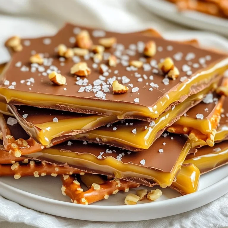 - 2 cups pretzel sticks - 1 cup semisweet chocolate chips - 1 cup caramel candies, unwrapped - 2 tablespoons heavy cream - Sea salt, for sprinkling - Optional: 1/4 cup chopped nuts (e.g., pecans or almonds) For this Chocolate Caramel Pretzel Bark, the main ingredients make it special. The pretzel sticks give a nice crunch. The semisweet chocolate chips add a rich flavor. The caramel candies create a sweet layer that binds everything nicely. The heavy cream is key for melting the caramel. It helps the caramel become smooth and easy to pour. A sprinkle of sea salt brings out the sweetness. If you want a nutty flavor, add chopped nuts. Pecans or almonds work great. These simple ingredients combine to create a treat that is hard to resist. Each bite has a mix of sweet, salty, and crunchy. You can make this bark for any occasion. It’s perfect for sharing or enjoying yourself! {{ingredient_image_1}} - Preheat your oven to 350°F (175°C). - Line a baking sheet with parchment paper. Make sure the paper extends over the edges for easy removal later. - Spread 2 cups of pretzel sticks evenly on the baking sheet. Form a single layer. - Bake the pretzels for 5 minutes. This will make them crisp and boost their flavor. - In a microwave-safe bowl, combine 1 cup of caramel candies and 2 tablespoons of heavy cream. - Heat the mixture in the microwave in 30-second increments. Stir between each heating until the caramel is smooth. Be careful not to overheat it. - Take the warm pretzels from the oven. Immediately pour the melted caramel over them. Use a spatula to spread it evenly. - In another bowl, melt 1 cup of semisweet chocolate chips. Use the same microwave method—30 seconds at a time—until smooth and creamy. - Drizzle the melted chocolate over the caramel-covered pretzels. You can spread it gently with a spatula if you like. - If you want to add nuts, sprinkle 1/4 cup of chopped nuts over the chocolate layer while it’s still soft. Press them down lightly. - Finish by sprinkling a pinch of sea salt over the top. This adds a nice contrast to the sweet flavors. - Let the bark cool at room temperature until it sets. You can speed this up by placing it in the fridge for about 30 minutes. - Once set, lift the bark from the baking sheet using the edges of the parchment paper. Break it into pieces as you desire. To make the best chocolate caramel pretzel bark, start by baking your pretzels. Ensure they are evenly baked. This step enhances their crunch and flavor. It only takes 5 minutes at 350°F (175°C). Keep an eye on them to avoid burning. When melting chocolate and caramel, patience is key. Use a microwave-safe bowl. Heat the caramel candies with the heavy cream in 30-second bursts. Stir between each interval. This helps you avoid overheating. Overheating can cause the chocolate to seize or the caramel to become too thick. Serve your bark with fun beverages. A glass of cold milk pairs well with the sweet flavors. You can also try it with coffee or hot cocoa. If you want something sweet, serve it with vanilla ice cream. The combinations are endless! Feel free to get creative with your bark! Add spices like cinnamon or a pinch of cayenne for a kick. You can also switch up the nuts. Use pecans, almonds, or leave them out for nut-free options. If you want vegan bark, choose dairy-free chocolate and caramel. This makes it suitable for all. Pro Tips Choose the Right Chocolate: Use high-quality semisweet chocolate chips for the best flavor. They melt smoothly and provide a rich chocolatey taste that complements the caramel and pretzels perfectly. Caramel Consistency Matters: Ensure your caramel mixture is smooth and not too thick. If it's too thick, it won't spread easily over the pretzels, so adjust with a little more cream if necessary. Experiment with Toppings: Feel free to customize the bark with different toppings such as crushed candies, mini marshmallows, or even a drizzle of white chocolate for extra flair. Storage Tips: Store the chocolate caramel pretzel bark in an airtight container at room temperature for up to a week. If you need to store it longer, consider refrigerating it to maintain freshness. {{image_2}} You can change the chocolate in your bark. Semisweet chocolate adds richness. If you want something sweeter, try white chocolate. White chocolate gives a creamy taste. Dark chocolate offers a bold flavor. It pairs well with caramel and pretzels. Choose what you love best. You can even mix chocolates for fun! Adding flavorings makes your bark special. You can stir in vanilla extract to enhance the taste. Just a drop can change everything. If you like a minty twist, try peppermint extract. It gives the bark a fresh zing. Experiment with flavors you enjoy. The options are endless! Make your bark festive for holidays. For Halloween, add orange and black sprinkles. For Christmas, use red and green sprinkles. You can even shape the bark into hearts for Valentine’s Day. Seasonal touches make it more fun to share. Let your creativity shine with these ideas! To keep your Chocolate Caramel Pretzel Bark fresh, store it in an airtight container. Make sure the bark is completely cool before you seal it. This helps keep it crunchy. You can place parchment paper between layers to avoid sticking. Store it at room temperature for best taste. If you want to freeze the bark, cut it into pieces first. Wrap each piece in plastic wrap, then place them in a freezer bag. This way, they stay fresh and easy to grab. To thaw, just take out a piece and let it sit at room temperature for about 30 minutes. You can also pop it in the fridge for a quicker thaw. When stored properly, the bark lasts about one week at room temperature. If you keep it in the fridge, it can last up to two weeks. Just check for any signs of moisture or changes in texture. If it starts to get soft, it’s best to toss it. Keeping the bark away from heat and light helps it last longer. If you need a pretzel substitute, you have options. Use rice cakes for a gluten-free choice. They add a nice crunch. You can also use popcorn for a lighter treat. If you want lower sodium, try unsalted crackers. They work well too. Each option offers a unique taste and texture. Yes, you can switch up the chocolate. Dark chocolate adds a rich flavor. Milk chocolate gives a sweet twist. You can even use white chocolate for a creamy result. Each chocolate type changes the bark's taste. Choose based on your favorite flavors. The bark usually takes about 30 minutes to set in the fridge. If you leave it at room temperature, it may take longer. Check the bark until it is firm. Once set, you can break it into pieces and enjoy! You learned how to make a delicious pretzel bark using a few simple ingredients. Each step, from baking to melting, makes this treat easy and fun. You can customize it with your favorite flavors and toppings. Store it right to keep it fresh, or even freeze some for later. This bark is perfect for sharing or enjoying alone. Use these tips to impress your friends and family. Enjoy making this tasty snack!