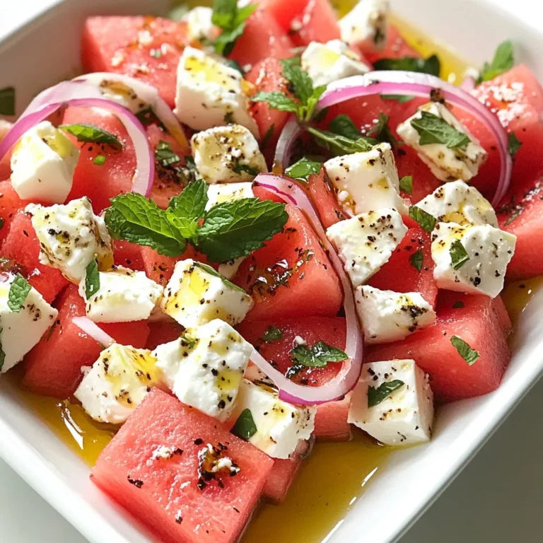 For this vibrant Summer Watermelon Feta Salad, you’ll need: - 4 cups watermelon, cubed - 1 cup feta cheese, crumbled - 1/4 cup fresh mint leaves, chopped - 1/4 cup red onion, thinly sliced - 2 tablespoons balsamic glaze - 2 tablespoons extra virgin olive oil - Salt and pepper to taste Selecting the right watermelon is key to a great salad. Look for watermelons that feel heavy for their size. A good watermelon should have a smooth, firm skin. Check for a creamy yellow spot on the bottom; this shows it ripened on the vine. Tap on the melon; a deep sound often means it’s ripe. If you can't find feta cheese, don’t worry! You can use goat cheese or queso fresco. Both add a tangy flavor. For a dairy-free option, try crumbled tofu or a nut cheese. These alternatives keep the salad fresh and tasty while adding a different twist. {{ingredient_image_1}} Start with fresh watermelon. Cut it into small cubes. You need about 4 cups. Use a sharp knife for clean cuts. Avoid crushing the fruit. Place the watermelon cubes in a large mixing bowl. Make sure they are evenly spaced. This helps the other flavors mix well. In a small bowl, whisk together balsamic glaze and olive oil. Use 2 tablespoons of each. This mix adds a sweet and tangy flavor. Whisk until the two are well blended. Set the dressing aside for now. Add crumbled feta cheese to the bowl with watermelon. Use 1 cup of feta for a rich taste. Next, add 1/4 cup of chopped mint leaves. Then, sprinkle in 1/4 cup of thinly sliced red onion. Pour the dressing over this mixture. Gently toss everything with a large spoon. Be careful not to smash the watermelon. Season with salt and pepper to taste. Adjust the flavors as needed. Serve right away for the best taste, or chill for 15-20 minutes. This lets the flavors blend more. To toss the salad well, be gentle. Start with the watermelon and feta. Use a large bowl to give you space. Add the mint and onion next. Pour the dressing over the top. Now, use a large spoon to mix it. Lift ingredients from the bottom and fold them over. This way, you keep the cubes intact. A soft touch helps everything stay fresh. You can boost flavors in this salad easily. Try adding a squeeze of lime juice. This adds a nice zing. You can mix in chopped jalapeños for some heat. For a sweet touch, add honey to the dressing. You might also try fresh basil instead of mint. Each option brings a new taste to the dish. Experiment to find what you love best. Serve this salad cold for the best taste. It pairs well with grilled chicken or fish. You can also enjoy it as a light lunch. Adding crusty bread makes a great side. For drinks, consider a chilled white wine. Lemonade or iced tea also works well. This salad is perfect for summer picnics or barbecues. Enjoy the fresh, vibrant flavors any time! Pro Tips Choose Ripe Watermelon: Select a watermelon that is heavy for its size and has a uniform shape. A yellow spot on one side indicates ripeness. Fresh Mint Leaves: Use fresh mint instead of dried for a vibrant flavor. Gently bruise the leaves before adding to release more essential oils. Customizable Dressing: Feel free to add a splash of lemon juice to the dressing for an extra tang or use flavored olive oil for additional depth. Chill for Flavor: Let the salad chill in the refrigerator for 15-20 minutes before serving to enhance the flavors and allow them to meld. {{image_2}} You can make this salad even better by adding other fruits. Try mixing in strawberries, blueberries, or peaches. These fruits add bright colors and flavors. They also boost the vitamins. If you use berries, slice them in half. For peaches, cut them into thin slices. Each fruit gives a new taste to every bite. Nuts or seeds add a nice crunch. I suggest using toasted walnuts or almonds. You can also try sunflower seeds or pumpkin seeds. They bring healthy fats and protein. Just sprinkle a handful on top before serving. This small change can make your salad even more filling and tasty. If you want to make this salad even healthier, consider some swaps. You can use low-fat feta cheese instead of regular feta. This lowers the calories while keeping the flavor. You can also add more mint for a fresh taste. Fresh herbs like basil or cilantro can work too. They give a new twist to the salad while keeping it light. To store leftover watermelon feta salad, place it in a bowl. Cover the bowl tightly with plastic wrap or a lid. This keeps the salad fresh and prevents it from drying out. If you have a lot of salad, divide it into smaller portions. This makes it easier to grab when you're hungry. A glass container with a lid works best for storing this salad. Glass helps maintain the salad's flavor and texture. If you use plastic, make sure it's BPA-free. Always choose a container that seals well. This keeps air out and helps the salad stay fresh longer. You can store the salad in the fridge for up to three days. After that, the watermelon may get mushy. The feta could lose its nice texture too. If you notice any changes in smell or look, it's best to toss it out. Eating fresh is always the best choice! Yes, you can make this salad ahead. I suggest preparing it no more than 2 hours before serving. Watermelon can lose its crunch if it sits too long. To keep it fresh, store it in the fridge. Toss the salad just before serving. This helps keep the flavors bright and fresh. You can add many tasty items to this salad. Here are a few ideas: - Cucumber for a cool crunch - Avocado for creaminess - Arugula for a peppery kick - Cherry tomatoes for color and sweetness - Nuts like walnuts or almonds for crunch These options can make your salad even better! Choosing feta cheese is simple. Look for these tips: - Go for a block of feta instead of crumbles. This keeps it fresh. - Check for a creamy texture. It should not be dry or too crumbly. - Taste it! Good feta has a tangy, salty flavor. - Buy from a store with high turnover for the freshest cheese. Using good feta will make your salad really shine! You learned about the best ingredients for a tasty salad. We covered picking fresh watermelon, making a simple dressing, and combining everything perfectly. Plus, we shared tips for enhancing flavors and serving this dish. Try adding fruits or nuts to give it a twist. Remember, store leftovers properly for the best taste. Enjoy making this salad your way, and don't hesitate to ask questions if you need help!