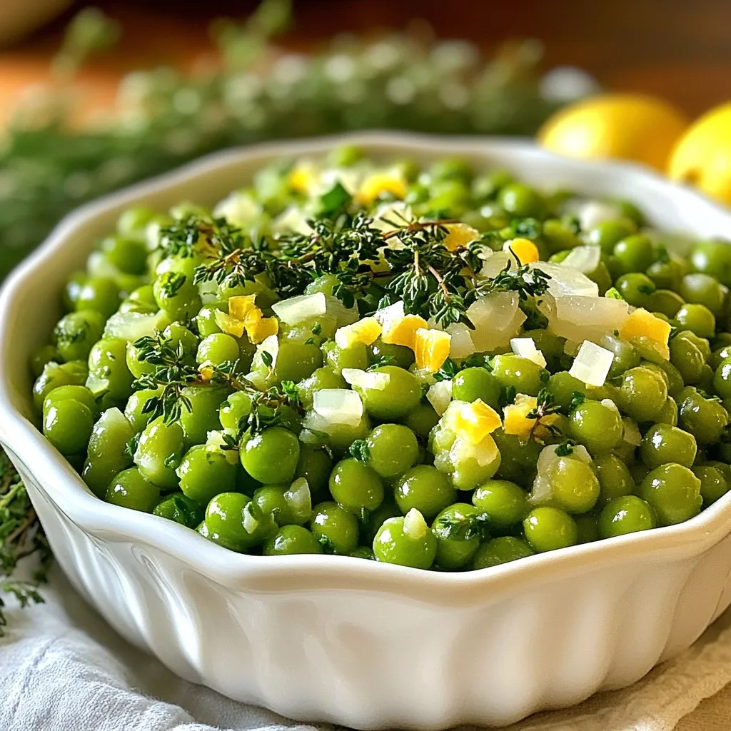 To make delicious Thanksgiving herbed peas, gather these simple items: - 4 cups fresh or frozen peas - 2 tablespoons unsalted butter - 1 small onion, finely chopped - 2 garlic cloves, minced - 1 teaspoon fresh thyme leaves - 1 teaspoon fresh rosemary, finely chopped - 1 tablespoon lemon juice - Salt and pepper to taste - Zest of 1 lemon (for garnish) When choosing peas, fresh is often best, but frozen peas can work well too. - Fresh Peas: Look for bright green pods that feel firm. The peas inside should be plump. - Frozen Peas: Check the package for no ice crystals. This means they stayed fresh. Frozen peas can save time and still taste great. They are picked at peak ripeness. You can add extra flavor to your herbed peas. Consider these options: - A pinch of red pepper flakes for heat. - A splash of white wine for depth. - A sprinkle of Parmesan cheese for richness. Feel free to get creative! Adjust flavors to match your taste and style. {{ingredient_image_1}} To start, gather your ingredients. You will need: - 4 cups fresh or frozen peas - 2 tablespoons unsalted butter - 1 small onion, finely chopped - 2 garlic cloves, minced - 1 teaspoon fresh thyme leaves - 1 teaspoon fresh rosemary, finely chopped - 1 tablespoon lemon juice - Salt and pepper to taste - Zest of 1 lemon (for garnish) Make sure to chop the onion finely. This helps it cook evenly. Mince the garlic to release its flavor. If you use fresh peas, rinse them well. If you use frozen, no need to thaw them. Heat a large skillet over medium heat. Add the unsalted butter. Let it melt until it bubbles. Then, add the chopped onion. Sauté the onion for about 4-5 minutes. You want it to turn translucent. Next, stir in the minced garlic. Cook for another 1-2 minutes. You will smell the garlic. Now, it’s time to add the peas. Stir the peas into the skillet. If using fresh peas, cook for about 5-7 minutes. For frozen peas, cook until they are heated through. After that, sprinkle in the fresh thyme and rosemary. Stir well to mix the herbs. Season with salt and pepper to your taste. Finally, drizzle the lemon juice over the peas. Remove the skillet from heat. Garnish your dish with lemon zest. This adds a bright flavor and a nice touch. Transfer the herbed peas to a serving dish. Make sure to spread them out evenly. The bright green color looks great on the table. For a finishing touch, you can add a few extra thyme leaves on top. This makes the dish look inviting. Serve it warm alongside your favorite Thanksgiving dishes. Enjoy! To make your Thanksgiving herbed peas pop, use fresh herbs. Fresh thyme and rosemary add bright notes. You can also try adding a splash of white wine while cooking. This gives depth to the flavor. For a zesty kick, mix in a pinch of red pepper flakes. Don’t forget the lemon zest! It adds a fresh burst at the end. If you’re short on time, use frozen peas. They cook quickly and taste great! Chop your onion and garlic ahead of time. You can store them in the fridge for a day. Try using a microwave to soften the peas before adding them to the skillet. This speeds up cooking time. One mistake is overcooking the peas. They should stay bright green and tender. Avoid adding salt too early, as it can make them tough. Lastly, don’t skip the lemon juice; it balances the dish and brightens the flavors. Remember, simple steps lead to tasty results! Pro Tips Use Fresh Peas: Fresh peas have a sweeter flavor and a vibrant color that enhances the dish. If possible, choose them over frozen for the best taste. Herb Variations: Experiment with different herbs like dill or parsley for a unique twist. Each herb brings its own flavor profile to the dish. Adjusting Seasoning: Always taste your dish before serving. Adjust the salt, pepper, and lemon juice to suit your palate for optimal flavor. Make Ahead: You can prepare the peas in advance and reheat them just before serving. This saves time during the busy Thanksgiving meal preparation. {{image_2}} You can switch up the herbs for your Thanksgiving herbed peas. If you like something different, try using fresh basil or dill. These herbs add a unique twist. You can also use parsley for a fresh taste. For a hint of spice, add a pinch of red pepper flakes. Each change brings new flavors to your dish. Mixing in other veggies can make your peas even better. Carrots add sweetness and color. Chop them small and cook them with the onions. You can also use bell peppers for a crunchy texture. Green beans or corn can work well too. These additions make the dish more colorful and nutritious. If you want to make this dish vegan, swap butter for olive oil. This keeps it tasty and dairy-free. For gluten-free eaters, this recipe is already safe. Just check your seasonings to ensure they are gluten-free. You can also reduce salt for low-sodium diets. This way, everyone at your table can enjoy the peas! To keep your leftover herbed peas fresh, place them in an airtight container. Make sure the peas cool down first. Store them in the fridge for up to three days. If you want to keep them longer, consider freezing them. When you are ready to eat the leftover peas, reheat them on the stove. Use a small skillet over low heat. Add a splash of water or broth to keep them moist. Stir often until they are warm. You can also microwave them. Just cover the bowl and heat for one to two minutes. If you want to freeze your herbed peas, use freezer-safe bags or containers. Make sure to remove as much air as possible. They can stay good in the freezer for up to three months. When you're ready to enjoy them, thaw the peas in the fridge overnight. Then reheat as before. Yes, you can make Thanksgiving Herbed Peas ahead of time. Prepare the dish and let it cool. Store it in an airtight container in the fridge. You can keep it for up to three days. When you are ready to serve, simply reheat it in a skillet. Add a splash of lemon juice to freshen the flavor. Herb-seasoned peas pair well with many dishes. They complement roast turkey and chicken perfectly. You can serve them alongside mashed potatoes or stuffing. They also go great with grilled fish or a hearty salad. The bright flavors of the peas balance rich main dishes. Yes, you can use dried herbs instead of fresh. Use one-third the amount of dried herbs. Dried herbs are more potent, so you need less. If the recipe calls for one teaspoon of fresh thyme, use just one-third teaspoon of dried thyme. However, fresh herbs give a brighter taste, so I recommend using them when possible. In this blog post, we covered key points about cooking herbed peas. We explored ingredients, preparation steps, cooking methods, and ways to enhance flavor. I shared tips on selecting fresh peas, storage methods, and common mistakes to avoid. You learned how to adapt this dish for dietary needs and pair it well with other meals. Embrace creativity in your cooking and enjoy the flavors of this simple dish. Your next meal can be tasty and fun with these tips!