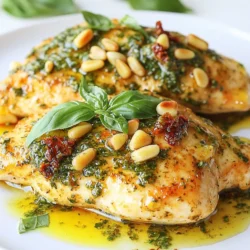 - 4 boneless, skinless chicken breasts - 1 cup sun-dried tomatoes in oil, drained and chopped - 1 cup fresh basil leaves, packed - ½ cup grated Parmesan cheese - ¼ cup pine nuts, toasted - 2 cloves garlic, minced - ½ cup olive oil - Salt and pepper to taste - 1 teaspoon lemon zest - Fresh basil leaves for garnish For this dish, I use four boneless, skinless chicken breasts. They cook quickly and stay juicy. The sun-dried tomatoes add a rich flavor. Next, I prepare the pesto. I pack a cup of fresh basil leaves into the food processor. Basil gives the pesto that fresh taste. I also add half a cup of grated Parmesan cheese. This cheese adds creaminess and depth. Then, I toss in a quarter cup of toasted pine nuts. They add a nice crunch. Two cloves of minced garlic bring a lovely aroma. I finish the pesto with half a cup of olive oil. This oil makes the pesto smooth and shiny. For seasoning, I use salt and pepper to taste. A teaspoon of lemon zest brightens the dish. Fresh basil leaves work well as a garnish. They make the plate look beautiful and fresh. {{ingredient_image_1}} To make the pesto, gather your ingredients. You need sun-dried tomatoes, fresh basil, Parmesan cheese, toasted pine nuts, and minced garlic. Place them all in a food processor. Pulse the mixture until it is finely chopped. This step builds great flavor. Now, it’s time to make the pesto creamy. With the food processor running, slowly drizzle in the olive oil. Blend until the mixture is smooth. Season it with salt, pepper, and lemon zest. This adds brightness to the flavor. Next, let’s cook the chicken. Season the chicken breasts with salt and pepper on both sides. Heat a large skillet over medium heat and add a tablespoon of olive oil. Place the chicken in the skillet and cook for about 6-7 minutes on each side. You want the chicken golden brown and cooked through, reaching an internal temperature of 165°F. Once the chicken is cooked, reduce the heat to low. Spread a generous layer of the sun-dried tomato pesto over each chicken breast. Let it warm for about 2-3 minutes. This step helps infuse the flavors into the chicken. Now for the best part—plating! Remove the chicken from the skillet and place it on a plate. Drizzle any leftover pesto from the skillet over the chicken. For a lovely touch, garnish with fresh basil leaves. This makes the dish look and taste even better! To ensure your chicken is cooked through, always check the internal temperature. It should reach 165°F. Use a meat thermometer for best results. Cooking the chicken in a hot skillet gives it a nice sear. This makes it golden and flavorful. For juicy chicken, let it rest after cooking. This allows the juices to settle. You can also brine the chicken before cooking. A simple saltwater soak for 30 minutes works wonders. This adds moisture and flavor. Adjusting the consistency of your pesto is easy. If it's too thick, add more olive oil. Blend slowly until smooth. If you want a chunkier pesto, pulse less. Using fresh herbs like basil gives the best flavor. Dried herbs can work, but they lack the same punch. If you use dried herbs, cut the amount in half. This avoids overwhelming the dish. For eloquent plating ideas, use a large white plate. Place the chicken in the center. Drizzle some leftover pesto around the chicken for color. Add a few fresh basil leaves on top for a pop. When choosing side dishes, consider light options. Roasted vegetables or a fresh salad pair well. They balance the rich flavors of the chicken. You can also serve it with pasta for a hearty meal. Pro Tips Use Fresh Ingredients: Opt for fresh basil and high-quality sun-dried tomatoes for the best flavor in your pesto. Toast Pine Nuts: Toasting the pine nuts enhances their nuttiness and adds depth to the pesto's flavor. Marinate Chicken: For extra flavor, marinate the chicken breasts in olive oil, lemon juice, and garlic for a few hours before cooking. Serve with Sides: Pair the pesto chicken with a side of roasted vegetables or a fresh salad to complete the meal. {{image_2}} You can change the protein in this recipe. Turkey works well in place of chicken. Turkey breasts are lean and cook similarly. Fish is another great choice. Salmon or tilapia will soak up the pesto's flavor. For a vegetarian option, try using firm tofu. Slice the tofu and cook it like chicken. It will absorb the taste of the pesto. For extra flavor, add spices or herbs. Red pepper flakes can give a nice kick. Try fresh oregano or thyme for a new taste. You can also add vegetables to the dish. Sauté some spinach or bell peppers in the skillet. They add color and nutrition to your meal. This dish pairs well with many side dishes. Serve it with a fresh salad or garlic bread. Roasted vegetables also complement the chicken nicely. If you have leftovers, get creative! Chop the chicken and mix it into pasta. You can even add it to a sandwich for lunch. To store your sun-dried tomato pesto chicken, place it in an airtight container. This keeps the chicken juicy and fresh. You can refrigerate it for up to three days. If you notice any odd smells or colors, it’s best to throw it away. If you want to freeze the chicken, make sure it is fully cooled first. Wrap each piece in plastic wrap, then place them in a freezer bag. This helps prevent freezer burn. You can freeze the chicken for up to three months. For best flavor, store the pesto separately in a jar, also in the freezer. It will last for about six months. When you’re ready to eat, reheat the chicken gently. The best way is to use the oven. Preheat it to 350°F (175°C) and place the chicken in a baking dish. Cover it with foil to keep it moist. Heat for about 15-20 minutes. You can also use the microwave, but be careful not to overheat. This helps keep the flavor and texture just right. You can use roasted red peppers instead of sun-dried tomatoes. They offer a sweet, tangy flavor. Another option is to use fresh tomatoes. Just roast them first to concentrate their taste. If you want a bolder flavor, try using olives. They can add a nice salty kick to your dish. Yes, you can make the pesto ahead of time. Just store it in an airtight container. Add a thin layer of olive oil on top to keep it fresh. It will stay good in the fridge for about a week. For longer storage, consider freezing it. Use ice cube trays to freeze small portions for easy use later. Absolutely! Sun-dried tomato pesto chicken is perfect for meal prep. You can cook a batch and portion it out for the week. Store the chicken and pesto separately to keep everything fresh. This meal reheats well and tastes great even after a few days in the fridge. This recipe highlights how to make a delicious pesto chicken dish. You learn to prepare the chicken and homemade pesto while enjoying key tips on storage and serving. Whether you go for chicken, turkey, or a vegetarian option, the flavors of fresh basil and sun-dried tomatoes will impress. Remember, presentation matters! With these steps, you can create a meal that's not just tasty but will impress your family and friends too. Enjoy your cooking journey and have fun experimenting!