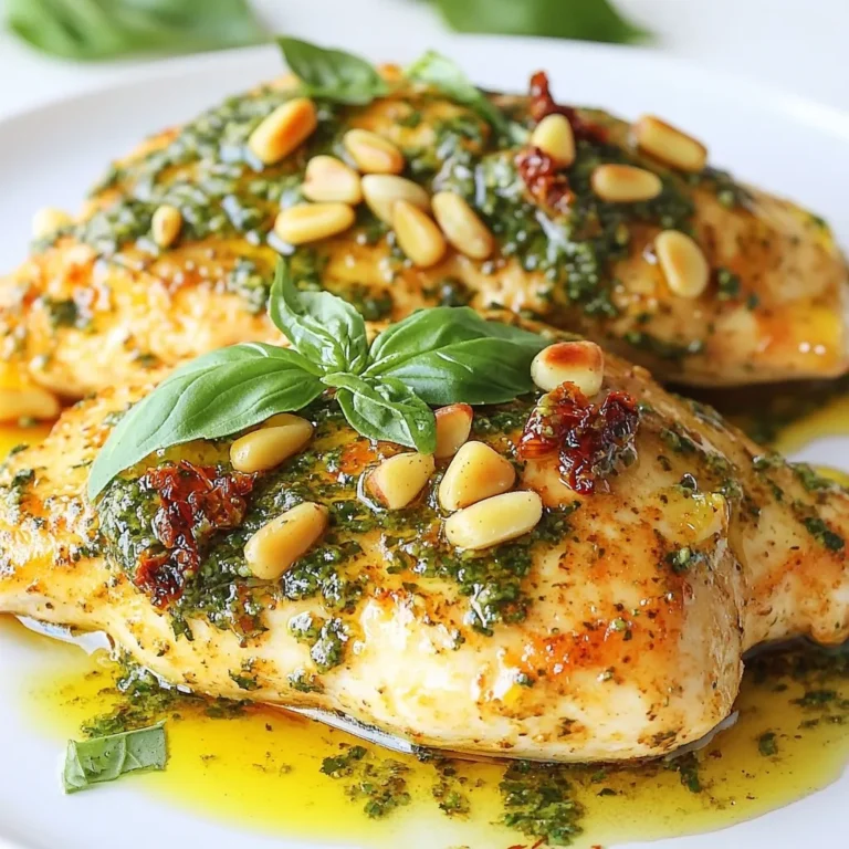 - 4 boneless, skinless chicken breasts - 1 cup sun-dried tomatoes in oil, drained and chopped - 1 cup fresh basil leaves, packed - ½ cup grated Parmesan cheese - ¼ cup pine nuts, toasted - 2 cloves garlic, minced - ½ cup olive oil - Salt and pepper to taste - 1 teaspoon lemon zest - Fresh basil leaves for garnish For this dish, I use four boneless, skinless chicken breasts. They cook quickly and stay juicy. The sun-dried tomatoes add a rich flavor. Next, I prepare the pesto. I pack a cup of fresh basil leaves into the food processor. Basil gives the pesto that fresh taste. I also add half a cup of grated Parmesan cheese. This cheese adds creaminess and depth. Then, I toss in a quarter cup of toasted pine nuts. They add a nice crunch. Two cloves of minced garlic bring a lovely aroma. I finish the pesto with half a cup of olive oil. This oil makes the pesto smooth and shiny. For seasoning, I use salt and pepper to taste. A teaspoon of lemon zest brightens the dish. Fresh basil leaves work well as a garnish. They make the plate look beautiful and fresh. {{ingredient_image_1}} To make the pesto, gather your ingredients. You need sun-dried tomatoes, fresh basil, Parmesan cheese, toasted pine nuts, and minced garlic. Place them all in a food processor. Pulse the mixture until it is finely chopped. This step builds great flavor. Now, it’s time to make the pesto creamy. With the food processor running, slowly drizzle in the olive oil. Blend until the mixture is smooth. Season it with salt, pepper, and lemon zest. This adds brightness to the flavor. Next, let’s cook the chicken. Season the chicken breasts with salt and pepper on both sides. Heat a large skillet over medium heat and add a tablespoon of olive oil. Place the chicken in the skillet and cook for about 6-7 minutes on each side. You want the chicken golden brown and cooked through, reaching an internal temperature of 165°F. Once the chicken is cooked, reduce the heat to low. Spread a generous layer of the sun-dried tomato pesto over each chicken breast. Let it warm for about 2-3 minutes. This step helps infuse the flavors into the chicken. Now for the best part—plating! Remove the chicken from the skillet and place it on a plate. Drizzle any leftover pesto from the skillet over the chicken. For a lovely touch, garnish with fresh basil leaves. This makes the dish look and taste even better! To ensure your chicken is cooked through, always check the internal temperature. It should reach 165°F. Use a meat thermometer for best results. Cooking the chicken in a hot skillet gives it a nice sear. This makes it golden and flavorful. For juicy chicken, let it rest after cooking. This allows the juices to settle. You can also brine the chicken before cooking. A simple saltwater soak for 30 minutes works wonders. This adds moisture and flavor. Adjusting the consistency of your pesto is easy. If it's too thick, add more olive oil. Blend slowly until smooth. If you want a chunkier pesto, pulse less. Using fresh herbs like basil gives the best flavor. Dried herbs can work, but they lack the same punch. If you use dried herbs, cut the amount in half. This avoids overwhelming the dish. For eloquent plating ideas, use a large white plate. Place the chicken in the center. Drizzle some leftover pesto around the chicken for color. Add a few fresh basil leaves on top for a pop. When choosing side dishes, consider light options. Roasted vegetables or a fresh salad pair well. They balance the rich flavors of the chicken. You can also serve it with pasta for a hearty meal. Pro Tips Use Fresh Ingredients: Opt for fresh basil and high-quality sun-dried tomatoes for the best flavor in your pesto. Toast Pine Nuts: Toasting the pine nuts enhances their nuttiness and adds depth to the pesto's flavor. Marinate Chicken: For extra flavor, marinate the chicken breasts in olive oil, lemon juice, and garlic for a few hours before cooking. Serve with Sides: Pair the pesto chicken with a side of roasted vegetables or a fresh salad to complete the meal. {{image_2}} You can change the protein in this recipe. Turkey works well in place of chicken. Turkey breasts are lean and cook similarly. Fish is another great choice. Salmon or tilapia will soak up the pesto's flavor. For a vegetarian option, try using firm tofu. Slice the tofu and cook it like chicken. It will absorb the taste of the pesto. For extra flavor, add spices or herbs. Red pepper flakes can give a nice kick. Try fresh oregano or thyme for a new taste. You can also add vegetables to the dish. Sauté some spinach or bell peppers in the skillet. They add color and nutrition to your meal. This dish pairs well with many side dishes. Serve it with a fresh salad or garlic bread. Roasted vegetables also complement the chicken nicely. If you have leftovers, get creative! Chop the chicken and mix it into pasta. You can even add it to a sandwich for lunch. To store your sun-dried tomato pesto chicken, place it in an airtight container. This keeps the chicken juicy and fresh. You can refrigerate it for up to three days. If you notice any odd smells or colors, it’s best to throw it away. If you want to freeze the chicken, make sure it is fully cooled first. Wrap each piece in plastic wrap, then place them in a freezer bag. This helps prevent freezer burn. You can freeze the chicken for up to three months. For best flavor, store the pesto separately in a jar, also in the freezer. It will last for about six months. When you’re ready to eat, reheat the chicken gently. The best way is to use the oven. Preheat it to 350°F (175°C) and place the chicken in a baking dish. Cover it with foil to keep it moist. Heat for about 15-20 minutes. You can also use the microwave, but be careful not to overheat. This helps keep the flavor and texture just right. You can use roasted red peppers instead of sun-dried tomatoes. They offer a sweet, tangy flavor. Another option is to use fresh tomatoes. Just roast them first to concentrate their taste. If you want a bolder flavor, try using olives. They can add a nice salty kick to your dish. Yes, you can make the pesto ahead of time. Just store it in an airtight container. Add a thin layer of olive oil on top to keep it fresh. It will stay good in the fridge for about a week. For longer storage, consider freezing it. Use ice cube trays to freeze small portions for easy use later. Absolutely! Sun-dried tomato pesto chicken is perfect for meal prep. You can cook a batch and portion it out for the week. Store the chicken and pesto separately to keep everything fresh. This meal reheats well and tastes great even after a few days in the fridge. This recipe highlights how to make a delicious pesto chicken dish. You learn to prepare the chicken and homemade pesto while enjoying key tips on storage and serving. Whether you go for chicken, turkey, or a vegetarian option, the flavors of fresh basil and sun-dried tomatoes will impress. Remember, presentation matters! With these steps, you can create a meal that's not just tasty but will impress your family and friends too. Enjoy your cooking journey and have fun experimenting!