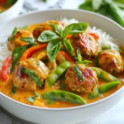- 1 lb ground chicken or turkey - 2 tablespoons red curry paste - 1 can (13.5 oz) coconut milk The main ingredients set the stage for flavor. Ground chicken or turkey works well. Both meats soak up the red curry paste nicely. The coconut milk adds creaminess and richness to the dish. - 1/4 cup cilantro, finely chopped - 1/4 cup green onion, finely chopped - 1 tablespoon ginger, grated - 1 tablespoon garlic, minced Fresh ingredients bring life to the meatballs. Cilantro and green onion add bright notes. Ginger gives warmth and depth, while garlic enhances flavor. Together, they make each bite more exciting. - 1/2 cup breadcrumbs - 1 tablespoon fish sauce - 1 tablespoon lime juice Pantry staples round out the recipe. Breadcrumbs help bind the meatballs. Fish sauce adds umami, and lime juice gives a zesty kick. These ingredients balance the dish and elevate the taste. {{ingredient_image_1}} Start by mixing the ground chicken or turkey with your herbs and spices. You will need: - 1 lb ground chicken or turkey - 1/2 cup breadcrumbs - 1/4 cup cilantro, finely chopped - 1/4 cup green onion, finely chopped - 1 tablespoon ginger, grated - 1 tablespoon garlic, minced - 2 tablespoons red curry paste - 1 tablespoon fish sauce - 1 tablespoon lime juice - Salt and pepper to taste Combine these ingredients in a large bowl. Mixing them well is key. It helps all the flavors blend together nicely. Make sure you use your hands or a sturdy spoon to mix until everything is evenly combined. Next, shape the meat mixture into small meatballs. Aim for about 1 inch in diameter. This size cooks evenly and fits well in your dish. For easy handling, wet your hands with water. This step stops the meat from sticking to your fingers. Place each meatball on a tray as you form them. Keep them close together but not touching. Now it's time to cook the meatballs. Heat 1 tablespoon of olive oil in a large skillet over medium heat. Add the meatballs and cook for about 5-7 minutes. Turn them occasionally to get a nice brown on all sides. Once browned, pour in 1 can of coconut milk. Add sliced bell pepper and snap peas for extra flavor and crunch. Stir gently to mix everything. Bring the mixture to a simmer. Cook for another 10-15 minutes, until the meatballs are fully cooked and the veggies are tender. Don't forget to taste your dish. Adjust seasoning if needed by adding more curry paste or lime juice. This adds depth to the flavors. Enjoy the vibrant colors and aromas that fill your kitchen! Cooking time is key for meatballs. When you cook them, aim for about 5-7 minutes on medium heat. This gives them a nice brown crust. After that, add the coconut milk and veggies. Let it simmer for 10-15 minutes. This helps the meatballs cook through completely. To test for doneness, use a meat thermometer. The center should reach 165°F. If you don’t have one, cut a meatball in half. It should be firm and no pink inside. You can adjust the seasoning to match your taste. If you want more heat, add extra red curry paste. A little more lime juice can brighten the dish. Don’t be afraid to taste as you go. For extra flavor, consider adding spices like cumin or coriander. A pinch of sugar can balance the heat, too. Garnishing makes a dish look inviting. Use fresh basil leaves to top your meatballs. Cilantro also adds a nice touch. For a complete meal, serve the meatballs over jasmine rice or noodles. Add a side of steamed veggies for color and crunch. This way, you create a plate that is both tasty and beautiful. Pro Tips Use Fresh Ingredients: Fresh herbs and spices will enhance the flavor profile of your meatballs and the curry sauce, making the dish more vibrant and aromatic. Adjust Spice Level: If you prefer a milder dish, reduce the amount of red curry paste. You can always add more as you taste during cooking. Perfect Meatball Texture: Ensure not to overmix the meatball mixture; this helps keep them tender. A light hand will yield a better texture. Serve with Rice: Pair these meatballs with jasmine rice or cauliflower rice to soak up the delicious coconut curry sauce for a complete meal. {{image_2}} You can switch the ground chicken or turkey for pork or beef. Both meats add a rich flavor. They also create a different texture in your meatballs. If you want a vegetarian option, try using lentils or chickpeas. These options are healthy and tasty. Just mash them up and mix with the same spices. Feel free to add more vegetables to your dish. Carrots, zucchini, and broccoli work well. You can also use seasonal veggies like asparagus in spring or squash in fall. Adding vegetables boosts nutrition and flavor. It makes the dish colorful and fun. If you love spice, increase the red curry paste. Start with a little extra and taste as you go. You can also add fresh chili peppers or a splash of hot sauce. This will heat things up and give a bold kick. Adjust to your heat level for the perfect bite. To keep your Thai red curry meatballs fresh, place them in an airtight container. Store them in the fridge. They will stay good for up to three days. Make sure they cool down before sealing the container. This helps avoid moisture build-up. You can freeze meatballs before or after cooking. For best results, freeze them raw. Place them on a baking sheet to freeze individually first. Once frozen, transfer them to a freezer bag. They can last up to three months in the freezer. To reheat, cook them straight from frozen. Add them to a simmering sauce for about 20 minutes. This helps them stay juicy. Making a large batch of meatballs is smart for meal prep. You can enjoy them throughout the week. Use them in rice bowls, salads, or wraps. They also work well in pasta dishes. With a bit of creativity, you can use these meatballs in many meals. It makes dinner planning easy and fun! You can serve Thai Red Curry Meatballs with many side dishes. Here are some great choices: - Steamed jasmine rice - Coconut rice - Rice noodles - Stir-fried vegetables Each option pairs well with the rich sauce. Jasmine rice soaks up the curry flavor. Coconut rice adds a sweet touch. Rice noodles give a nice texture that complements the meatballs. Yes, you can make these meatballs ahead of time. Here’s how: - Prepare the meatballs and store them raw in the fridge for up to 24 hours. - You can also cook them and store in the fridge for 3 days. To freeze, place uncooked meatballs in a single layer on a tray. Once frozen, transfer them to a bag. They can last up to 3 months in the freezer. Just cook them straight from the freezer, adding a few extra minutes to the cooking time. Yes, this recipe can be gluten-free. Here are some tips: - Use gluten-free breadcrumbs instead of regular ones. - Check your fish sauce for gluten-free options. These small swaps keep the flavor while making the dish safe for everyone. Enjoy your meal without worry! This blog post covered how to make Thai red curry meatballs. You learned about key ingredients, including ground chicken, coconut milk, and fresh herbs. The steps for preparing, shaping, and cooking the meatballs were clear. Remember the tips for perfect cooking and flavor adjustments. With simple variations, you can adapt this recipe to suit your taste. Whether you freeze them for later or serve them fresh, these meatballs will impress. Enjoy your cooking, and have fun experimenting with this delicious recipe!