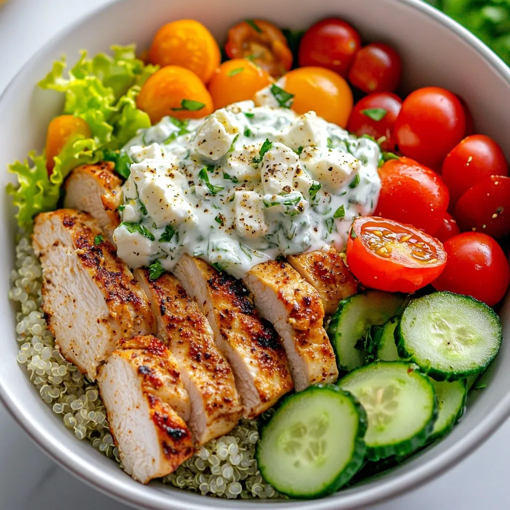 - 2 boneless, skinless chicken breasts - 2 tablespoons olive oil - 2 teaspoons dried oregano - 1 teaspoon garlic powder - 1 teaspoon paprika - Salt and pepper to taste - 1 cup cooked quinoa or brown rice - 1 cup cherry tomatoes, halved - 1 cucumber, diced - 1 cup romaine lettuce, shredded - 1/2 red onion, thinly sliced - Feta cheese, crumbled (optional) - Fresh parsley, chopped (for garnish) - 1 cup Greek yogurt - 1/2 cucumber, grated and drained of excess water - 1 clove garlic, minced - 1 tablespoon lemon juice - Salt to taste - Fresh dill, chopped (optional) When I make Chicken Gyro Bowls, I start with fresh, quality ingredients. The chicken is the star. I choose boneless, skinless breasts for their lean texture and flavor. Marinating it with olive oil, oregano, garlic powder, paprika, salt, and pepper adds depth. Letting it soak for at least 30 minutes makes a big difference. Next, I prepare the bowl components. Quinoa or brown rice serves as the base. Both options are nutritious and filling. I love adding cherry tomatoes, diced cucumber, shredded romaine, and thinly sliced red onion for crunch and color. Finally, the tzatziki sauce brings it all together. I mix Greek yogurt, grated cucumber, minced garlic, lemon juice, and salt. Fresh dill adds a nice touch, but it’s optional. This creamy sauce is cool and refreshing. Each ingredient plays a role in creating a balanced and tasty meal. Together, they make Chicken Gyro Bowls a hit at my table. {{ingredient_image_1}} - In a bowl, mix olive oil, oregano, garlic powder, paprika, salt, and pepper. - Add the chicken breasts to the bowl and coat them well with the marinade. - Cover the bowl and place it in the fridge for at least 30 minutes. For more flavor, marinate for up to 2 hours. Marinating makes the chicken juicy and tasty. The longer you marinate, the better the flavor. - Preheat your grill or skillet to medium-high heat. - Cook the marinated chicken for about 5-7 minutes on each side. - Check the internal temperature. It should reach 165°F (75°C) to be safe to eat. Let the chicken rest for a few minutes before slicing it. This keeps it moist. - In a bowl, combine Greek yogurt, grated cucumber, minced garlic, lemon juice, and salt. - Stir the mixture until it is well combined. - If you like, add some chopped dill for extra flavor. - Place the tzatziki in the fridge until you are ready to serve. Tzatziki adds a cool taste that pairs well with warm chicken. - Start with a base of quinoa or brown rice in each bowl. - Add sliced chicken on top of the grains. - Layer in cherry tomatoes, diced cucumber, shredded lettuce, and red onion. This colorful mix makes your bowl look inviting and tasty. - Drizzle tzatziki sauce over the top of each bowl. - Garnish with crumbled feta cheese and chopped parsley if desired. - Serve the bowls right away for the best flavor and freshness. Eating the bowls fresh ensures you enjoy all the flavors at their peak! Marinating chicken makes a big difference in flavor. I suggest marinating the chicken for at least 30 minutes. For even deeper flavor, let it sit in the fridge for up to 2 hours. This allows the spices to soak in well. You will taste the difference! When it comes to cooking, you have two great options: grill or skillet. Grilling gives your chicken a smoky flavor that many love. It also creates nice grill marks. Skillets are great for quick cooking and can keep your chicken juicy. Both methods work well, but grilling is my favorite for this dish. These chicken gyro bowls shine with great sides. Try pairing them with pita bread or a fresh Greek salad. A chilled glass of lemonade or iced tea complements the meal perfectly. You can also add a sprinkle of olives or feta to enhance the flavors. Enjoy mixing and matching! Pro Tips Marination Time: For the best flavor, allow the chicken to marinate for at least 2 hours. The longer it sits, the more the flavors will penetrate the meat. Cook to Perfection: Use a meat thermometer to ensure the chicken reaches an internal temperature of 165°F (75°C) for safe and juicy results. Customize the Tzatziki: Feel free to add more garlic or lemon juice to the tzatziki sauce for a stronger flavor, or mix in other herbs like mint for a unique twist. Fresh Ingredients: Use fresh, high-quality vegetables for the best texture and flavor in your bowls. Seasonal produce can elevate the dish significantly. {{image_2}} You can easily change the protein in your Chicken Gyro Bowl. If you want beef, use strips of beef steak. For lamb lovers, marinated lamb works well too. Tofu is another great choice for a lighter meal. It absorbs flavors well. Simply marinate it like the chicken for the best taste. If you prefer a vegetarian bowl, consider chickpeas or lentils. Both options are hearty and filling. Cooked chickpeas add a nice texture. Lentils bring a rich flavor to the dish. They are also packed with protein. Just season them to fit the gyro theme, and you’re all set. Adding extra toppings can enhance your gyro bowl. Consider using olives for a salty kick. Bell peppers add a sweet crunch. You can also try pickled red onions for a tangy twist. These toppings add color and flavor to your dish. Feel free to mix and match to find your favorite combination. To store leftover Chicken Gyro Bowls, place them in an airtight container. Make sure to separate the toppings, like tomatoes and tzatziki, from the base. This keeps everything fresh. If stored correctly, they last in the fridge for up to three days. Just remember to cool them down before sealing. Can you freeze Chicken Gyro Bowls? Yes, you can! However, I recommend freezing the chicken and base separately from fresh toppings. Use freezer-safe bags or containers. They can stay frozen for up to three months. When ready to eat, thaw in the fridge overnight for best results. For reheating, use a microwave or oven. If using a microwave, cover the bowl to avoid drying out the food. Heat in short bursts, stirring in between. For the oven, preheat to 350°F (175°C) and place the bowl inside for about 15-20 minutes. Add fresh tzatziki just before serving for the best taste. You can use dairy-free yogurt made from coconut or almond milk. Silken tofu blended smooth also works well. You can even use sour cream if you want a creamier taste. These options keep your tzatziki tasty and fresh. Yes, you can make tzatziki ahead of time! Prepare it a day before. Just store it in a sealed container in the fridge. This allows flavors to blend nicely. Stir before serving to give it a fresh look. To check if chicken is done, use a meat thermometer. Insert it into the thickest part of the chicken. It should read 165°F (75°C). If you don’t have a thermometer, cut into the chicken. The meat should be white and juices should run clear. You can pair these bowls with pita bread for a nice touch. A simple side salad also works well. Roasted vegetables add flavor and color. Or, serve with hummus and olives for a full Mediterranean experience. In this post, we explored how to create delicious Chicken Gyro Bowls. We covered the key ingredients, from marinating the chicken to making a fresh tzatziki sauce. You learned how to assemble the bowls and serve them for the best taste. Remember, you can mix and match proteins and toppings to suit your taste. With these tips, you’ll make a meal that’s both tasty and satisfying. Enjoy your cooking adventure and impress those you share it with!